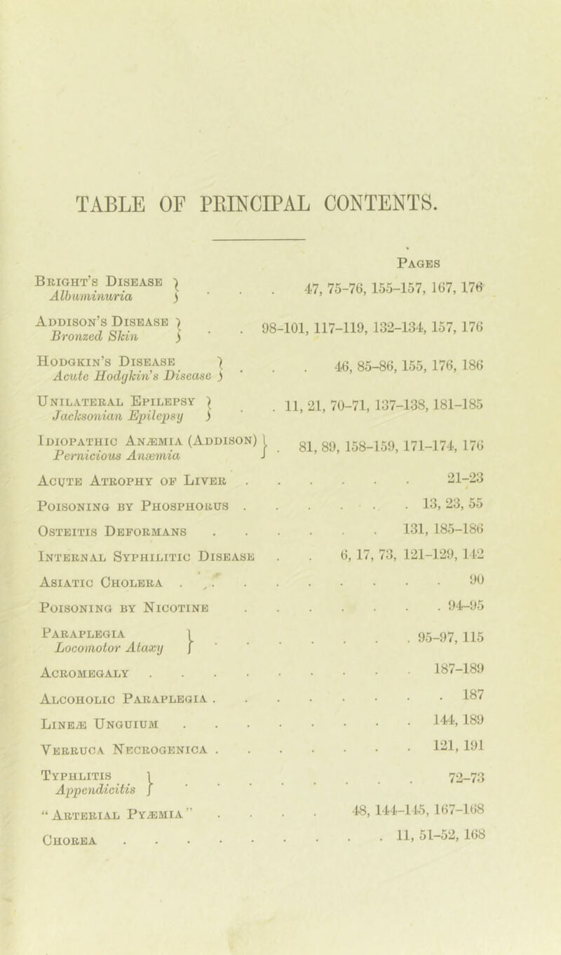 TABLE OF PRINCIPAL CONTENTS B eight’s Disease Albuminuria ) Addison’s Disease ^ Bronzed Skin ) Hodgkin’s Disease Acute Hodgkin's Disease ) Unilateeal Epilepsy ^ Jacksonian Epilepsy ) Idiopathic Anaemia (Addison) Pernicious Anaemia Acute Ateophy op Livee Poisoning by Phosphoeus . Osteitis Defoemans Intbenal Syphilitic Disease Asiatic Oholeea . Poisoning by Nicotine Paeaplegia 1 Locomotor Ataxy j Aceombgaly .... Alcoholic Paeaplegia . LiNEiE Unguium Veeeuca Neceogenica . Typhlitis l Appendicitis j ' “Aeteeial Pyaemia” Choeea Pages 4.7, 75-76, 155-157, 167, 176 98-101, 117-119, 132-134, 157, 176 46, 85-86,155, 176, 186 . 11, 21, 70-71, 137-138,181-185 81, 89, 158-159, 171-174, 176 21-23 t . . . 13,23,55 131, 185-186 6, 17, 73, 121-129,142 90 94-95 . 95-97, 115 187-189 187 . 144, 189 . 121, 191 72-73 48, 144-14.5, 167-168 . 11, 51-52, 168