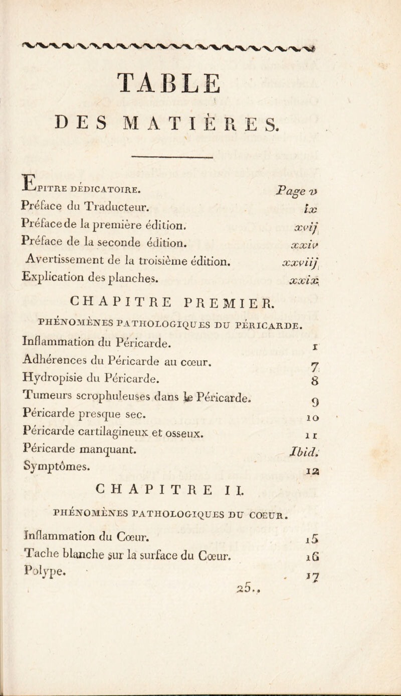TABLE \ DES MATIÈRES. Epitre dedicatoire. Page Préface du Traducteur. ix Préface de la première édition. xvij Préface de la seconde édition. xxiv Avertissement de la troisième édition. xxviij Explication des planches. ✓y* /y* j sy% lAs \As is i-i* CHAPITRE PREMIER. PHÉNOMÈNES PATHOLOGIQUES DU PERICARDE. Inflammation du Péricarde. I Adhérences du Péricarde au cœur. 7 Hydropisie du Péricarde. 8 Tumeurs scrophuleuses dans Je Péricarde. 9 Péricarde presque sec. lO Péricarde cartilagineux et osseux. î r Péricarde manquant. Ibid. Symptômes. i a CHAPITRE II. PHÉNOMÈNES PATHOLOGIQUES DU COEUR. Inflammation du Cœur. i5 Tache blanche sur la surface du Cœur. iG