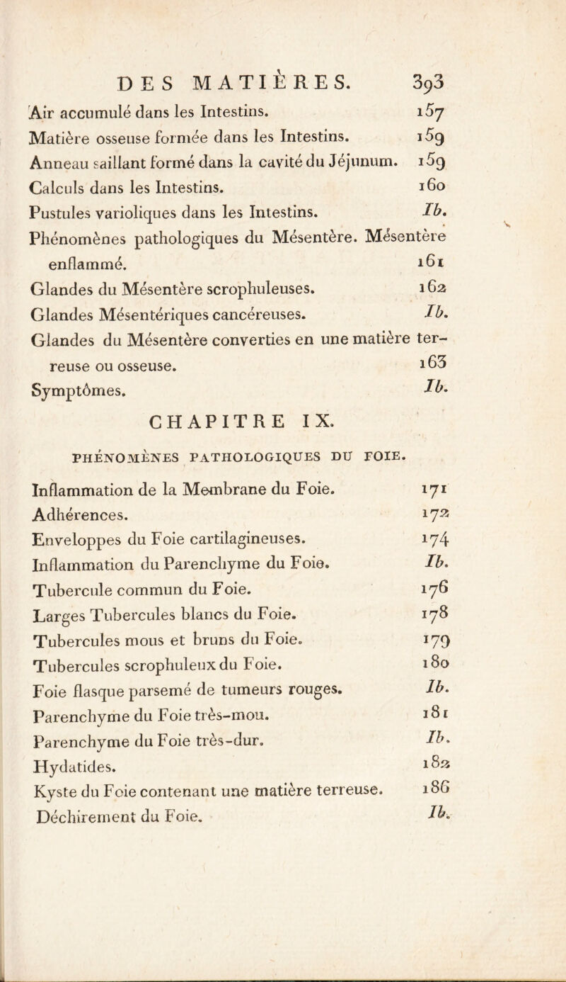 Air accumulé dans les Intestins. 15j Matière osseuse formée dans les Intestins. i5g Anneau saillant formé dans la cavité du Jejunum. iÔq Calculs dans les Intestins. 160 Pustules varioliques dans les Intestins. Ib. Phénomènes pathologiques du Mésentère. Mésentère enflammé. Glandes du Mésentère scrophuleuses. 162 Glandes Mésentériques cancéreuses. Ib. Glandes du Mésentère converties en une matière ter- reuse ou osseuse. *63 Symptômes. Ib. CHAPITRE IX. PHÉNOMÈNES PATHOLOGIQUES DU FOIE. Inflammation de la Membrane du Foie. 171 Adhérences. 172i Enveloppes du Foie cartilagineuses. 17/j. Inflammation du Parenchyme du Foie. Ib. Tubercule commun du Foie. 176 Larges Tubercules blancs du Foie. 178 Tubercules mous et bruns du Foie. 179 Tubercules scrophuleux du Foie. 180 Foie flasque parsemé de tumeurs rouges. Ib. Parenchyme du Foie très-mou. 181 Parenchyme du Foie très-dur. Ib. Hydatides. 1^ai Kyste du Foie contenant une matière terreuse. îSG Déchirement du Foie. Ib.