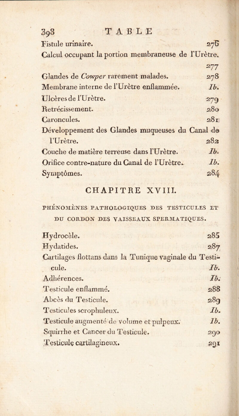 Fistule urinaire. 27B Calcul occupant la portion membraneuse de l'Urètre. 277 Glandes de Cowper rarement malades. 278 Membrane interne de l’Urètre enflammée. Ib. Ulcères de l’U rètre. 279 Rétrécissement. 280 Caroncules. 2811 Développement des Glandes muqueuses du Canal d© l’Urètre. 283 Couche de matière terreuse dans l’Urètre. Ib. Orifice contre-nature du Canal de l’Urètre.. lb. Symptômes. 284 CHAPITRE XVIII. PHÉNOMÈNES PATHOLOGIQUES DES TESTICULES ET DU CORDON DES VAISSEAUX SPERMATIQUES. Hydrocèle. 285 Hydatides. 287 Cartilages flottans dans la Tunique vaginale du Testi- cule. Ib, Adhérences. Ib: Testicule enflammé. 288 Abcès du Testicule. 289 Testicules scrophuleux. Ib, Testicule augmenté de volume et pulpeux. Ib. Squirrhe et Cancer du Testicule. 290 Testicule cartilagineux* 291