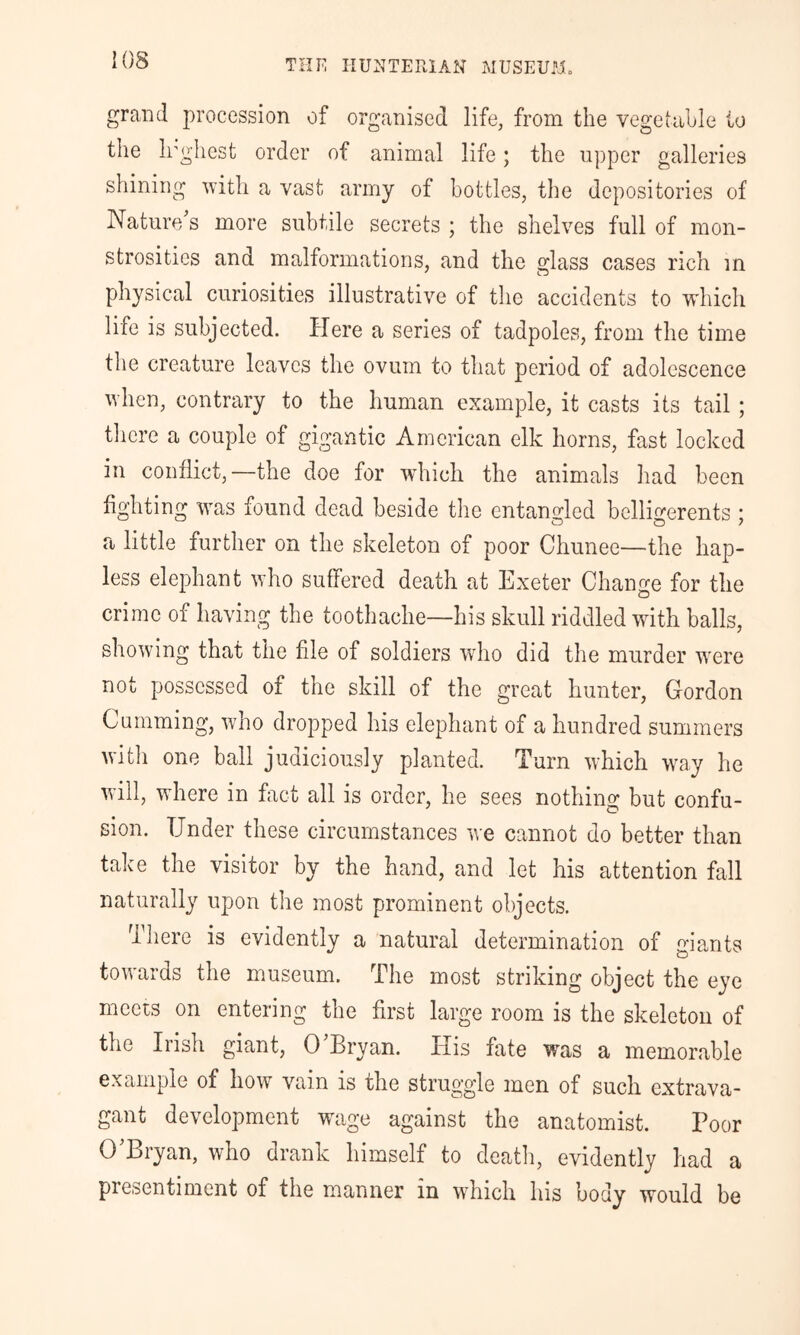 grand procession of organised life, from the vegetahle to st order of animal life; the upper galleries shining ■with a vast army of bottles, the depositories of Nature s more subtile secrets ; the shelves full of mon- strosities and malformations, and the glass cases rich in physical curiosities illustrative of the accidents to which life is subjected. Here a series of tadpoles, from the time the creature leaves the ovum to that period of adolescence when, contrary to the human example, it casts its tail ; tliere a couple of gigantic American elk horns, fast locked in conflict,—the doe for wdrich the animals had been fighting was found dead beside the entangled belligerents ; a little further on the skeleton of poor Chunee—the hap- less elephant who suffered death at Exeter Change for the crime of having the toothache—his skull riddled with balls, showing that the file of soldiers who did the murder were not possessed oi the skill of the great hunter, Gordon Camming, who dropped his elephant of a hundred summers witli one ball judiciously planted. Turn which way he will, where in fret all is order, he sees nothing but confu- sion. Under these circumstances we cannot do better than take the visitor by the hand, and let his attention fall naturally upon the most prominent objects. There is evidently a natural determination of giants towards the museum. The most striking object the eye meets on entering the first large room is the skeleton of the Irish giant, 0 Bryan. His fate was a memorable example of how vain is the struggle men of such extrava- gant development wage against the anatomist. Poor O'Bryan, who drank himself to death, evidently had a presentiment of the manner in which his body would be