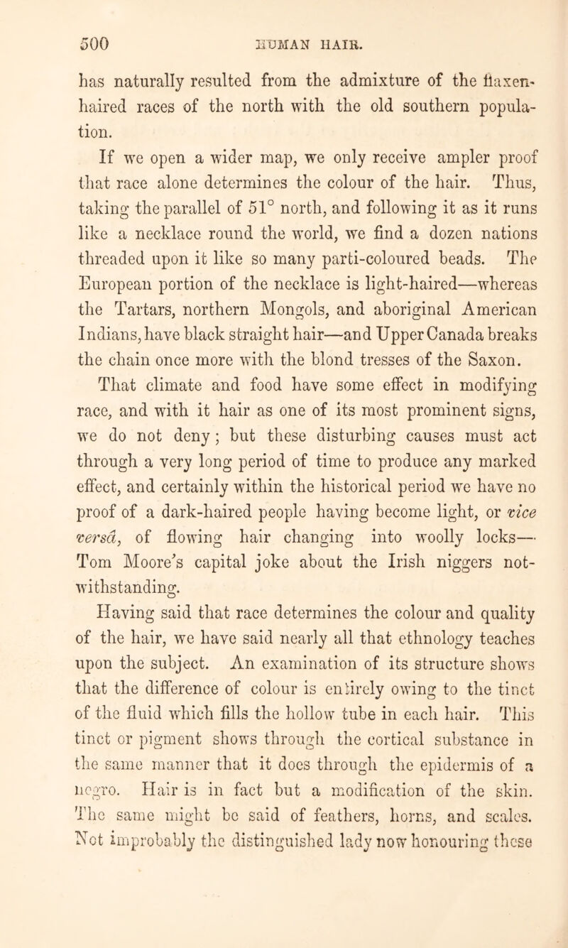 has naturally resulted from the admixture of the llaxeU' haired races of the north with the old southern popula- tion. If we open a wider map, we only receive ampler proof that race alone determines the colour of the hair. Thus, taking the parallel of 51° north, and following it as it runs like a necklace round the world, we find a dozen nations threaded upon it like so many parti-coloured beads. The European portion of the necklace is light-haired—whereas the Tartars, northern Mongols, and aboriginal American Indians, have black straight hair—and Upper Canada breaks the chain once more with the blond tresses of the Saxon. That climate and food have some eifect in modifying race, and with it hair as one of its most prominent signs, we do not deny; but these disturbing causes must act through a very long period of time to produce any marked effect, and certainly within the historical period we have no proof of a dark-haired people having become light, or xice 'cersd, of flowing hair changing into woolly locks— Tom MooiVs capital joke about the Irish niggers not- withstanding. Having said that race determines the colour and quality of the hair, we have said nearly all that ethnology teaches upon the subject. An examination of its structure shows that the difference of colour is enlirely owing to the tinct of the fluid which fills the hollow tube in each hair. This tinct or pigment shows through the cortical substance in the same manner that it does through the epidermis of a negro. Hair is in fact but a modification of the skin. The same might be said of feathers, horns, and scales. Not Improbably the distinguished lady now honouring these