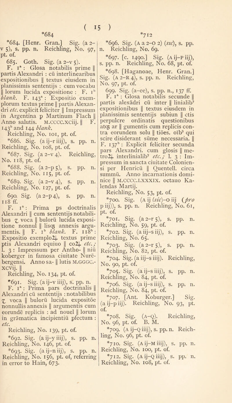 ( «5 ) *684 *684. [Henr. Gran.] Sig. (a 2- v 5), s. pp. n. Reichling, No. 97, pt. of. 685. Goth. Sig. (a 2-v 5). F. ia : Glosa notabilis prime || partis Alexandri : cu interlinearibus expositionibus || textus eiusdem in planissimis sententijs : cumvocabu || lorum lucida expositione : F. ib blank. F. I43a : Expositio exem- plorum textus prime || partis Alexan- dri etc. explicit feliciter || Impressum in Argentina p Martinum Flach j| Anno salutis. M.CCCC.XCiij. || F. I43b and 144 blank. Reichling, No. 101, pt. of. *686. Sig. (a ij-r iiij), s. pp. n. Reichling, No. 108, pt. of. *687. Sig. (a 2-v 4). Reichling, No. 118, pt. of. *688. Sig. (a 2-p 5), s. pp. n. Reichling, No. 115, pt. of. *689. Sig. (a 2-v 4), s. pp. n. Reichling, No. 127, pt. of. 690. Sig. (a 2-p 4), s. pp. n. 118 ff. F. ia: Prima ps doctrinalis Alexandri || cum sententijs notabili- bus voca || buloru lucida exposi- tione nonnul || liscp annexis argu- ments. j| F. ib blank. F. n8b: Expositio exemplo24- textus prime ptis Alexandri equiuo || co2[_ etc.; 1. 3 : Impressum per Antho- || niu koberger in famosa ciuitate Nure- bergensi. Anno sa- || lutis M.GGGC.- xcvij. || Reichling, No. 134, pt. of. *691. Sig. (aij-viiij), s. pp. n. F. ia: Prima pars doctrinalis || Alexandri cu sententijs : notabilibus voca || buloru lucida expositoe nonnullis annexis || arguments cum eorunde replicis : ad nouel || lorum in gramatica incipientiu pfectum : etc. Reichling, No. 139, pt. of. *692. Sig. (a ij-y iiij), s. pp. n. Reichling, No. 146, pt. of. *693. Sig. (aij-niij), s. pp. n. Reichling, No. 156, pt. of, referring in error to Hain, 673. *712 *696. Sig. (a a 2-0 2) (sic), s. pp. n. Reichling, No. 69. *697. [c. 1490.] Sig. (Aij-Piij), s. pp. n. Reichling, No. 68, pt. of. *698. [Haganoae, Henr. Gran.] Sig. (a 2—R 4), s. pp. n. Reichling, No. 97, pt. of. 699. Sig. (a-ee), s. pp. n., 137 ff. F. ia : Glosa notabilis secunde || partis alexadri cu inter || linialib9 expositionibus || textus eiusdem in planissimis sententijs subiun || ctis perpulcre ordinatis questionibus atq$ ar || gumentis cum replicis con- tra eorundem solu || tioes. olb9 qui scire disiderant sume necessaria. || F. 137b : Explicit feliciter secunda pars Alexandri. cum glosis || me- tro 2J. interlinialib9 etc.j 1. 3 : Im- pressum in sancta ciuitate Colonien- si per Henricu || Ouentell. circa summu. Anno incarnationis domi- nice || m.cccc.lxxxix. octauo Ka- lendas Martij. Reichling, No. 53, pt. of. *700. Sig. (a ij (sic)-o iij (pro p iij)), s. pp. n. Reichling, No. 61, pt. of. *701. Sig. (a2-r5), s. pp. n. Reichling, No. 59, pt. of. *702. Sig. (aiij-siij), s. pp. 11. Reichling, No. 65. *703. Sig. (a 2-r 5), s. pp. n. Reichling, No. 82, pt. of. *704. Sig. (a iij-s iiij). Reichling, No. 90, pt. of. *705. Sig. (aij-siiij), s. pp. n. Reichling, No. 84, pt. of. *706. Sig. (a ij-s iiij), s. pp. n. Reichling, No. 84, pt. of. *707. [Ant. Koburger.] Sig. (aij-piij). Reichling, No. 93, pt. of. *708. Sig. (a-q). Reichling, No. 96, pt. of. B. M. *709. (a ij-Q iiij), s. pp. n. Reich- ling, No. 96, pt. of. *710. Sig. (a ij—m iiij), s. pp. n. Reichling, No. 100, pt. of. *712. Sig. (A ij-Q iiij), s. pp. n. Reichling, No. 108, pt. of.