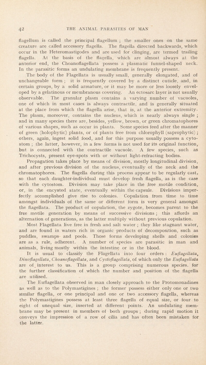 flagellum is called the principal flagellum ; the smaller ones on the same creature are called accessory flagella. The flagella directed backwards, which occur in the Heteromastigodes and are used for clinging, are termed trailing flagella. At the basis of the flagella, which are almost always at the anterior end, the Choanoflagellata possess a plasmatic funnel-shaped neck. In the parasitic forms an undulating membrane is frequently present. The body of the Flagellata is usually small, generally elongated, and of unchangeable form ; it is frequently covered by a distinct cuticle, and, in certain groups, by a solid armature, or it may be more or less loosely envel- oped by a gelatinous or membranous covering. An ectosarc layer is not usually observable. The granular plasm contains a varying number of vacuoles, one of which in most cases is always contractile, and is generally situated at the place from which the flagella arise, that is, at the anterior extremity- The plasm, moreover, contains the nucleus, wliich is nearly always single ; and in many species there are, besides, yellow, brown, or green chromatophores of various shapes, such as occur in plants. Some species feed after the manner of green (holophytic) plants, or of plants free from chlorophyll (saprophytic) ; others, again, ingest solid food, and for this purpose usually possess a cyto- stom ; the latter, however, in a few forms is not used for its original function, but is connected with the contractile vacuole. A few species, such as Trichocysts, present eye-spots with or without light-refracting bodies. Propagation takes place by means of division, mostly longitudinal division, and after previous division of the nucleus, eventually of the neck and the chromatophores. The flagella during this process appear to be regularly cast, so that each daughter-individual must develop fresh flagella, as is the case with the cytostom. Division may take place in the Iree motile condition, or, in the encysted state, eventually within the capsule. Divisions imper- fectly accomplished give rise to colonies. Copulation from time to time amongst individuals of the same or different form is very general amongst the flagellata. The product of copulation, the zygote, becomes parent to the free motile generation by means of successive divisions ; this affords an alternation of generations, as the latter multiply without previous copulation. Most Flagellata live free in fresh and salt water ; they like stagnant water, and are found in waters rich in organic products of decomposition, such as puddles, swamps- and pools. Those forms developing shells and colonies are as a rule, adherent. A number of species are parasitic in man and animals, living mostly within the intestine or in the blood. It is usual to classify the Flagellata into four orders : Eufiagellata, Dinoflagellata^ Choanoflagellata, and Cystoßagellata, of which only the Euflagellata are of interest to us. This is a group comprising numerous species, for the further classification of which the number and position of the flagella are u tilised. The Euflagellata observed in man closely approach to the Protomonadines as well as to the Polymastigines ; the former possess either only one or two similar flagella, or one principal and one or two accessory flagella, whereas the Polymastigines possess at least three flagella of equal size, or four to eight of unequal size, inserted at different points. An undulating mem- brane may be present in members of both groups ; during rapid motion it conveys the impression of a row of cilia and has often been mistaken for the latter.