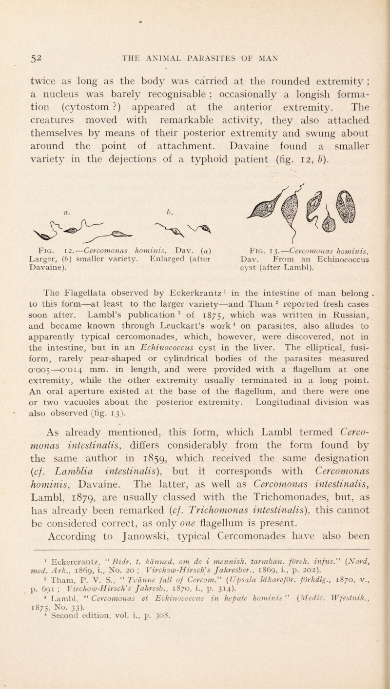 twice as long as the body was carried at the rounded extremity ; a nucleus was barely recognisable ; occasionally a longish forma- tion (cytostom ?) appeared at the anterior extremity. The creatures moved with remarkable activity, they also attached themselves by means of their posterior extremity and swung about around the point of attachment. Davaine found a smaller variet\^ in the dejections of a typhoid patient (fig. 12, b). \ I ■f •> Fig. 12.—Cercomonas hominis, Dav. {a) Larger, (6) smaller variety. Enlarged (after Davaine). Fig. 13.—Cercomonas hominis, Dav. From an Echinococcus cyst (after Lambl). The Flagellata observed by Eckerkrantz' in the intestine of man belong . to this form—at least to the larger variety—and Tham - reported fresh cases soon after. Lambl’s publication^ of 1875, which was written in Russian, and became known through Leuckart’s work ^ on parasites, also alludes to apparent^ typical cercomonades, which, however, were discovered, not in the intestine, but in an Echinococcus cyst in the liver. The elliptical, fusi- form, rarely pear-shaped or cylindrical bodies of the parasites measured 0'005—-o‘Oi4 mm. in length, and were provided with a flagellum at one extremity, while the other extremity usually terminated in a long point. An oral aperture existed at the base of the flagellum, and there were one or two vacuoles about the posterior extremity. Longitudinal division was also observed (fig. 13). As already mentioned, this form, which Lambl termed Cerco- nionas intestinalis, differs considerably from the form found by the same author in 1859, which received the same designation {cf. Lamblia intestinalis), but it corresponds with Cercomonas hominis, Davaine. The latter, as well as Cercomonas intestinalis, Lambl, 1879, are usually classed with the Trichomonades, but, as has already been remarked {cj. Trichomonas intestinalis), this cannot be considered correct, as only one flagellum is present. According to Janowski, typical Cercomonades have also been * Eckercrantz, “ Bidr. t. banned, om de i mennisk. tarmkan. förek. infus.” {Nord, med. Ark., 1869, i.. No. 20 ; Virchow-Hirsch’s Jahresber., 1869, i., p. 202), ■ Tham, P. V. S., “ Tvcinne fall of Cercom.” {Upsala läkareför. förhdlg., 1870, v., p. 691 ; Virchow-Hirsch’s Jahresb., 1870, i., p. 314). Lambl,  Cercomonas et Echinococcus in hepate hominis ” {Medic. Wjestnik., 1875, No. 33). ^ Second edition, vol. i., p. 308.