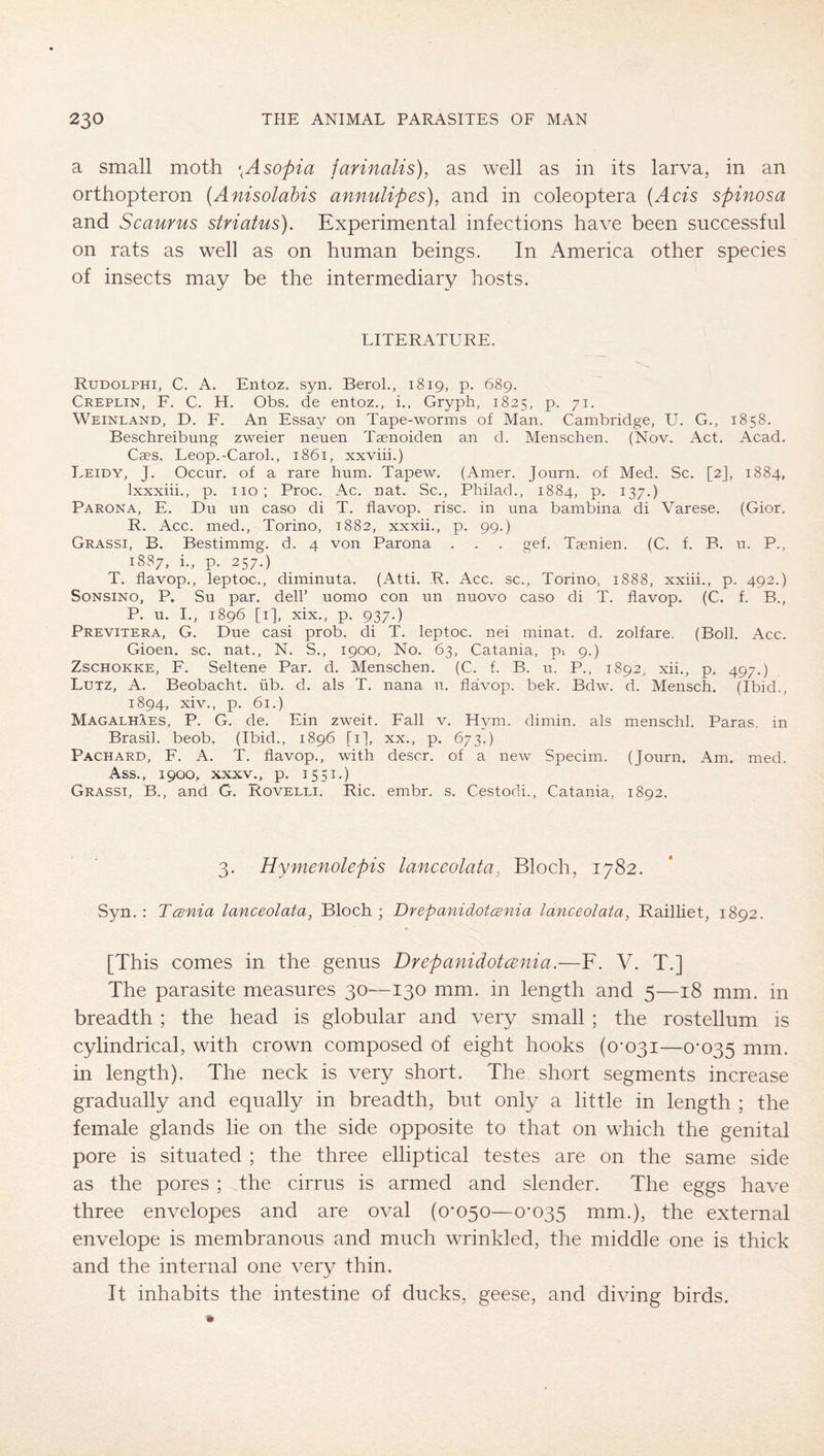 a small moth \Asopia jannalis), as well as in its larva, in an orthopteron {Anisolahis annulipes), and in coleoptera {Acis spinosa and Scaurus striatus). Experimental infections have been successful on rats as well as on human beings. In America other species of insects may be the intermediary hosts. LITERATURE. Rudolphi, C. a. Entoz. syn. Berol., 1819, p. 689. Creplin, F. C. H. Obs. de entoz., i., Gryph, 1825, p. 71. Weinland, D. F. An Essay on Tape-worms of Man. Cambridge, U. G., 1858. Beschreibung zweier neuen Taenoiden an d. Menschen. (Nov. Act. Acad. Caes. Leop.-Carol., 1861, xxviii.) Leidy, J. Occur, of a rare hum. Tapew. (Amer. Journ. of Med. Sc. [2j, 1884, Ixxxiii., p. no; Proc. Ac. nat. Sc., Philad., 1884, p. 137.) Parona, E. Du un caso di T. flavop. rise, in una bambina di Varese. (Gior. R. Acc. med., Torino, 1882, xxxii., p. 99.) Grassi, B. Bestimmg. d. 4 von Parona . . . gef. Taenien. (C. f. B. u. P., 1887, i., p. 257.) T. flavop., leptoc., diminuta. (Atti. R. Acc. sc., Torino, 1888, xxiii., p. 492.) SoNSiNO, P. Su par. dell’ uomo con un nuovo caso di T. flavop. (C. f. B., P. u. I., 1896 [i], xix., p. 937.) Previtera, G. Due casi prob, di T. leptoc. nei minat. d. zolfare. (Boll. Acc. Gioen. sc. nat., N. S., 1900, No. 63, Catania, p-. 9.) ZscHOKKE, F. Seltene Par. d. Menschen. (C. f. B. u. P., 1892, xii., p. 497.) Lutz, A. Beobacht, üb. d. als T. nana u. flavop. bek. Bdw. d. Mensch. (Ibid., 1894, xiv., p. 61.) Magalhaes, P. G. de. Ein zweit. Fall v. Hym. dimin. als menschl. Paras, in Brasil, beob. (Ibid., 1896 [i], xx., p. 673.) Packard, F. A. T. flavop., with descr. of a new Specim. (Journ. Am. med. Ass., 1900, XXXV., p. 1551.) Grassi, B., and G. Rovelli. Ric. embr. s. Cestodi., Catania, 1892. 3. Hymenolepis lanceolata^ Bloch, 1782. Syn. : Tesnia lanceolata, Bloch ; Drepanidotcenia lanceolata, Railliet, 1892. [This comes in the genus Drepanidotcenia.—F. V. T.] The parasite measures 30—130 mm. in length and 5—18 mm. in breadth ; the head is globular and very small ; the rostellum is cylindrical, with crown composed of eight hooks (0*031—0*035 in length). The neck is very short. The short segments increase gradually and equally in breadth, but only a little in length ; the female glands lie on the side opposite to that on which the genital pore is situated ; the three elliptical testes are on the same side as the pores ; the cirrus is armed and slender. The eggs have three envelopes and are oval (0*050—0*035 mm.), the external envelope is membranous and much wrinkled, the middle one is thick and the internal one very thin. It inhabits the intestine of ducks, geese, and diving birds.