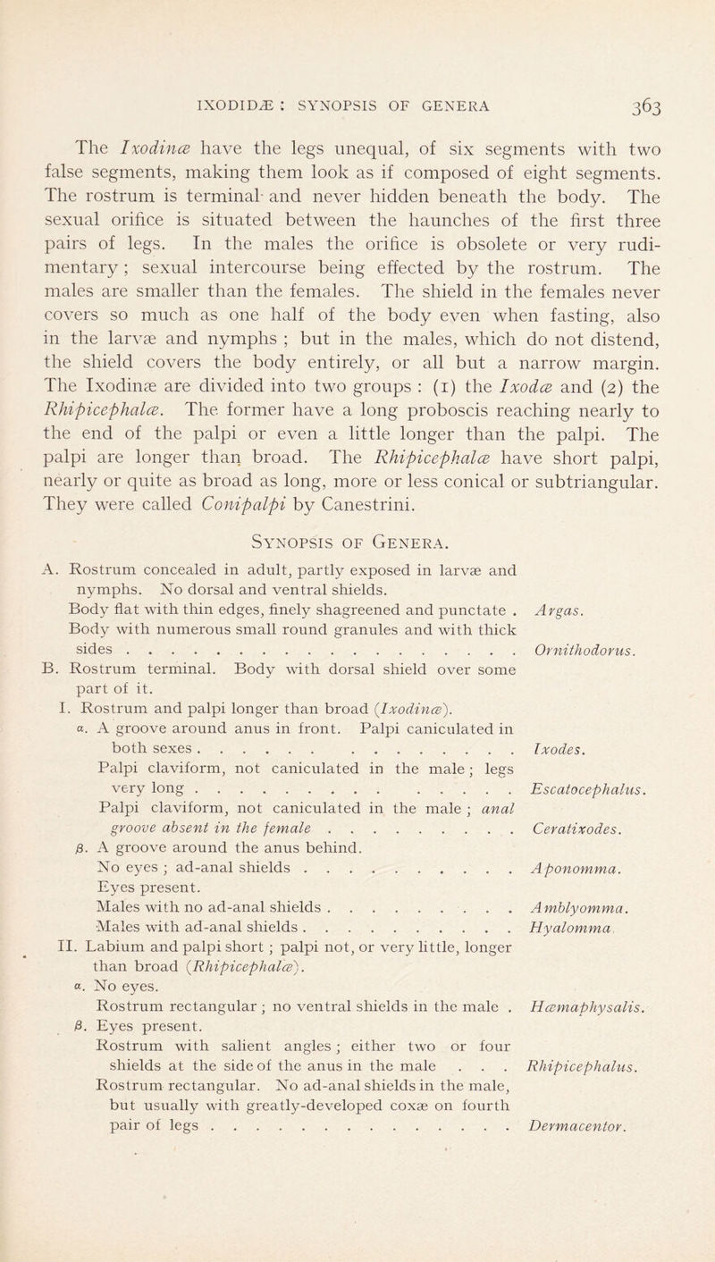 The IxodincB have the legs unequal, of six segments with two false segments, making them look as if composed of eight segments. The rostrum is terminal- and never hidden beneath the body. The sexual orifice is situated between the haunches of the first three pairs of legs. In the males the orifice is obsolete or very rudi- mentary ; sexual intercourse being effected by the rostrum. The males are smaller than the females. The shield in the females never covers so much as one half of the body even when fasting, also in the larvae and nymphs ; but in the males, which do not distend, the shield covers the body entirely, or all but a narrow margin. The Ixodinae are divided into two groups : (i) the IxodcB and (2) the Rhipicephalce. The former have a long proboscis reaching nearly to the end of the palpi or even a little longer than the palpi. The palpi are longer than broad. The RhipicepkalcB have short palpi, nearly or quite as broad as long, more or less conical or subtriangular. They were called Conipalpi by Canestrini. Synopsis of Genera. A. Rostrum concealed in adult, partly exposed in larvae and nymphs. No dorsal and ventral shields. Body flat with thin edges, finely shagreened and punctate . Body with numerous small round granules and with thick sides B. Rostrum terminal. Body with dorsal shield over some part of it. I. Rostrum and palpi longer than broad (IxodincB). a. A groove around anus in front. Palpi caniculated in both sexes Palpi claviform, not caniculated in the male; legs very long Palpi claviform, not caniculated in the male ; anal groove absent in the female j8. A groove around the anus behind. No eyes ; ad-anal shields Eyes present. Males with no ad-anal shields Males with ad-anal shields II. Labium and palpi short; palpi not, or very little, longer than broad {Rhipicephalce). a. No eyes. Rostrum rectangular ; no ventral shields in the male . fl. Eyes present. Rostrum with salient angles; either two or four shields at the side of fhe anus in the male Rostrum rectangular. No ad-anal shields in the male, but usually with greatly-developed coxae on fourth pair of legs Argas. Ornithodorus. Ixodes. Escatocephahis. Ceratixodes. Aponomma. Amhlyomma. Hyalomma. Hcemaphysalis. Rhipicephalus. Dermacentov.