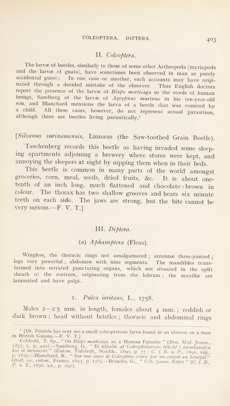COLEOPTERA. DIPTERA II. Coleopter a. The larvae of beetles, similarly to those of some other Arthropoda (myriapods and the larvae of gnats), have sometimes been observed in man as purely accidental guests. In one case or another, such accounts may have origi- nated through a decided mistake of the observer. Thus English doctors report the presence of the larvae of Blaps movtisaga in the stools of human beings, Sandberg of the larvae of Agrypnus murinus in his ten-year-old son, and Blanchard mentions the larva of a beetle that was vomited by a child. All these cases, however, do not represent actual parasitism, although there are beetles living parasitically.^ [Silvanus surinamensis, Linnaeus (the Saw-toothed Grain Beetle). Taschenberg records this beetle as having invaded some sleep- ing apartments adjoining a brewery where stores were kept, and annoying the sleepers at night by nipping them when in their beds. This beetle is common in many parts of the world amongst groceries, corn, meal, seeds, dried fruits, &c. It is about one- tenth of an inch long, much flattened and chocolate - brown in colour. The thorax has two shallow grooves and bears six minute teeth on each side. The jaws are strong, but the bite cannot be very serious.—F. V. T.] III. Diptera. (a) Aphaniptera (Fleas). Wingless, the thoracic rings not amalgamated ; antennse three-jointed ; legs very powerful ; abdomen with nine segments. The mandibles trans- formed into serrated puncturing organs, which are situated in the split sheath of the rostrum, originating from the labrum ; the maxilla are laminated and have palpi. I. Pulex irritans, L., 1758. Males 2—2-5 nim. in length, females about 4 mm. ; reddish or dark brown ; head without bristles ; thoracic and abdominal rings ‘ [Dr. Daniels has sent me a small coleopterous larva found in an abscess on a man in British Guiana.—F. V. T.J 'Cobbold, T. Sp., “ On Blaps mortisaga as a Human Parasite ” {Brit. Med. Joiirn., 1877, i., p. 420).—Sandberg, G., “ Et tilfoelde af CoBopBrlarvers Hlhold i tarmkanalen hos et menneske ” {Entom. Tidskrift., Stockh., 1890, p. 77 ; C. f. B. u. P., 1890, viii., p. 182).—Blanchard, R., “ Sur tine larve de Coleoptere vomie par un enfant an Shiegal ” {Bull. soc. entom., France, 1893, P- 156).—Brandes, G., “ Ueh. paras. Käfer” {C. f. B. P. U. /., 1896, XX., p. 297).