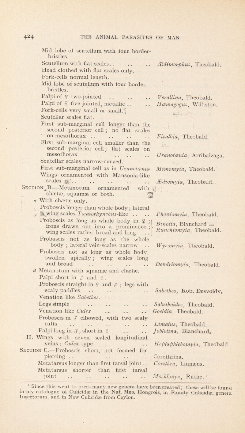 Mid lobe of scutellum with four border- bristles. Scutellum with fiat scales. . Head clothed with fiat scales only. Fork-cells normal length. Mid lobe of scutellum with four border- bristles. Palpi of ? two-jointed Palpi of 2 five-jointed, metalhc .. Fork-cells very small or small, j Scutellar scales flat. First sub-marginal cell longer than the _second posterior cell ; no fiat scales ■' on mesothorax . . First sub-marginal cell smaller than the second posterior cell; fiat scales on mesothorax Scutellar scales narrow-curved. JEdimoYphus^ Theobald. Verallina, Theobald. HcBmagogus, Williston. Le 1 j Ficalhia, Theobald. L J Ufanotcenia^ Arribalzaga. First sub-marginal cell as in UranotcBnia Wings ornamented with Mansonia-like scales Section^B.—Metanotum ornamented with chaetse, squamae or both. I a With chaetae only. ! . Proboscis longer than whole body ; lateral u piiWing scales TcBniorhynchus-like . . Proboscis as long as whole body in 5 ; frons drawn out into a prominence ; wing scales rather broad and long Proboscis not as long as the whole body ; lateral vein-scales narrow Proboscis not as long as whole body, swollen apically ; wing scales long and broad ß Metanotum with squamae and chaetae. Palpi short in S' and $ . Proboscis straight in ? and S \ legs with scaly paddles Venation like Sahethes. Legs simple Venation like Culex Proboscis in S elbowed, with two scaly tufts Palpi long in S , short in ? II. Wings with seven scaled longitudinal veins ; Culex type Section C.—Proboscis short, not formed for piercing . . Metatarsus longer than first tarsal joint. . Metatarsus shorter than first tarsal joint Mimomyia^ Theobald. TEdiomyia^ Theobald. Phoniomyia, Theobald. I Binotia, Blanchard = I RuncMomyia, Theobald. Wyeomyia, Theobald. Dendfiomyia, Theobald. Sahethes, Rob, Desvoidyi Sahethoides, Theobald. Goeldia, Theobald. Limatus, Theobald. Johlotina, Blanchard, Heptaphlehomyia, Theobald. Corethrina. Corethra, Linnaeus. Mochlonyx, Ruthe. ^ * Since this went to press many new genera have been created ; these will be found in my catalogue of Culicidae in the Nat. Mus, Hongrois, in Family Culicidae, genera Insectorum, and in New Culicidse from Cevlon.