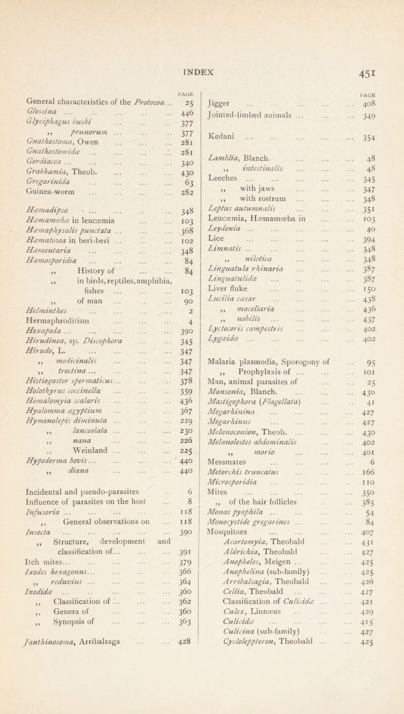 PAGE PAGE General characteristics of the Protozoa... 25 Jigger . . . 408 Glossina ... 446 Joinled-limbed animals ... ••• 349 Glyciphagzts Imski 377 ,, prtDiorum ... 377 Kedani 2 C /i Gnathostoaia, Ovitn 281 ^ v/( wVlX A ••• ••• ••• • *' Gnathostomida 281 Gordiacea ... 340 Latnblia., Blanch. ... 48 Grabhaniia, Theob. 1 430 ,, intestinalis ... ... 48 Gregardnida 63 Leeches ... ••• 345 Guinea-worm 282 ,, with jaws 347 ,, with rostrum ... ... 348 Hcemadipsa ■ ... 348 Leptus autumnalis ... ••• 351 Hcema77io:bcB in leucaemia 103 Leucaemia, Hmmamoeba in ... 103 Hamaphysalis pzinctata ... 368 Leydenia ... ... 40 HcEmatozoam.ho.xx-htn ... 102 Lice ... ■ ■■ 394 Htenientaria 348 Limnatis ... ... 348 Haviosporidia 84 ,, nilotica ... ... 348 ,, History of 84 Linguatula rhinaria ... 387 ,, in birds, reptiles, amphibia, Lingttatulida ... 387 fishes 103 Liver fluke ... 150 ,, of man 90 Lucilia casar ... 438 Hehtiinthes 2 ,, macellaria ... 436 Hermaphrodilism 4 ,, nobilis 437 Hexapoda ... 390 Lyctocoris campestris ... 402 Hirudinea^ sp. Discophora 345 Lygaidce ... ... 402 Hif7ido, L. 347 ,, medicinalis 347 Malaria plasmodia, Sporogony of ••• 95 ,, troctina ... 347 ,, Prophylaxis of ... . . . lOI Histiogaster spermaticus... 378 Man, animal parasites of , . . ... 25 Holothyrus coccinella 359 Mansonia, Blanch. . . • ... 430 Ho7)ialo7nyia scalaris 436 Mastigophora {P'lagellata) . . . 41 Hyalottwia cegyptmm 307 Megarhinina ... 427 Hymenolepis diminuta ... 229 Megarhinus ... 427 ,, lanceolata ... 230 Melanoconion., Theob. ... . . • ... 430 ,, nana 226 Melanolestes abdominalis ... 402 ,, Weinland ... 225 ,, ffiorio • • • ... 401 Hypoderma bovis... ■ 440 Messmates . . » 6 ,, diana 440 Met orchis truncatus . . . ... 166 Microsporidia . . . 110 Incidental and pseudo-parasites 6 Mites . . . ••• 350 Influence of parasites on the host 8 ,, of the hair follicles ... 385 Infusoria ... 118 Monas pyophila ... ••• 54 ,, General observations on 118 Monocystide gregarines ... ... 84 Insecta 390 Mosquitoes ... 407 ,, Structure, development and Acartomyia., Theobald ... 431 classification of... 391 Aldrichia^ Theobald ... 427 Itch mites... 379 Anopheles., Meigen ... ... 425 Ixodes hexagonus... 366 Anophelina (sub-family) • ■ 425 ,, reduvius ... 364 Arribalzagia, Theobald . . . ... 426 Ixodidce 360 Cellia, Theobald . . . ... 427 ,, Classification of... 362 Classification of Culicidce . . . ... 421 ,, Genera of 360 Culex, Linnaeus ... 429 ,, Synopsis of 363 Culicidce ... 415 Culicina (sub-family) ... 427 Arribalzaga 00 Cycloleppteron, Theobald .. 425