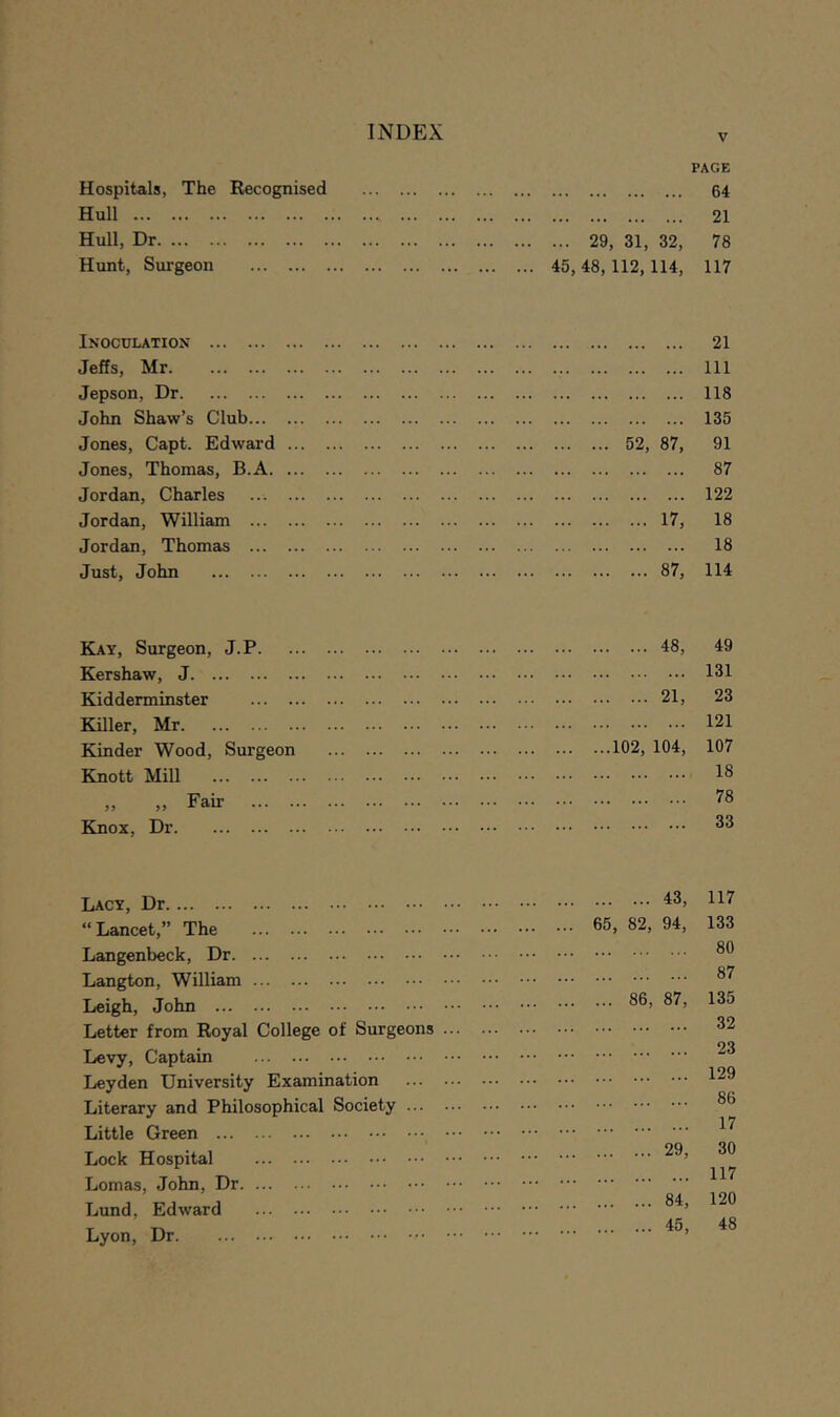 Hospitals, The Recognised Hull Hull, Dr Hunt, Surgeon Inoculation Jeffs, Mr Jepson, Dr John Shaw’s Club... Jones, Capt. Edward Jones, Thomas, B.A. Jordan, Charles Jordan, William ... Jordan, Thomas ... Just, John Kay, Surgeon, J.P Kershaw, J Kidderminster Killer, Mr Kinder Wood, Surgeon Knott Mill » „ Fair Knox, Dr Lacy, Dr “ Lancet,” The Langenbeck, Dr Langton, William Leigh, John Letter from Royal College of Surgeons Levy, Captain Leyden University Examination Literary and Philosophical Society ... Little Green Lock Hospital Lomas, John, Dr Lund, Edward Lyon, Dr PAGE 64 21 ... 29, 31, 32, 78 45, 48,112,114, 117 21 Ill 118 135 52, 87, 91 87 122 ... 17, 18 18 ... 87, 114 ... 48, 49 131 ... 21, 23 121 102, 104, 107 18 78 33 43, 117 65, 82, 94, 133 80 87 ... 86, 87, 135 32 23 129 86 17 29, 30 117 84, 120 45, 48