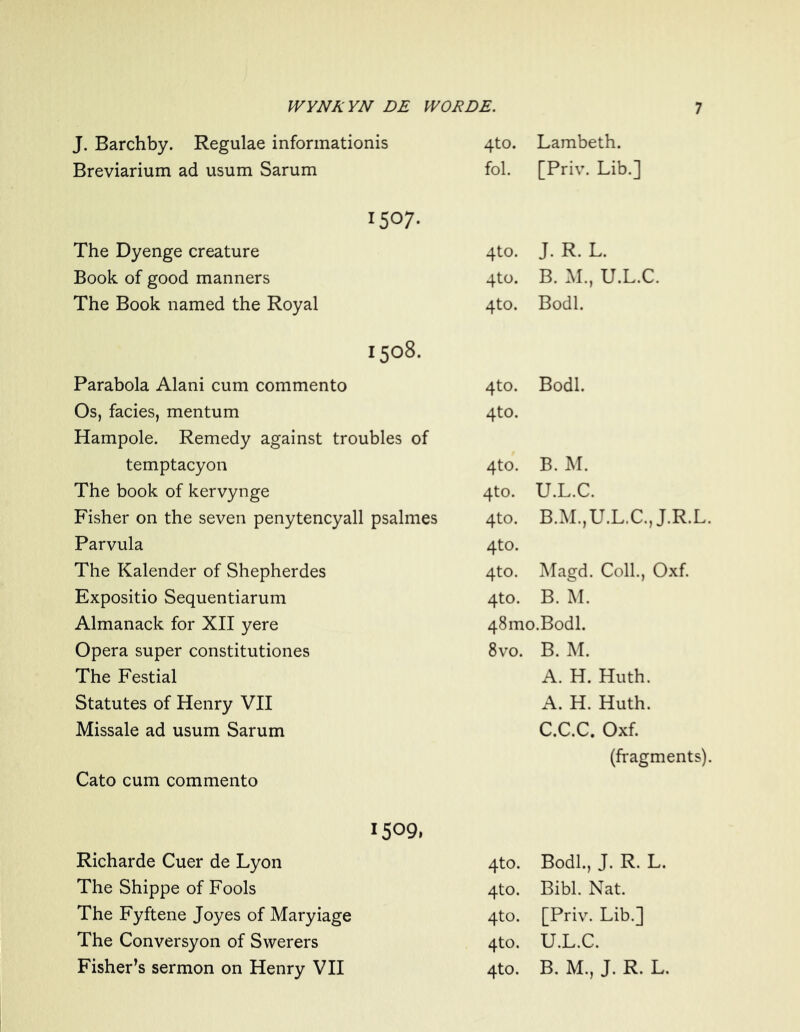 J. Barchby. Regulae informationis 4to. Lambeth. Breviarium ad usum Sarum fol. [Priv. Lib.] 1507- The Dyenge creature qto. J. R. L. Book of good manners 4to. B. M., U.L.C. The Book named the Royal 4to. Bodl. i5°8. Parabola Alani cum commento 4to. Bodl. Os, facies, mentum 4to. Hampole. Remedy against troubles of temptacyon 4to. B. M. The book of kervynge 4to. U.L.C. Fisher on the seven penytencyall psalmes 4to. B.M.,U.L.C., J.R.L. Parvula 4to. The Kalender of Shepherdes 4to. Magd. Coll., Oxf. Expositio Sequentiarum 4to. B. M. Almanack for XII yere 48mo.Bodl. Opera super constitutiones 8vo. B. M. The Festial A. H. Huth. Statutes of Henry VII A. H. Huth. Missale ad usum Sarum C.C.C. Oxf. (fragments). Cato cum commento 1509, Richarde Cuer de Lyon 4to. Bodl., J. R. L. The Shippe of Fools 4to. Bibl. Nat. The Fyftene Joyes of Maryiage 4to. [Priv. Lib.] The Conversyon of Swerers 4to. U.L.C.