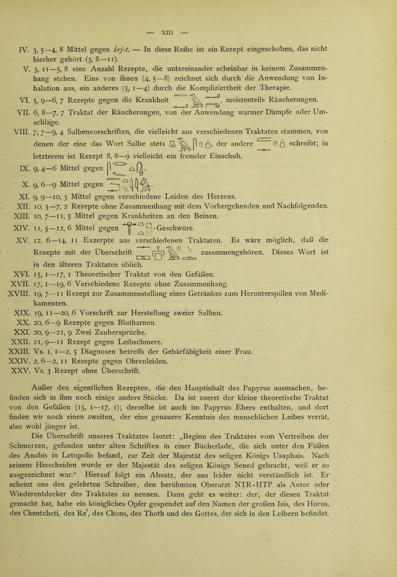 IV. 3> 5—4) 8 Mittel gegen srj-t. — In diese Reihe ist ein Rezept eingeschoben, das nicht V. VI. VII. hierher gehört (3, 8—ii). 3, II — 5,8 eine Anzahl Rezepte, die untereinander scheinbar in keinem Zusammen- hang stehen. Eins von ihnen (4, 5—8) zeichnet sich durch die Anwendung von In- halation aus, ein anderes (5, i—4) durch die Kompliziertheit der Therapie. ‘ f—u) meistenteils Räucherungen. 5, 9—6, 7 Rezepte gegen die Krankheit 6, 8—7, 7 Traktat der Räucherungen, von der Anwendung warmer Dämpfe oder Um- schläge. VIII. IX. X. XI. XII. XIII. XIV. XV. 7, 7—9, 4 Salbenvorschriften, die vielleicht aus verschiedenen Traktaten stammen, von denen der eine das Wort Salbe stets ^t^dere © Q schreibt; in letzterem ist Rezept 8, 8—9 vielleicht ein fremder Einschub. 9, 4—6 Mittel gegen 4. /WWW 9, 6—9 Mittel gegen ^ W 9, 9—10, 3 Mittel gegen verschiedene Leiden des Herzens. 10, 3—7, 2 Rezepte ohne Zusammenhang mit dem Vorhergehenden und Nachfolgenden. 10, 7—II, 5 Mittel gegen Krankheiten an den Beinen. 11, 5 — 12,6 Mittel gegen ^-Geschwüre. 12, 6 — 14, II Exzerpte aus verschiedenen Traktaten. Es wäre möglich, daß die Rezepte mit der Überschrift ^ [^] ^ zusammengehören. Dieses Wort ist in den älteren Traktaten üblich. XVI. 15, I —17, I Theoretischer Traktat von den Gefäßen. XVII. 17, I—19, 6 Verschiedene Rezepte ohne Zusammenhang. XVIII. 19, 7—II Rezept zur Zusammenstellung eines Getränkes zum Herunterspülen von Medi- kamenten. XIX. 19, II—20,6 Vorschrift zur Herstellung zweier Salben. XX. 20, 6—9 Rezepte gegen Blutharnen. XXL 20, 9—21, 9 Zwei Zaubersprüche. XXII. 21,9—II Rezept gegen Leibschmerz. XXIII. Vs. I, I—2, 5 Diagnosen betreffs der Gebärfähigkeit einer Frau. XXIV. 2, 6—2, 11 Rezepte gegen Ohrenleiden. XXV. Vs. 3 Rezept ohne Überschrift. Außer den eigentlichen Rezepten, die den Hauptinhalt des Papyrus ausmachen, be- finden sich in ihm noch einige andere Stücke. Da ist zuerst der kleine theoretische Traktat von den Gefäßen (15, i —17, i); derselbe ist auch im Papyrus Ebers enthalten, und dort finden wir noch einen zweiten^ der eine genauere Kenntnis des menschlichen Leibes verrät, also wohl jünger ist. Die Überschrift unseres Traktates lautet: „Beginn des Traktates vom Vertreiben der Schmerzen, gefunden unter alten Schriften in einer Bücherlade, die sich unter den Füßen des Anubis in Letopolis befand, zur Zeit der Majestät des seligen Königs Usaphais. Nach seinem Hinscheiden wurde er der Majestät des seligen Königs Sened gebracht, weil er so ausgezeichnet war.“ Hierauf folgt ein Absatz, der uns leider nicht verständlich ist. Er scheint uns den gelehrten Schreiber, den berühmten Oberarzt NTR-HTP als Autor oder Wiederentdecker des Traktates zu nennen. Dann geht es weiter: der, der diesen Traktat gemacht hat, habe ein königliches Opfer gespendet auf den Namen der großen Isis, des Horns, des Chentcheti, des Re‘, des Chons, des Thoth und des Gottes, der sich in den Leibern befindet.