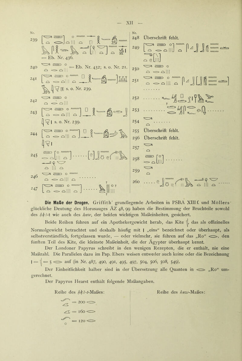 Nr. = Eb. Nr. 436. 240 241 Nr. 432; s. o. Nr. 21. ^ Q AAiWsA Olll s. o. Nr. 239. Nr. 248 249 250 251 242 243 - - Q AA^AAA“ <=. Q 111 Ci . s. o. Nr. 239. 252 253 254 245 246 247 o 111 o a Q AAAAAA ^111 =1-) Q AAAAAA’ > o 111 _ 255 256 257 258 259 260 Überschrift fehlt. o' o <=> o 111. c. ©LiiiJ AAAAAA AA/WSA t W ■ AAAAAA O I I I Q AAiVWv <3 111 o AA/NAAA AAAAAA AAAAAA O Überschrift fehlt. Überschrift fehlt. Die Maße der Drogen. Griffith’ grundlegende Arbeiten in PSBA XIIIf und Möllers’ glückliche Deutung des Horusauges ÄZ 48, 99 haben die Bestimmung der Bruchteile sowohl des //k^-t wie auch des hnw, der beiden wichtigen Maßeinheiten, gesichert. Beide Reihen führen auf ein Apothekergewicht herab, das Kite m, das als offizinelles Normalgewicht betrachtet und deshalb häufig mit | „eins“ bezeichnet oder überhaupt, als selbstverständlich, fortgelassen wurde, — oder vielmehr, sie führen auf das „Ro“ <rr>, den fünften Teil des Kite, die kleinste Maßeinheit, die der Ägypter überhaupt kennt. Der Londoner Papyrus schreibt in den wenigen Rezepten, die er enthält, nie eine Maßzahl. Die Parallelen dazu im Pap. Ebers weisen entweder auch keine oder die Bezeichnung \ = 5 auf (in Nr. 487, 490, 491, 495, 497, 504, 506, 508, 549). Der Einheitlichkeit halber sind in der Übersetzung alle Quanten in ,Ro“ um- gerechnet. Der Papyrus Hearst enthält folgende Maßangaben. Reihe des /'^i-Z-Maßes: = ^ = = o 200 CZS- 160 <=> 120 <=> Reihe des //«zu-Maßes: