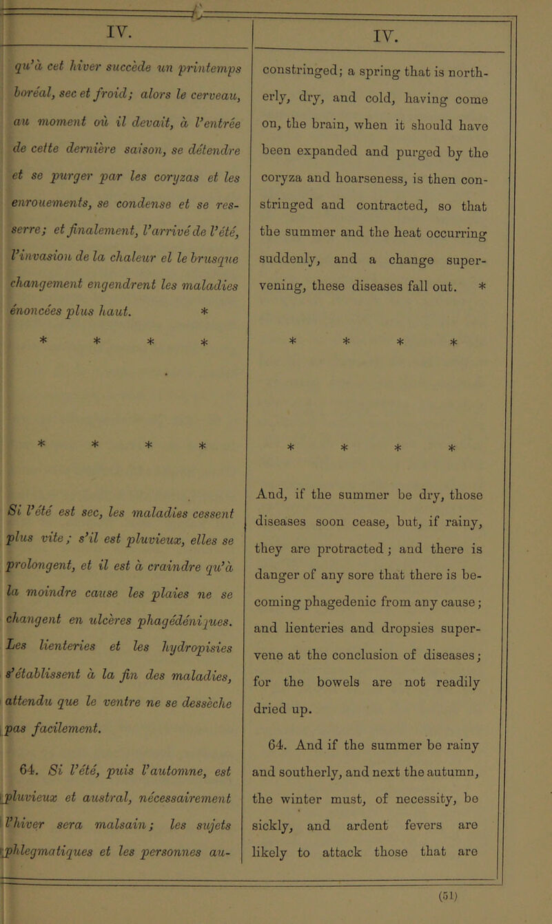 i-J= IV. qu’à cet hiver succède un ‘pnntemps boréal, sec et froid; alors le cerveau, au moment où il devait, à Ventrée de cette dernière saison, se détendre et se purgei’ par les coryzas et les enrouements, se condense et se res- serre; et finalement, l’arrivé de Vété, l’invasion de la chaleur el le brusque changement engendrent les maladies énoncées plus haut. * * * * * * ♦ * Si l’été est sec, les maladies cessent plus vite; s’il est pluvieux, elles se prolongent, et il est à craindre qïVà la moindre cause les plaies ne se changent en ulcères phagédéniques. Les lienteries et les hydropisies 8 établissent a la fin des maladies, I attendu que le ventre ne se dessèche ipas facilement. 64. Si l’été, puis l’automne, est \ypluvieuz et austral, nécessairement ' l’hiver sera malsain ; les sujets phlegma tiques et les personnes au- ^ IV. constringed; a spring tliat is north- erlj, dty, and cold, having come on, the brain, when it should have been expanded and purged by the coryza and hoarseness, is then con- stringed and contracted, so that the summer and the heat occurring suddenly, and a change super- vening, these diseases fall out. * * ♦ =1: * ♦ * * * And, if the summer be dry, those diseases soon cease, but, if rainy, they are protracted ; and there is danger of any sore that there is be- coming phagedenic from any cause ; and lienteries and dropsies super- vene at the conclusion of diseases ; for the bowels are not readily dried up. 64, And if the summer be rainy and southerly, and next the autumn, the winter must, of necessity, be sickly, and ardent fevers are likely to attack those that are