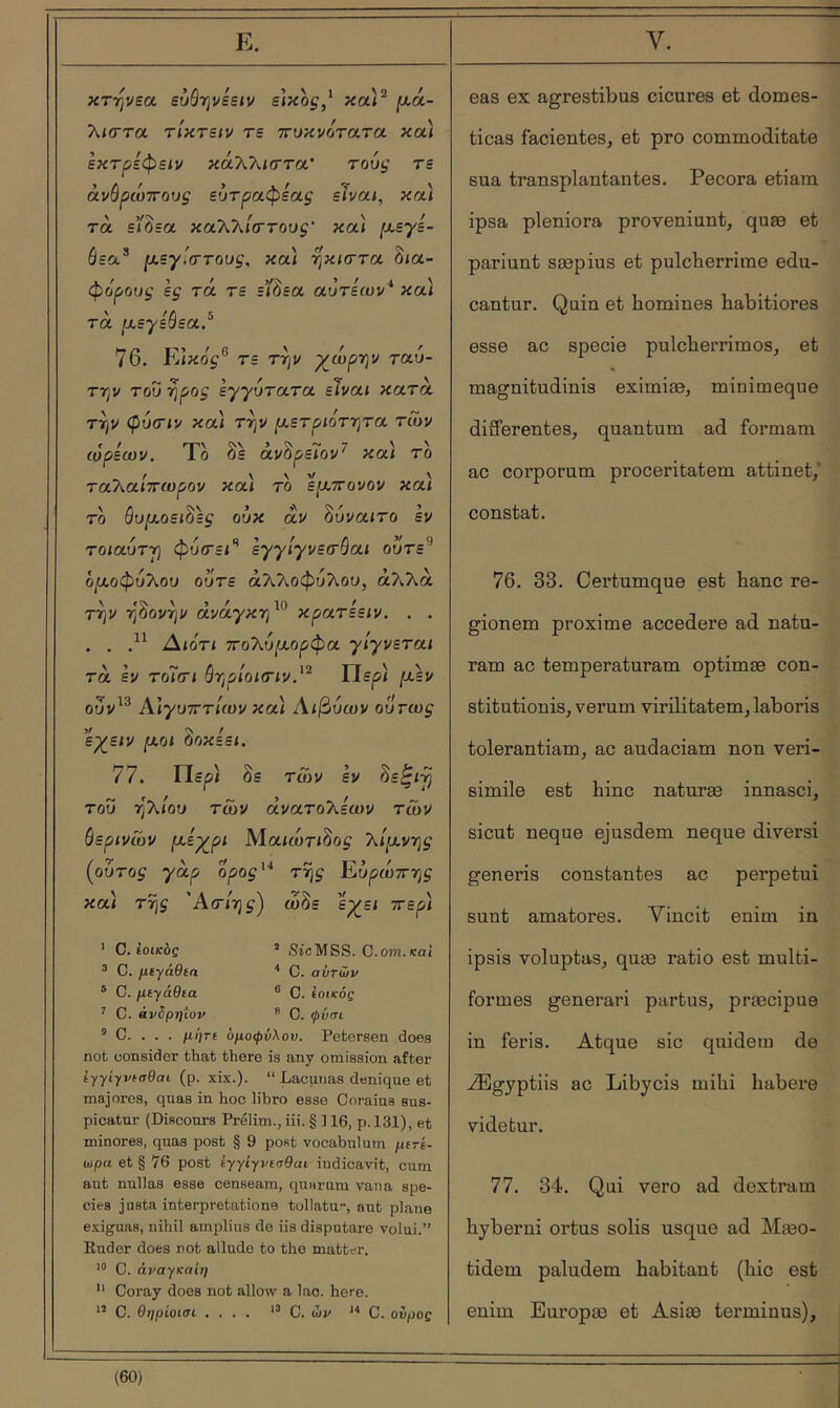 κτηνεα ευόηνεειν είκος,^ κα)^ (χά- Τ^ΐίττα τίκτειν τε ττυκνότατα κα) εκτρέφειν κάλλ/σ·τα* τουξ τε άνόρώτΓους ευτραφεας είναι, κα) τα ειόεα καΧλκττους και (χεγε- όεα* μεγίστους, κα) ήκιστα 8ια- */ > ' >/^ ^ / Λ \ Çoûouç sg τα rs siosa αυτεων και τα [χεγεύεα.^ 76. Είκο^® τε την χλωρήν ταυ- την του-ηροξ εγγύτατα είναι κατά την φύσιν κα) την (χετριότητα τνον (όρεων. Το δε άνδρεΓον^ κα) το ταΤ^-αΙττωρον κα) το ÎfXTrovov κα) το θομ,οει^ες ουκ αν δύναίτο εν τοιαύτγ φυτει” εγγ'ιγνεσύαι ουτε^ ό^αοφυλου ούτε αλλοφύλου, άλλα την η'δονήν ανάγκη κρατεειν. . . . . Αιότι ττοΤ^ύμορφα γίγνεται τα εν τοΊσι ύηρίοκτιν^^ Τΐερ) [χεν ουν^^ AîyuTTTKüv καί Αιβυων ούτως ε^ε/ν fxoi δοκεεί. 77. Περ) δε τών εν ^εζΐγ τού ήλιου τών άνατολεων τών θερινών jW-ep^p< Μαίώτίδο^ λ/ρινη^ γούτος γαρ ορος^'* της Κυρώττης κα) της Άτίης^ ωδε ύ^ει ττερ) ’ StclVISS. C.om.Kai * G. αυτών ® Ο. ιοίκός ® C. φναι ’ C. ίοικος ® C. μεγάθβη ® C. με-γάθία ^ C. άνδρηΐον ® C. . . . μήτε υμοφύλον. Petersen does not consider that there is any omission after εγγίγνεσθαι (p. xix.). “ Lacunas denique et majores, quas in hoc libro esse Coraiua sus- picatur (Discours Prelim., iii. § 116, p. 131), et minores, quas post § 9 post vocabulum μετέ- ωρα et § 76 post εγγίγνεσθαι indicavit, cum aut nullas esse censeam, quarum vana spe- cies justa interpretatione tollatu-, aut plane e.xiguas, nihil amplius de iis disputare volui.” Ruder does not alludo to the matter. C. άναγκαίη “ Coray does not allow a lao. here. C. Θηρίοισι C. ών C. ovpoQ eas ex agrestibus cicures et domes- ticas facientes, et pro commoditate sua transplantantes. Pecora etiam ipsa pleniora proveniunt, quæ et pariunt sæpius et pulcherrime edu- cantur. Quin et homines habitiores esse ac specie pulcherrimos, et magnitudinis eximiae, miuimeque differentes, quantum ad formam ac corporum piOceritatem attinet,' constat. 76. 33. Certumque est hanc re- gionem proxime accedere ad natu- ram ac temperaturam optimae con- stitutionis, verum virilitatem, laboris tolerantiam, ac audaciam non veri- simile est hinc naturae innasci, sicut neque ejusdem neque diversi generis constantes ac perpetui sunt amatores. Vincit enim in ipsis voluptas, quæ ratio est multi- formes generari partus, præcipue in feris. Atque sic quidem de Ægyptiis ac Libycis mihi habere videtur. 77. 34. Qui vero ad dextram hyberni ortus solis usque ad Mæo- tidem paludem habitant (hic est enim Europæ et Asiæ terminus).