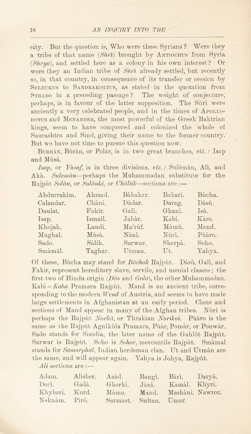 city. But tlie question is, Who were these Syrians ? Were they a tribe of that name (Siirl) brought by Antiochus from Syria {Siirya}^ and settled here as a colony in his own interest ? Or were they an Indian tribe of Surl already settled, but recently so, in that country, in consequence of its transfer or cession by Seleukus to Sandrakottus, as stated in the quotation from Strabo in a preceding passage ? The weight of conjecture, perhaps, is in favour of the latter supposition. The Suri were anciently a very celebrated people, and in the times of Apollo- DOTUS and Menander, the most powerful of the Greek Baktrian kings, seem to have conquered and colonized the whole of Saurashtra and Sind, giving their name to the former country. But we have not time to pursue this question now. Burhan, Buran, or Polar, is in two great branches, viz. : Isap and Musa. Isap, or Yusuf, is in three divisions, viz.: Sulemmi, Ali, and Aka. Sulemdn—perhaps the Muhammadan substitute for the Bajput Solan, or Soldnki, or Chdliik—sections are :— Abdurrahim. Ahmad. Babakar. Babari. Bucha. Calandar. Chani. Dadar. Darag. Basil. Daulat. Fakir. Gali. Ghani. Isa. Isap. Ismail. Jabar. Kabi. Karo. Khojak. Landi. Ma’ruf. Mamu. Mand. Mughal. Musa. Bani. Nuri. Puaro. Sado. SMih. Sarwar. Sherpa. Soho. Smamal. Taghar. Utman. Ut. Yahya. Of these, Bucha may stand for BdchaJc Bajput. Dasu, Gali, and Fakir, represent hereditary slave, servile, and menial classes ; the first two of Hindu origin {Das and Gola), the other Muhammadan. Kabi = An?;n Pramara Bajput. Mand is an ancient tribe, corre- sponding to the modern Wend of Austria, and seems to have made large settlements in Afghanistan at an earl}^ period. Clans and sections of Mand appear in many of the Afghan tribes. Nuri is perhaps the Bajpiit Norhct, or Thrakian Norikoi. Puaro is the same as the Bajput Agnikiila Pramara, Piiar, Pomar, or Ponwar. Sado stands for Sisodia, the later name of the Gahlot Bajput. Sarwar is Bajput. Soho is Solior, mercantile Bajput. Smamal stands for SamarpJial, Indian herdsman clan. Ut and Utman are the same, and will appear again. Yahya is Johya, Bajput. Ali sections are :— Adam. Alisher. Azad. Bangi. Bari. Barya. Bori. Gada. Ghorki. Jani. Kamal. Khyri. Khybari. Kurd. Mamo. Mand. Mashani. Nawroz. Neknam. Piro. Sarmast. Sultan. Umar.