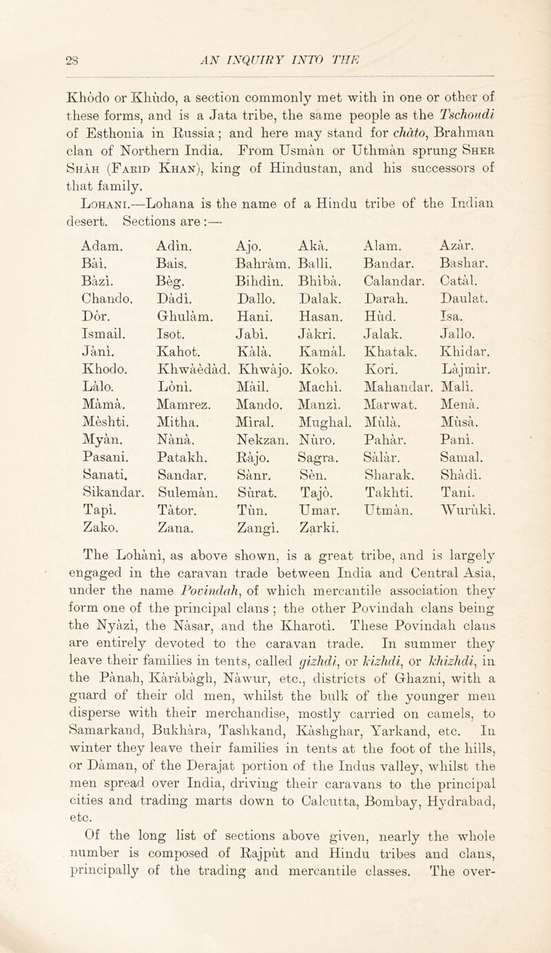 Khodo or Khiido, a section commonly met with in one or other of these forms, and is a data tribe, the same people as the Tschoudi of Esthonia in Russia; and here may stand for chdto^ Brahman clan of Northern India. From Usman or Uthman sprung Sher Shah (Farid Khan), king of Hindustan, and his successors of that family. Lohani.—Lohana is the name of a Hindu tribe of the Indian desert. Sections are :— Adam. Adin. Ajo. Aka. Alam. Azar. Bai. Bais. Bahram. Balli. Bandar. Bashar. Bazi. Beg. Bihdin. Bhiba. Calandar. Catal. Chando. Dadi. Dallo. Dalak. Darah. Daulat. Dor. Ghulam. Hani. Hasan. Hud. Isa. Ismail. Isot. Jabi. Jakri. J alak. Jallo. Jani. Kahot. KHa. KamH. Khatak. Khidar. Khodo. KhwaMad. Khwajo. Koko. Kori. Lajmir. LHo. Loni. Mail. Machi. Mahandar . Mali. Mama. Mamrez. Mando. Manzi. Marwat. Mena. Meshti. Mitha. Miral. Mughal. Mula. Musa. Myan. Nana. Nekzan. Nuro. Pahar. Pani. Pasani. Patakh. Rajo. Sagra. Salar. Samal. Sanati. Sandar. Sanr. Sen. Sharak. Shadi. Sikandar. Suleman. Surat. Tajd. Takhti. Tani. Tapi. Tator. Tun. U mar. Utman. Wuriiki. Zako. Zana. Zangi. Zarki. The Lohani, as above shown, is ; a great tribe, and is largely engaged in the caravan trade between India and Central Asia, under the name Povbidah^ of which mercantile association they form one of the principal clans ; the other Povindah clans being the Nyazi, the Nasar, and the Kharoti. These Povindah clans are entirely devoted to the caravan trade. In summer they leave their families in tents, called gizlidl^ or Ixlzlidi^ or khizhdi^ in the Panah, Karabagh, Nawur, etc., districts of Ghazni, with a guard of their old men, whilst the bulk of the younger men disperse with their merchandise, mostly carried on camels, to Samarkand, Bukhara, Tashkand, Kashghar, Yarkand, etc. In winter they leave their families in tents at the foot of the hills, or Daman, of the Derajat portion of the Indus valley, whilst the men spread over India, driving their caravans to the principal cities and trading marts down to Calcutta, Bombay, Hydrabad, etc. Of the long list of sections above given, nearly the whole number is composed of Rajput and Hindu tribes and clans, principally of the trading and mercantile classes. The over-