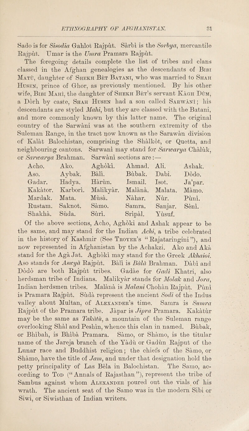 Sado is for Sisodia Gahlofe Rajput. Sarbi is the Sorhya^ mercantile Rajput. Umar is the Umra Pramara Rajput. The foregoing details complete the list of tribes and clans classed in the Afghan genealogies as the descendants of Bibi Matu, daughter of Shekh Bet Batani, who was married to Shah Husen, prince of Grhor, as previously mentioned. By his other wife, Bibi Mahi, the daughter of Shekh Bet’s servant Kagh Dum, a Dorh by caste, Shah Husen had a son called Sarwani; his descendants are styled Mahi^ but they are classed with the Batani, and more commonly known by this latter name. The original country of the Sarwani was at the southern extremity of the Suleman Range, in the tract now known as the Sarawan division of Kalat Bpolochistau, comprising the Shalkot, or Quetta, and neighbouring cantons. Sarwani may stand for Sarwarya Chaluk, or Sarioarya Brahman. Sarwani sections are :— Acho. Ako. Aghoki. Ahmad. Ali. Ashak. Aso. Aybak. Bkli. Bubak. Dabi. Dodo. Gadar. Hadya. Harun. Ismail. Isot. Ja’par. Kakator. Karbori. Malikyar. Malana. Malata. Mamo. Mardak. Mata. Musa. Nahar. Nur. Puni. Rustam. Saknot. Samo. Samra. Sanjar. Seni. Shakha. Suda. Suri. SripH. Yusuf. Of the above sections, Acho, Aghdki and Ashak appear to be the same, and may stand for the Indian Acli% a tribe celebrated in the history of Kashmir (See Trover's “ Rajataringini ”), and now represented in Afghanistan by the Achakzi. Ako and Aka stand for the Aga Jat. Aghdki may stand for the Greek ATdiaioi. Aso stands for Aswyd Rajput. Bali is Bald Brahman. Dabi and Dodd are both Rajput tribes. Gadae for Gadi Khatri, also herdsman tribe of Indians. Malikyar stands for Alolak and Jora^ Indian herdsmen tribes. Malana is Malani Chohan Rajput. Puni is Pramara Rajput. Suda represent the ancient Sodi of the Indus valley about Multan, of Alexander’s time. Samra is Stimra Rajput of the Pramara tribe. Japar is Jipra Pramara. Kakatiir may be the same as Takatii^ a mountain of the Suleman range overlooking Shal and Peshin, whence this clan in named. Bubak, or Bhibah, is Bhiba Pramara. Samo, or Shamo, is the titular name of the Jareja branch of the Yadu or Gadun Rajput of the Lunar race and Buddhist religion; the chiefs of the Samo, or Shamo, have the title of Jam., and under that designation hold the petty principality of Las Bela in Balochistan. The Samo, ac- cording to Tod (“ Annals of Rajasthan ”), represent the tribe of Sambus against whom Alexander poured out the vials^ of his wrath. The ancient seat of the Samo was in the modern Sibi or Siwi, or Siwisthan of Indian writers.