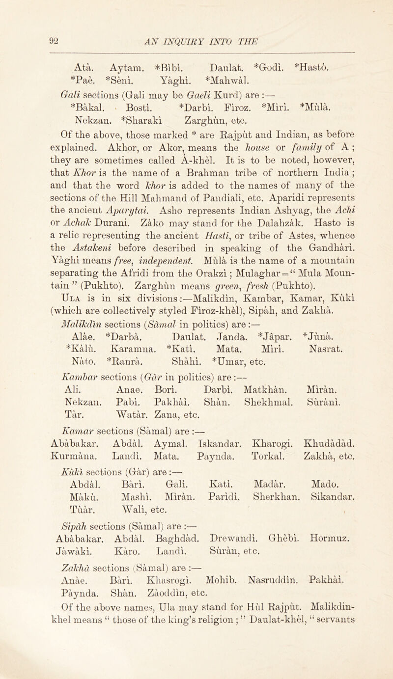 Ata. Aytam. Daulat. *Godi. '^Hastb. *Pae. *Seni. Yaglii. *Mahwal. GaU sections (Gali may be Gaeli Kurd) are :— *Bakal. ‘ Bosti. *Darbi. Firoz. ^Miri. *Miila. Kekzan. *Sharaki Zarghim, etc. Of the above, those marked are Kajput and Indian, as before explained. Akhor, or Akor, means the house or family of A ; they are sometimes called A-khel. It is to be noted, however, that Khor is the name of a Brahman tribe of northern India ; and that the word Tdior is added to the names of many of the sections of the Hill Mahmand of Pandiali, etc. Aparidi represents the ancient Aparytai. Asho represents Indian Ashyag, the Achi or AcJiak Durani. Zako may stand for the Dalahzak. Hasto is a relic representing the ancient Hasti, or tribe of Astes, whence the Astakeni before described in speaking of the Gandhari. Yaghi means free^ independent. Mula is the name of a mountain separating the Afridi from the Orakzi ; Mulaghar = '‘ Mula Moun- tain ” (Pukhto). Zarghun means green., fresh (Pukhto). Ula is in six divisions:—Malikdin, Kambar, Kamar, Kuki (which are collectively styled Piroz-khel), Sipah, and Zakha. Malikdin sections {Scimal in politics) are :— Alae. *Darba. Daulat. Janda. ^Japar. *Juna. ^Kalu. Karamna. *Kati. Mata. Miri. Nasrat. Nato. *E,anra. Shahi. *Umar, etc. Kamhar sections {Gar in politics) are:— Ali. Anae. Bori. Darbi. Matkhan. Miran. Nekzan. Pabi. Pakhai. Shan. Shekhmal. Surani. Tar. Watar. Zana, etc. Kamar sections (Samal) are :— Ababakar. Abdal. Aymal. Iskandar. Kurmana. Landi. Mata. Paynda. Kitki sections (Gar) are:— Abdal. Bari. Gali. Kati. Maku. Mashi. Miran. Paridi. Tuar. Wali, etc. Kharogi. Khudadad. Torkal. Zakha, etc. Madar. Mado. Sherkhan. Sikandar. Sipah sections (Samal) are :— Ababakar. Abdal. Baghdad. Drewandi. Ghebi. Hormuz. Jawaki. Karo. Landi. Suran, etc. Zakha sections (Samal) are :— Anae. Bari. Khasrogi. Mohib. Nasruddin. Paynda. Shan. Zaoddin, etc. Of the above names, Ula may stand for Hul Kajput. khel means ‘‘ those of the king’s religion ; ” Daulat-khel, Pakhai. Malikdin- “ servants