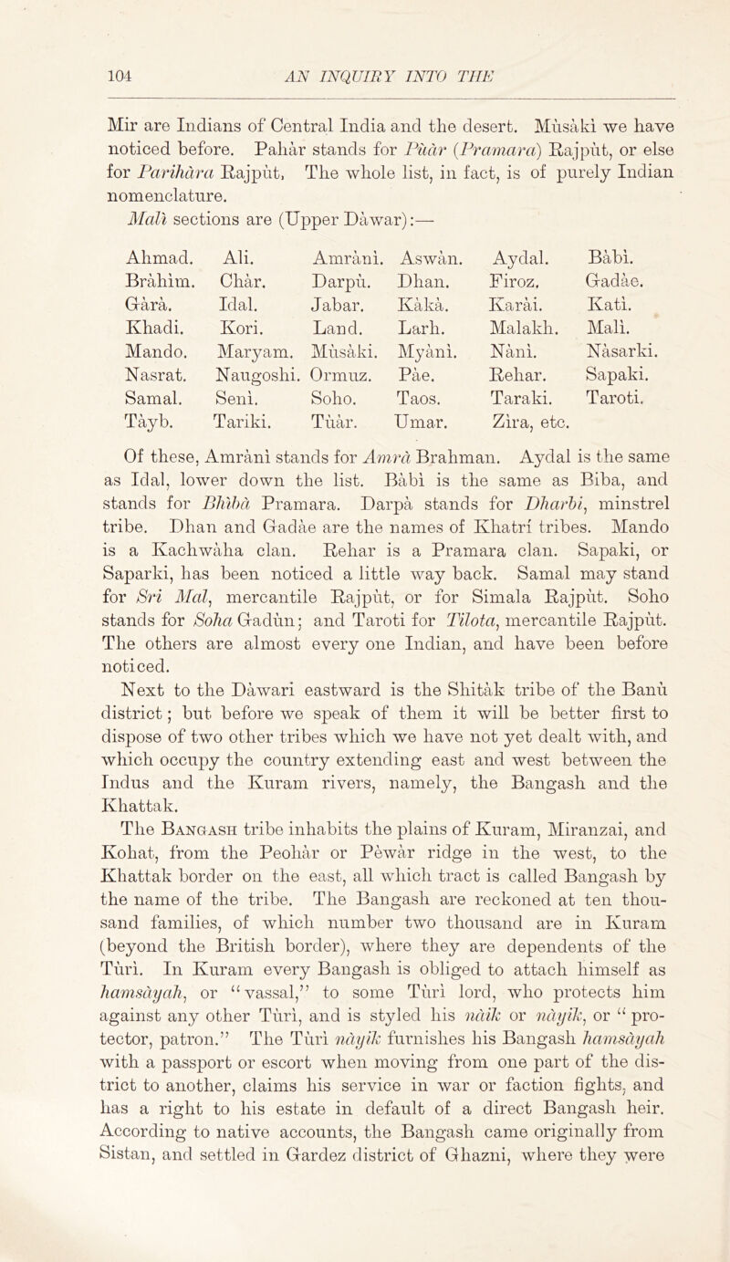 Mir are Indians of Central India and the desert. Mtisaki we have noticed before. Pahar stands for Puar {Pramara) Rajpiit, or else for Pariliara Pajput. The whole list, in fact, is of purely Indian nomenclature. Mall sections are (Upper Dawar):— Ahmad. Ali. Amrani. Aswan. Aydal. Babi. Brahim. Char. Darpu. Dhan. Firoz, Gadae. Gara. Idal. Jabar. liaka. Karai. Kati. Khadi. Kori. Land. Larh. Malakh. Mali. Mando. Maryam. Musaki. Myani. Nani. Nasarki. Nasrat. Naugoshi. Ormuz. Pae. Rehar. Sapaki. Samal. Seni. Soho. Taos. Taraki. Taroti. Tayb. Tariki. Tuar. Umar. Zira, etc. Of these, Amrani stands for Amrct Brahman. Aydal is the same as Idal, lower down the list. Babi is the same as Biba, and stands for Bhihd Pramara. Darpa stands for Dharhi^ minstrel tribe. Dhan and Gadae are the names of Khatri tribes. Mando is a Kachwaha clan. Rehar is a Pramara clan. Sapaki, or Saparki, has been noticed a little way back. Samal may stand for Sri Alal^ mercantile Rajput, or for Simala Rajput. Soho stands for Soha Gadun: and Taroti for Tilota^ mercantile Rajput. The others are almost every one Indian, and have been before noticed. Next to the Dawari eastward is the Shitak tribe of the Banu district; but before we speak of them it will be better first to dispose of two other tribes which we have not yet dealt with, and which occupy the country extending east and west between the Indus and the Kuram rivers, namely, the Bangash and the Khattak. The Bangash tribe inhabits the plains of Kuram, Miranzai, and Kohat, from the Peohar or Pewar ridge in the west, to the Khattak border on the east, all which tract is called Bangash by the name of the tribe. The Bangash are reckoned at ten thou- sand families, of which number two thousand are in Kuram (beyond the British border), where they are dependents of the Turi. In Kuram every Bangash is obliged to attach himself as hamsdyah^ or vassal,’^ to some Turi lord, who protects him against any other Turi, and is styled his ndik or ndyik^ or “ pro- tector, patron.” The Tiiri ndyiJv furnishes his Bangash hamsdyah with a passport or escort when moving from one part of the dis- trict to another, claims his service in war or faction fights, and has a right to his estate in default of a direct Bangash heir. According to native accounts, the Bangash came originally from Sistan, and settled in Gardez district of Ghazni, where they w©re