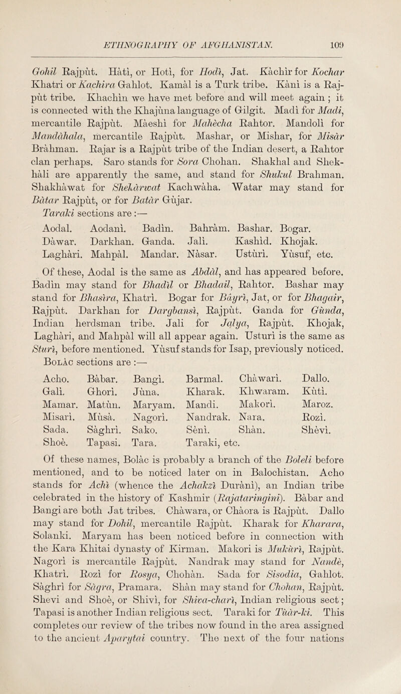 GoMl Rajput. Hati, or Hoti, for Hodl., Jat. Kachir for Khatri or Kachira Gralilot. Kamal is a Turk tribe. Kani is a Rai- put tribe. Kbacbin we have met before and will meet again ; it is connected with the Khajuna language of Grilgit. Madi for Madi^ mercantile Rajput. Maeshi for Alciheclia Rahtor. Mandoli for Alanddliala^ mercantile Rajput. Mashar, or Mishar, for Alisdr Brahman. Rajar is a Rajput tribe of the Indian desert, a Rahtor clan perhaps. Saro stands for Sora Chohan. Shakhal and Shek- hali are apparently the same, and stand for Bliulml Brahman. Shakhawat for Bhekdrwat Kachwaha. Watar may stand for Bcitar Rajput, or for Batdr Gujar. Taraki sections are :— Aodal. Aodani. Badin. Bahram. Bashar. Bogar. Dawar. Darkhan. Ganda. Jali. Kashid. Khojak. Laghari. Mahpal. Mandar. Nasar. Usturi. Yusuf, etc. Of these, Aodal is the same as Ahddl^ and has appeared before. Badin may stand for Bhadil or Bhadaily Rahtor. Bashar may stand for Bliasira^ Khatri. Bogar for Bdyrl^ Jat, or for Bhagair.^ Rajput. Darkhan for Darghansi^ Rajput. Ganda for Giinda., Indian herdsman tribe. Jali for Jqlya., Rajput. Khojak, Laghari, and Mahpal will all appear again. Usturi is the same as Sfu7% before mentioned. Yusuf stands for Isap, previously noticed. Bolac sections are :— Acho. Babar. Bangi. Barmal. Chawari. Dallo. Gali. Ghori. Jiina. Kharak. Khwaram. Kuti. Mamar. Matun. Maryam. Mandi. Makori. Maroz. Misari. Musa. Kagori. Nandrak. Kara. Rozi. Sada. Saghri. Sako. Seni. Shan. Shevi. Shoe. Tapasi. Tara. Taraki, etc. Of these names, Bolac is probably a branch of the Boleli before mentioned, and to be noticed later on in Balochistan. Acho stands for Acln (whence the Achakzi Durani), an Indian tribe celebrated in the history of Kashmir {Rajataringini). Babar and Bangiare both Jat tribes. Chawara, or Chaora is Rajput. Dallo may stand for Dohil^ mercantile Rajput. Kharak for Kharm^a^ Solanki. Maryam has been noticed before in connection with the Kara Khitai dynasty of Kirman. Makori is Alukiiri^ Rajput. Nagori is mercantile Rajput. Nandrak may stand for Nandej Khatri. Rozi for Rosya^ Chohan. Sada for Sisodia, Gahlot. Saghri for Sdgra^ Pramara. Shan may stand for Chohan, Rajput. Shevi and Shoe, or Shivi, for Shiva-chari, Indian religious sect; Tapasi is another Indian religious sect. Taraki for Tuch-M. This completes our review of the tribes now found in the area assigned to the ancient Aparytai country. The next of the four nations