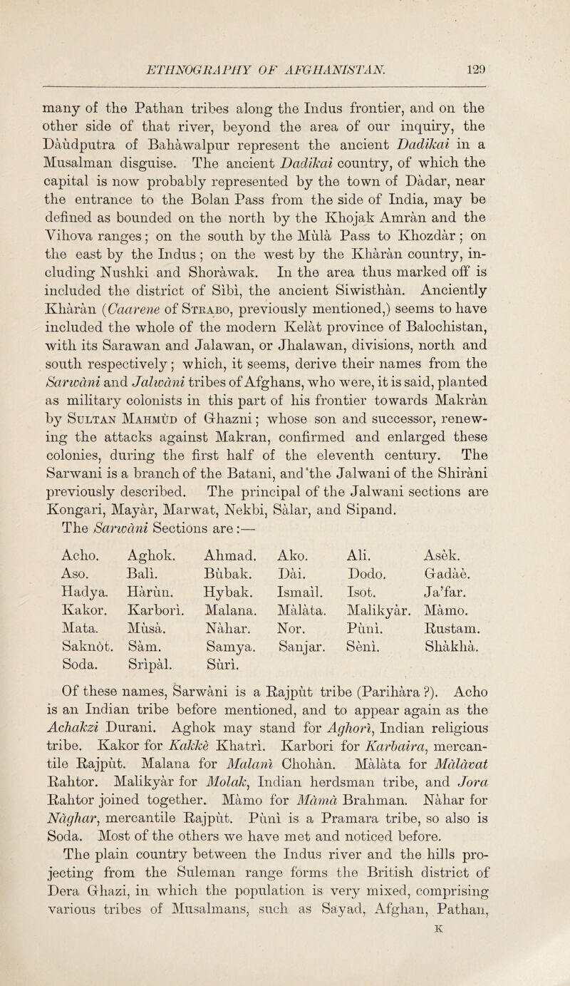 many of the Pathan tribes along the Indus frontier, and on the other side of that river, beyond the area of our inquiry, the Daudputra of Bahawalpur represent the ancient Dadikai in a Musalman disguise. The ancient Dadikai country, of which the capital is now probably represented by the town of Dadar, near the entrance to the Bolan Pass from the side of India, may be defined as bounded on the north by the Khojak Amran and the Vihova ranges; on the south by the Miila Pass to Khozdar ; on the east by the Indus ; on the west by the Kharan country, in- cluding Nushki and Shorawak. In the area thus marked off is included the district of Sibi, the ancient Siwisthan. Anciently Kharan {Caarene of Steabo, previously mentioned,) seems to have included the whole of the modern Kelat province of Balochistan, with its Sarawan and Jalawan, or Jhalawan, divisions, north and south respectively; which, it seems, derive their names from the Sarwdni and Jalwdni tribes of Afghans, who were, it is said, planted as military colonists in this part of his frontier towards Makran by Sultan Mahmud of Ghazni; whose son and successor, renew- ing the attacks against Makran, confirmed and enlarged these colonies, during the first half of the eleventh century. The Sarwani is a branch of the Batani, and‘the Jalwani of the Shirani previously described. The principal of the Jalwani sections are Kongari, Mayar, Marwat, Nekbi, SMar, and Sipand. The Sarwdni Sections are :— Acho. Aghok. Ahmad. Ako. Ali. Asek. Aso. Bali. Biibak. Dai. Dodo. Gadae. Hadya. Harun. Hybak. Ismail. Isot. JaTar. Kakor. Karbori. Malana. Malata. Malikyar. Mamo. Mata. Musa. Nahar. Nor. Puni. Rustam. Saknot. Sam. Saniya. Sanjar. Seni. Shakha. Soda. Sripal. Siiri. Of these names, Sarwani is a Kajput tribe (Parihara ?). Acho is an Indian tribe before mentioned, and to appear again as the Achakzi Durani. Aghok may stand for AgJiori^ Indian religious tribe. Kakor for Kakke Khatri. Karbori for Karhaira^ mercan- tile Kajput. Malana for Malani Chohan. Malata for Mdldvat Kahtor. Malikyar for Molak^ Indian herdsman tribe, and Jora Kahtor joined together. Mamo for Aldmd Brahman. Nahar for Ndghar^ mercantile Rajput. Piini is a Pramara tribe, so also is Soda. Most of the others we have met and noticed before. The plain country between the Indus river and the hills pro- jecting from the Sulernan range forms the British district of Dera Ghazi, in which the population is very mixed, comprising various tribes of Musalmans, such as Sayad, Afghan, Pathan, K