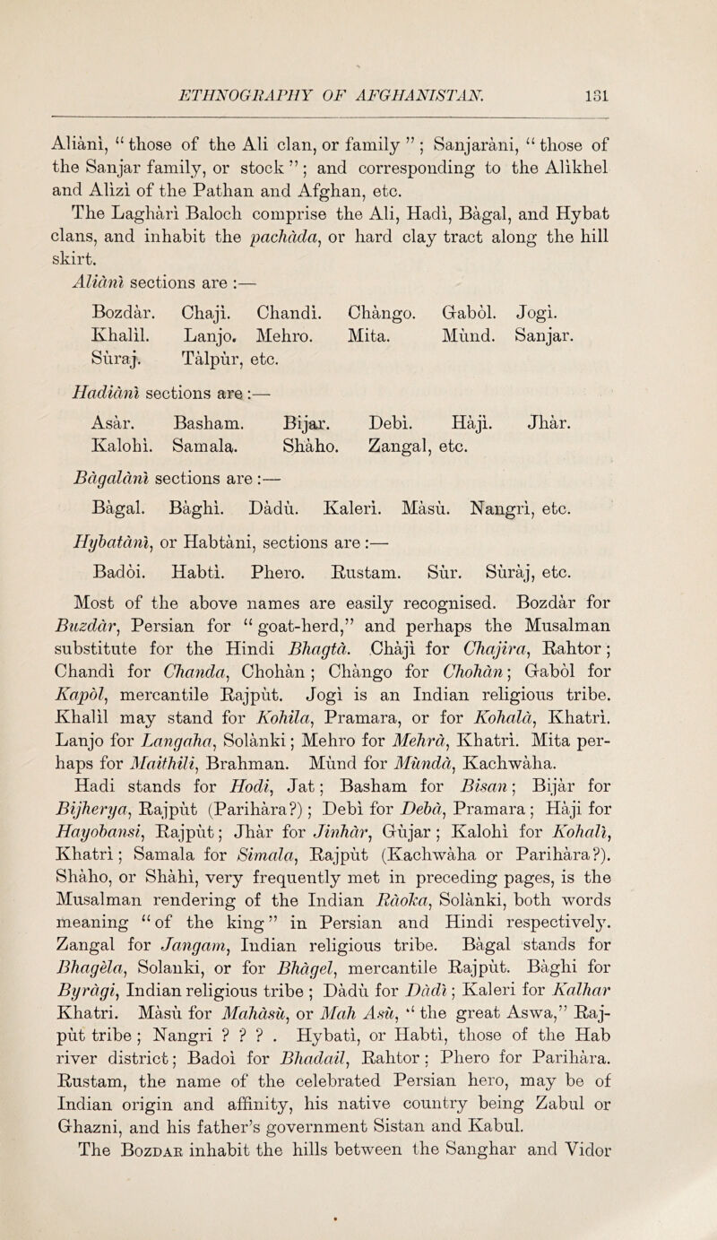 Aliani, “those of the Ali clan, or family ” ; Sanjarani, “those of the Sanjar family, or stock ” ; and corresponding to the Alikhel and Alizi of the Pathan and Afghan, etc. The Laghari Baloch comprise the Ali, Hadi, Bagal, and Hybat clans, and inhabit the pachdda., or hard clay tract along the hill skirt. Alidm sections are :— Bozdar. Khalil. Suraj. Chaji. Chandi. Lanjo. Mehro. Talpur, etc. Chango. Mita. Gabbl. Mund. Jogi. Sanjar. Haduml sections are :— Asar. Basham. Bijar. Debi. Haji. Jhar. Kalohi. Samala^. Shaho. Zangal, etc. Bdgaldni sections are :— Bagal. Baghi. Dadii. Kaleri. Masu. Nangri, etc. Hyhatdni^ or Habtani, sections are :— Badbi. Habti. Phero. Pustam. Shr. Suraj, etc. Most of the above names are easily recognised. Bozdar for Buzddr, Persian for “ goat-herd,’’ and perhaps the Musalman substitute for the Hindi Bhagtd. Chaji for Chajira., Pahtor; Chandi for CJimida^ Chohan ; Chango for Chohdn; Giabbl for Kapol.! mercantile Pajput. Jogi is an Indian religious tribe. Khalil may stand for Kohila.^ Pramara, or for Kohald.; Khatri. Lanjo for Langaha^ Solanki; Mehro for Alehrd, Khatri. Mita per- haps for Alaithili, Brahman. Mund for Miindd^ Kachwaha. Hadi stands for Hodi^ Jat; Basham for Bisan; Bijar for Bijherya^ Pajput (Parihara?); Hebi for Debd^ Pramara; Haji for Hayohansi^ Pajput; Jhar for Jhihdr., Gujar ; Kalohi for Kohali., Khatri; Samala for Simola^ Pajput (Kachwaha or Parihara?). Shaho, or Shahi, very frequently met in preceding pages, is the Musalman rendering of the Indian Rdolm^ Solanki, both words meaning “ of the king ” in Persian and Hindi respectivel3\ Zangal for Jangam^ Indian religious tribe. Bagal stands for Bhagela^ Solanki, or for Blidgel^ mercantile Pajput. Baghi for Byrdgi., Indian religious tribe ; Dadu for Dddi; Kaleri for Kalhar Khatri. Masu for Mahdsu, or Mali Asu^ “ the great Aswa,” Paj- put tribe ; Kangri ? ? ? . Hybati, or Habti, those of the Hab river district; Badoi for Bhadail^ Pahtor; Phero for Parihara. Pustam, the name of the celebrated Persian hero, may be of Indian origin and affinity, his native country being Zabul or Ghazni, and his father’s government Sistan and Kabul. The Bozdae inhabit the hills between the Sanghar and Vidor