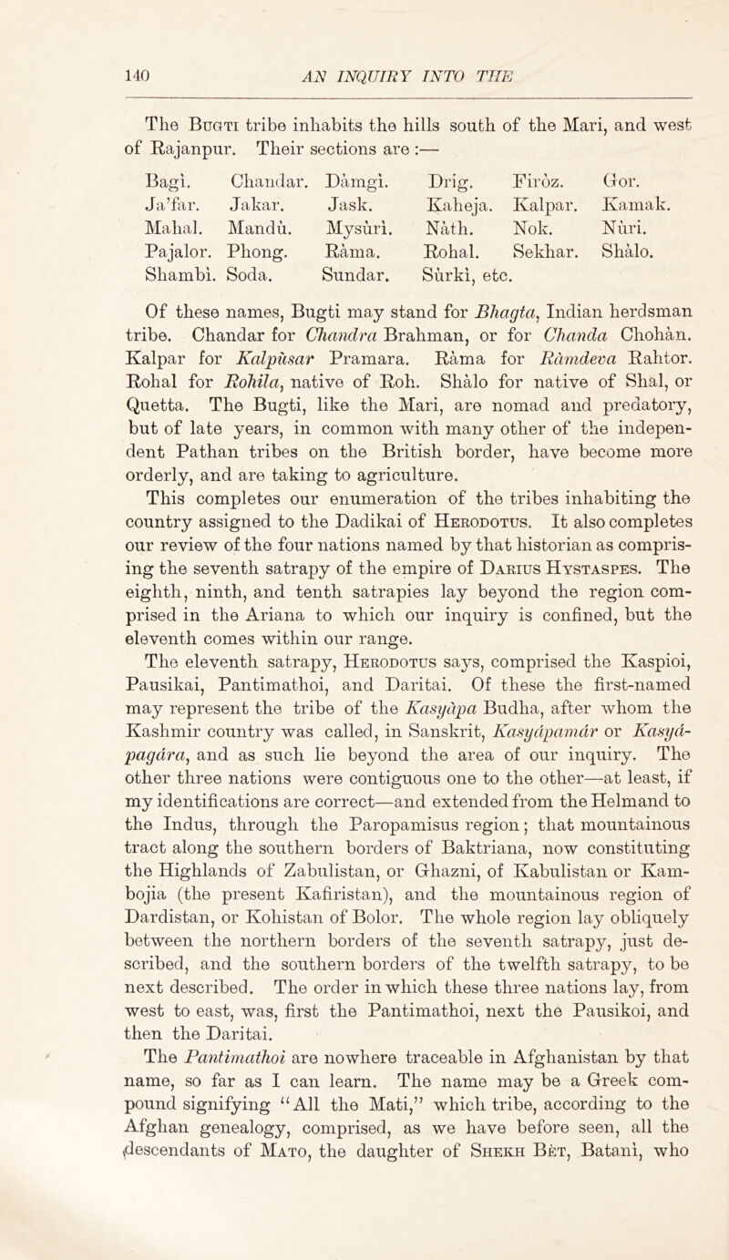 The Bugti tribe inhabits the hills south of the Mari, and west of Rajanpur. Their sections are :— Bagi. Chandar. Damgi. Drig. Firbz. Gor. Ja’far. Jakar. Jask. Kaheja. Kalpar. Kamak. Mahal. Mandu. Mysuri. Nath. Nok. Nuri. Pajalor. Shambi. Phong. Soda. Rama. Sundar. Rohal. Sekhar. Surki, etc. ShHo. Of these names, Bugti may stand for BJiagta^ Indian herdsman tribe. Chandar for Chandra Brahman, or for Chanda Chohan. Kalpar for Kalpusar Pramara. Rama for Rdmdeva Rahtor. Rohal for Rohila^ native of Roh. Shalo for native of Shal, or Quetta. The Bugti, like the Mari, are nomad and predatory, but of late years, in common with many other of the indepen- dent Pathan tribes on the British border, have become more orderly, and are taking to agriculture. This completes our enumeration of the tribes inhabiting the country assigned to the Dadikai of Heeodotus. It also completes our review of the four nations named by that historian as compris- ing the seventh satrapy of the empire of Daeius Hystaspes. The eighth, ninth, and tenth satrapies lay beyond the region com- prised in the Ariana to which our inquiry is confined, but the eleventh comes within our range. The eleventh satrapy, Heeodotus says, comprised the Kaspioi, Pausikai, Pantimathoi, and Daritai. Of these the first-named may represent the tribe of the Kasydpa Budha, after whom the Kashmir country was called, in Sanskrit, Kasydpamdr or Kasyd- pagdra^ and as such lie beyond the area of our inquiry. The other three nations were contiguous one to the other—at least, if my identifications are correct—and extended from the Helmand to the Indus, through the Paropamisus region; that mountainous tract along the southern borders of Baktriana, now constituting the Highlands of Zabulistan, or Ghazni, of Kabulistan or Kam- bojia (the present Kafiristan), and the mountainous region of Dardistan, or Kohistan of Bolor. The whole region lay obliquely between the northern borders of the seventh satrapy, just de- scribed, and the southern borders of the twelfth satrapy, to be next described. The order in which these three nations lay, from west to east, was, first the Pantimathoi, next the Pausikoi, and then the Daritai. The Pantimathoi are nowhere traceable in Afghanistan by that name, so far as I can learn. The name may be a Greek com- pound signifying “All the Mati,’’ which tribe, according to the Afghan genealogy, comprised, as we have before seen, all the ^descendants of Mato, the daughter of Shekh Bet, Batani, who