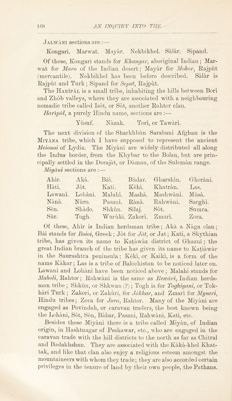 Jalwani sections are Kongari. Marwat. Mayar. Nekbikhel. Salar. Sipand. Of these, Kongari stands for Klimigar^ aboriginal Indian ; Mar- wat for Maro of the Indian desert; Mayar for Molior^ Kajpht (mercantile). Nekbikhel has been before described. Salar is Kajput and Turk; Sipand for Sepat^ Kajput. The Hakipal is a small tribe, inhabiting the hills between Bori and Zhob valleys, where they are associated with a neighbouring nomadic tribe called Isot, or Sot, another Kahtor clan. Haripal^ a purely Hindu name, sections are :— Yusuf. Nazak. Tori, or Tawari. The next division of the Sharkhbun Sarabani Afghan is the Miyana tribe, which I have supposed to represent the ancient Meionoi of Lydia. The Miyani are widely distributed all along the Indus border, from the Khybar to the Bolan, but are prin- cipally settled in the Derajat, or Daman, of the Suleman range. Miyani sections are :— Ahir. Aka. Bai. Budar. Gharshin. Gliorani. Hati. Jot. Kati. Kehi. Khatran. Las. Lawani. Lohani. Malahi. Masha. Mashwani. Musa. Nana. Nuro. Pasani. Pana. Pahwani. Sarghi. Smi. Shado. Shkun. Silaj. Sot. Sumra. Sur. Togh, W uruki. Zakori. Zmari. Zora. Of these, Ahir is Indian herdsman tribe ; Aka a Naga clan; Bai stands for Boioi^ Greek; Jot for Jdf, or Jat; Kati, a Skythian tribe, has given its name to Katawaz district of Ghazni; the great Indian branch of the tribe has given its name to Katiawar in the Saurashtra peninsula ; Keki, or Kaiki, is a form of the name Kakar; Las is a tribe of Balochistan to be noticed later on. Lawani and Lohani have been noticed above ; Malahi stands for Malioli^ Kahtor; Kahwani is the same as Rewciri^ Indian herds- man tribe ; Shkun, or Shkwan (?); Togh is for Togliiyani^ or Tok- hari Turk ; Zakori, or Zakuri, for Jakhar, and Zmari for Mysari^ Hindu tribes; Zora for Jbra, Kahtor. Many of the Miyani are engaged as Povindah, or caravan traders, the best known being the Lohani, Sot, Sen, Babar, Pasani, Pahwani, Kati, etc. Besides these Miyani there is a tribe called Miyan, of Indian origin, in Hashtnagar of Peshawar, etc., who are engaged in the caravan trade with the hill districts to the north as far as Chitral and Badakhshan. They are associated with the Kaka-khel Khat- tak, and like that clan also enjoy a religious esteem amongst the mountaineers with whom they trade; they are also accorded certain privileges in the tenure of land by their own people, the Pathans.