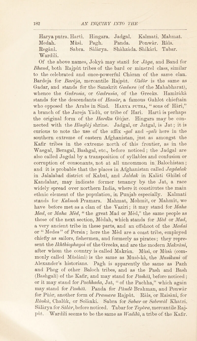 Harya putra. Harti. Hingara. Jadgal. Kalmati. Mahmat. Medah. Musi. Pagli. Panda. Ponwar. Pais. Pegani. Sabra. Salarya. Shalizada. Shikari. Tabar. Wardili. Of the above names, Jokya may stand for Jaga^ and Band for Bhand^ both Pajput tribes of the bard or minstrel class, similar to the celebrated and once-powerful Charan of the same clan. Bardeja for Bareja, mercantile Pajput. G'lddr is the same as Gradar, and stands for the Sanskrit Gadura (of the Mahabharat), whence the Gedrosia^ or Gadrusia^ of the Greeks. Hamiraka stands for the descendants of Hamlr^ a famous Gahlot chieftain who opposed the Arabs in Sind. Haeya putra, ‘‘ sons of Hari,” a branch of the Jareja Yadu, or tribe of Hari. Harti is perhaps the original form of the Hardin Gujar. Hingara may be con- nected with the Hinglaj shrine. Jadgal, or Jatgal, is Jat; it is curious to note the use of the affix -gal and -gall here in the southern extreme of eastern Afghanistan, just as amongst the Kafir tribes in the extreme north of this frontier, as in the Waegal, Beragal, Bashgal, etc., before noticed ; the Jadgal are also called Jagdal by a transposition of syllables and confusion or corruption of consonants, not at all uncommon in(Balochistan; and it is probable that the places in Afghanistan called Jagdalalc in Jalalabad district of Kabul, and JaldaU in Kalati Ghilzi of Kandahar, may indicate former tenancy by the Jat, a race widely spread over northern India, where it constitutes the main ethnic element of the population, in Punjab especially. Kalmati stands for Kalmoli Pramara. Mahmat, Mohmit, or Mahmit, we have before met as a clan of the Yaziri; it may stand for Alalia Alad^ or Alaha Aled, “ the great Mad or Med,” the same people as those of the next section, Medah, which stands for ATed or Afad^ a very ancient tribe in these parts, and an offshoot of the ATadai or “ Medes ” of Persia ; here the Med are a coast tribe, employed chiefly as sailors, fishermen, and formerly as pirates; they repre- sent the llchthiophagoi of the Greeks, and are the modern AlaJtrdnij after whom the country is called Makran. Musi, or Musa (com- monly called Musiani) is the same as Muse-ka, the Alusikani of Alexander’s historians. Pagh is apparently the same as Pazh and Phog of other Baloch tribes, and as the Pash and Bash (Bashgali) of the Kafir, and may stand for PasJidl^ before noticed ; or it may stand for Paclihada^ Jat, of the Pachha,” wJiich again may stand for Pashdl. Panda for Pdnde Brahman, and Ponwffi’ for Puar, another form of Pramara Pajput. Pais, or Paisani, for Rciolcd^ Chaluk, or Solanki. Sabra for Sabar or Sabrwdl Khatri. SHarya for Sdldr^ before noticed. Tabar for Tepdra^ mercantile Paj- put. Wardili seems to be the same as Wadilii^ a tribe of the Kafir.