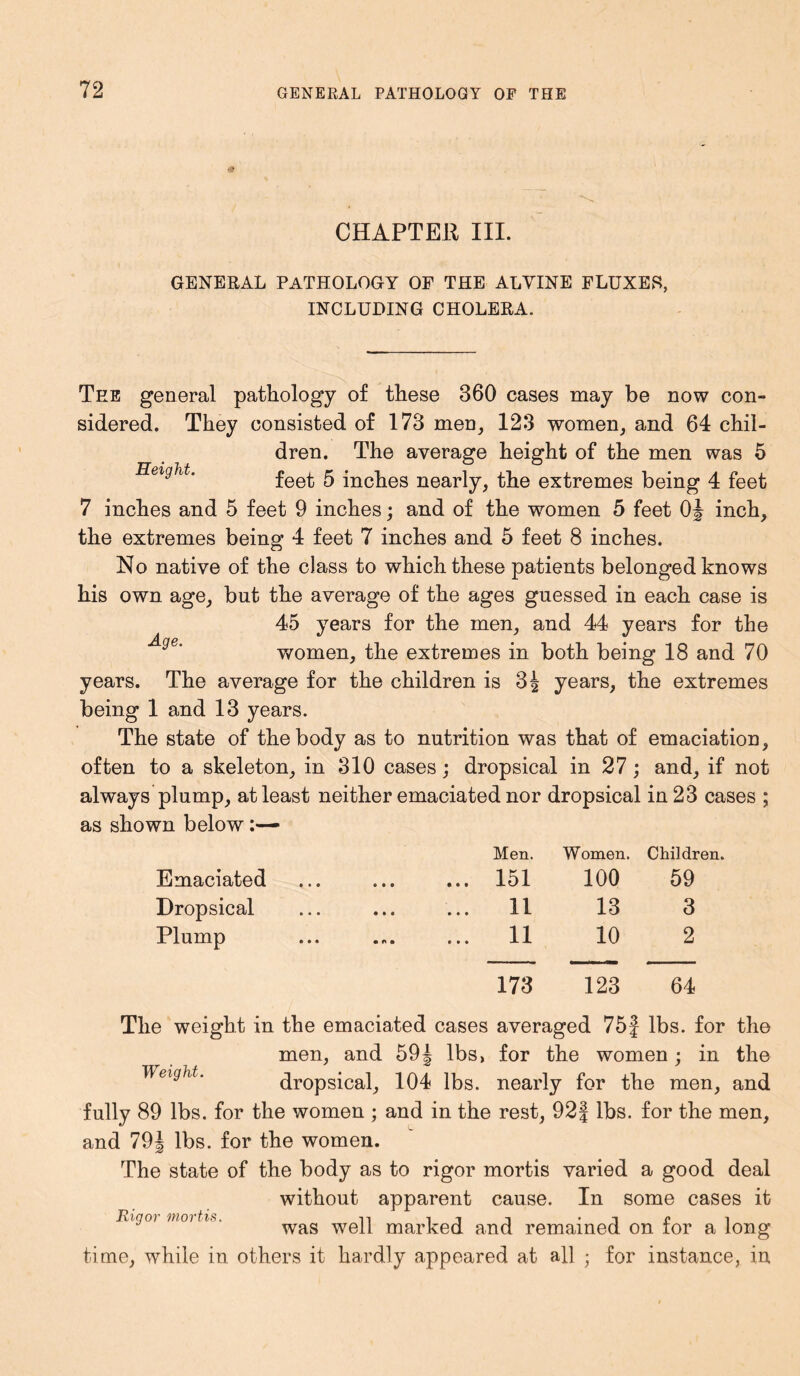 CHAPTER III. GENERAL PATHOLOGY OF THE ALYINE FLUXES, INCLUDING CHOLERA. Tee general pathology of these 360 cases may be now con- sidered. They consisted of 173 men, 123 women, and 64 chil- dren. The average height of the men was 5 Height. feet 5 inches nearly, the extremes being 4 feet 7 inches and 5 feet 9 inches; and of the women 5 feet 0\ inch, the extremes being 4 feet 7 inches and 5 feet 8 inches. No native of the class to which these patients belonged knows his own age, but the average of the ages guessed in each case is 45 years for the men, and 44 years for the women, the extremes in both being 18 and 70 years. The average for the children is 3| years, the extremes being 1 and 13 years. The state of the body as to nutrition was that of emaciation, often to a skeleton, in 310 cases; dropsical in 27; and, if not always plump, at least neither emaciated nor dropsical in 23 cases ; as shown below:—* Children. 59 3 2 Emaciated • • • Men. ... 151 Women. 100 Dropsical • • • ... 11 13 Plump • r» • ... 11 10 173 123 64 The weight in the emaciated cases averaged 75f lbs. for the men, and 59 J lbs> for the women; in the 'Weight. dropsical, 104 lbs. nearly for the men, and fully 89 lbs. for the women ; and in the rest, 92§ lbs. for the men, and 79J lbs. for the women. The state of the body as to rigor mortis varied a good deal without apparent cause. In some cases it RigOV VlOVtlS. ITT *T £ 1 was well marked and remained on tor a long time, while in others it hardly appeared at all ; for instance, in