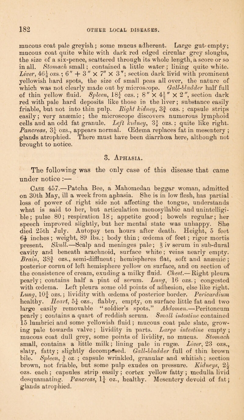 mucous coat pale greyish ; some mucus adherent. Large gut-empty; mucous coat quite white with dark red edged circular grey sloughs, the size of a six-pence, scattered through its whole length, a score or so in all. Stomach small; contained a little water ; lining quite white. Liver, 46| ozs.; 6 + 3  X 1 X 3'r; section dark livid with prominent yellowish hard spots, the size of small peas all over, the nature of which was not clearly made out by microscope. Gall-bladder half full of thin yellow fluid. Spleen, 18| ozs. ; 8  X 4| X 2, section dark red with pale hard deposits like those in the liver; substance easily friable, but not into thin pulp. Right kidney, 3f ozs. ; capsule strips easily; very anaemic ; the microscope discovers numerous lymphoid cells and an odd fat granule. Left kidney, 3f ozs.; quite like right. Pancreas, 3f ozs., appears normal. (Edema replaces fat in mesentery ; glands atrophied. There must have been diarrhoea here, although not brought to notice. 3. Aphasia. The following was the only case of this disease that came under notice :— Case 457.—Patcha Bee, a Mahomedan beggar woman, admitted on 30th May, ill a week from aphasia. She is in low flesh, has partial loss of power of right side not affecting the tongue, understands what is said to her, but articulation monosyllabic and unintelligi- ble ; pulse 80; respiration 18 ; appetite good ; bowels regular; her speech improved slightly, but her mental state was unhappy. She died 25th July. Autopsy ten hours after death. Height, 5 feet inches ; weight, 89 lbs.; body thin ; oedema of feet; rigor mortis present. Skull.—Scalp and meninges pale; § iv serum in sub-dural cavity and beneath arachnoid, surface white; veins nearly empty. Brain, 38f ozs., semi-diffluent; hemispheres flat, soft and aneemic ; posterior cornu of left hemisphere yellow on surface, and on section of the consistence of cream, exuding a milky fluid. Chest.— Right pleura pearly; contains half a pint of serum. Lung, 16 ozs.; congested with oedema. Left pleura some old points of adhesion, else like right. Lung, lOf ozs.; lividity with oedema of posterior border. Pericardium healthy. Heart, 5J ozs., flabby, empty, on surface little fat and two large easily removable “soldier’s spots.” Abdomen.—Peritoneum pearly ; contains a quart of reddish serum. Small intestine contained 15 lumbrici and some yellowish fluid ; mucous coat pale slate, grow- ing pale towards valve; lividity in parts. Large intestine empty ; mucous coat dull grey, some points of lividity, no mucus. Stomach small, contains a little milk; lining pale in rugse. Liver, 23 ozs., slaty, fatty; slightly decomposed. Gall-bladder full of thin brown bile. Spleen, f- oz. ; capsule wrinkled, granular and whitish; section brown, not friable, but some pulp exudes on pressure. Kidneys, 2-| ozs. each ; capsules strip easily ; cortex yellow fatty ; medulla livid desquamating. Pancreas, lj oz., healthy. Mesentery devoid of fat; glands atrophied.