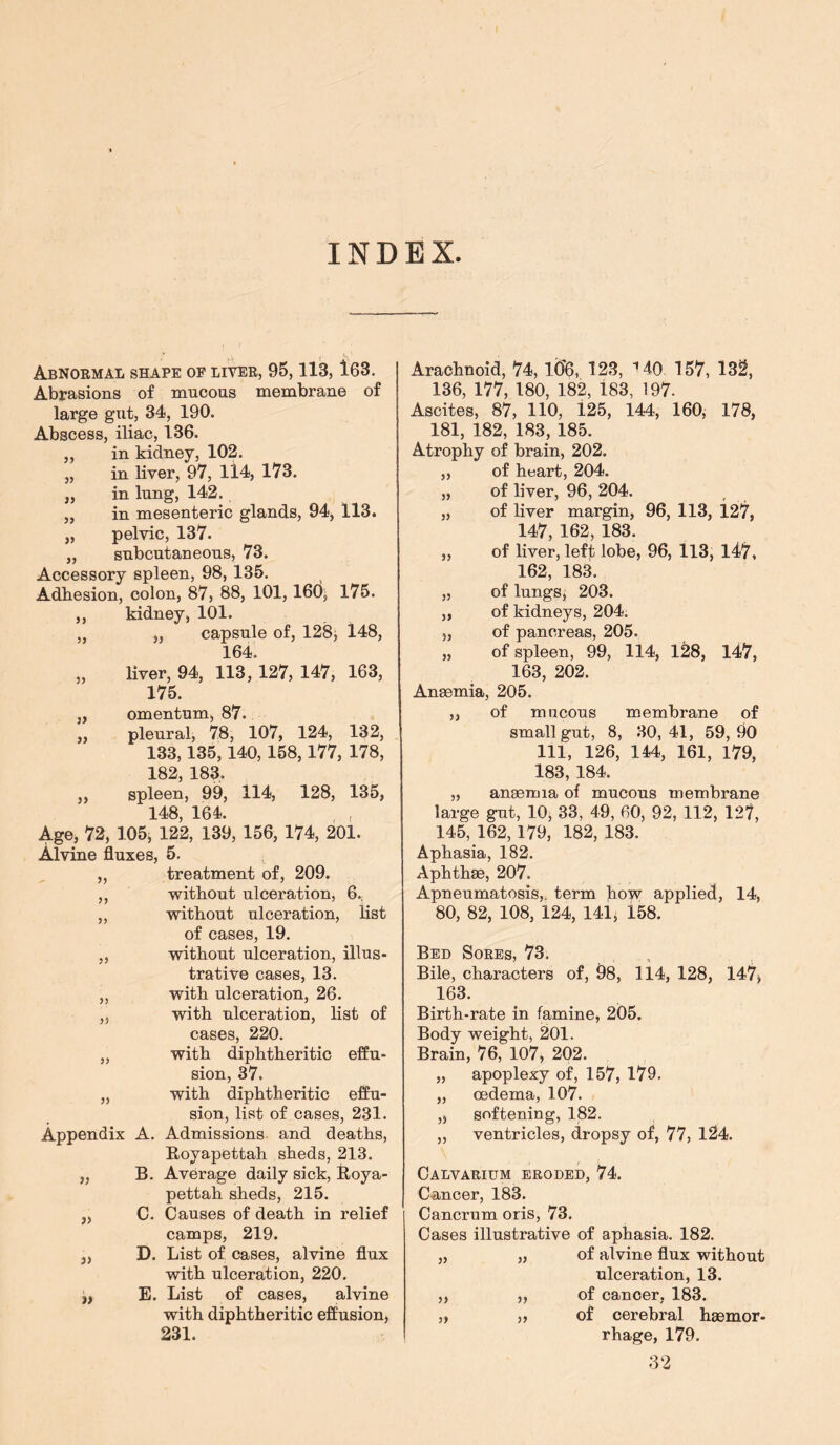 INDEX Abnormal shape of liver, 95,113,163. Abrasions of mucous membrane of large gut, 34, 190. Abscess, iliac, 136. „ in kidney, 102. „ in liver, 97, 114, 173. „ in lung, 142., ,, in mesenteric glands, 94, 113. „ pelvic, 137. „ subcutaneous, 73. Accessory spleen, 98, 135. Adhesion, colon, 87, 88, 101, 160^ 175. ,, kidney, 101. „ „ capsule of, 128j 148, 164. „ liver, 94, 113, 127, 147, 163, 175. „ omentum, 87. „ pleural, 78, 107, 124, 132, 133,135,140, 158, 177, 178, 182, 183. ,, spleen, 99, 114, 128, 135, 148, 164. . , Age, 72, 105, 122, 139, 156, 174, 201. Alvine fluxes, 5. ,, treatment of, 209. ,, without ulceration, 6. ,, without ulceration, list of cases, 19. ,, without ulceration, illus- trative cases, 13. ,, with ulceration, 26. „ with ulceration, list of cases, 220. „ with diphtheritic effu- sion, 37. „ with diphtheritic effu- sion, list of cases, 231. Appendix A. Admissions and deaths, Royapettah sheds, 213. „ B. Average daily sick, Roya- pettah sheds, 215. „ C. Causes of death in relief camps, 219. ,, D. List of cases, alvine flux with ulceration, 220. „ E. List of cases, alvine with diphtheritic effusion, 231. Arachnoid, 74, 1(16, 123, 140 157, 132, 136, 177, 180, 182, 183, 197. Ascites, 87, 110, 125, 144, 160, 178, 181, 182, 183, 185. Atrophy of brain, 202. „ of heart, 204. „ of liver, 96, 204. „ of liver margin, 96, 113, 127, 147, 162, 183. „ of liver, left lobe, 96, 113, 147, 162, 183. „ of lungs, 203. „ of kidneys, 204. „ of pancreas, 205. „ of spleen, 99, 114, 128, 147, 163, 202. Anaemia, 205. ,, of mucous membrane of small gut, 8, 30,41, 59,90 111, 126, 144, 161, 179, 183, 184. „ anaemia of mucous membrane large gut, 10, 33, 49, 60, 92, 112, 127, 145, 162, 179, 182, 183. Aphasia, 182. Aphthae, 207. Apneumatosis,. term how applied, 14, 80, 82, 108, 124, 141* 158. Bed Sores, 73. , Bile, characters of, 98, 114, 128, 147* 163. Birth-rate in famine, 205. Body weight, 201. Brain, 76, 107, 202. „ apoplexy of, 157, 179. „ oedema, 107. ,3 softening, 182. „ ventricles, dropsy of, 77, 124. Calvarium eroded, 74. Cancer, 183. Cancrum oris, 73. Cases illustrative of aphasia. 182. „ of alvine flux without ulceration, 13. „ of canoer, 183. „ of cerebral haemor- rhage, 179. 32 )> 5?