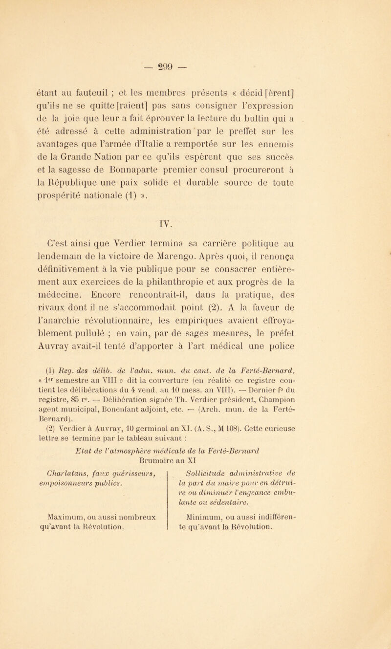 — 599 — étant au fauteuil ; et les membres présents « décid [èrent] qu’ils ne se quitte [raient] pas sans consigner l’expression de la joie que leur a fait éprouver la lecture du bultin qui a été adressé à cette administration par le preffet sur les avantages que l’armée d’Italie a remportée sur les ennemis de la Grande Nation par ce qu’ils espèrent que ses succès et la sagesse de Bonnaparte premier consul procureront à la République une paix solide et durable source de toute prospérité nationale (1) ». IV. C’est ainsi que Verdier termina sa carrière politique au lendemain de la victoire de Marengo. Après quoi, il renonça définitivement à la vie publique pour se consacrer entière- ment aux exercices de la philanthropie et aux progrès de la médecine. Encore rencontrait-il, dans la pratique, des rivaux dont il ne s’accommodait point (5). A. la faveur de l’anarchie révolutionnaire, les empiriques avaient effroya- blement pullulé ; en vain, par de sages mesures, le préfet Auvray avait-il tenté d’apporter à l’art médical une police (1) Reg. des délib. de Vadm. mun. du ceint, de la Fer té-Bernard, « 1er semestre an VIII » dit la couverture (en réalité ce registre con- tient les délibérations du 4 vend, au 10 mess, an VIII). — Dernier f° du registre, 85 r°. — Délibération signée Th. Verdier président, Champion agent municipal, Bonenfant adjoint, etc. — (Areh. mun. de la Ferté- Bernard). (2) Verdier à Auvray, 10 germinal an XI. (A. S., M 108). Cette curieuse lettre se termine par le tableau suivant : Etat de Vatmosphère médicale de la Ferté-Bernarcl Brumaire an XI Charlatans, faux guérisseurs empoisonneurs publics. Sollicitude administrative de la part du maire pour en détrui- re ou diminuer Vengeance embu- lante ou sédentaire. Maximum, ou aussi nombreux qu’avant la Révolution. Minimum, ou aussi indifféren- te qu’avant la Révolution.