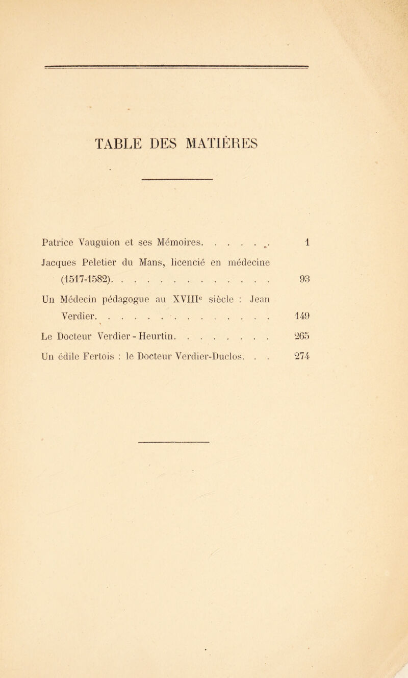 TABLE DES MATIÈRES Patrice Vauguion et ses Mémoires 1 Jacques Peletier du Mans, licencié en médecine (1517-1582) 93 Un Médecin pédagogue au XVIIIe siècle : Jean Verdier 149 Le Docteur Verdier - Heurtin 265 Un édile Fertois : le Docteur Verdier-Duclos. . . 274