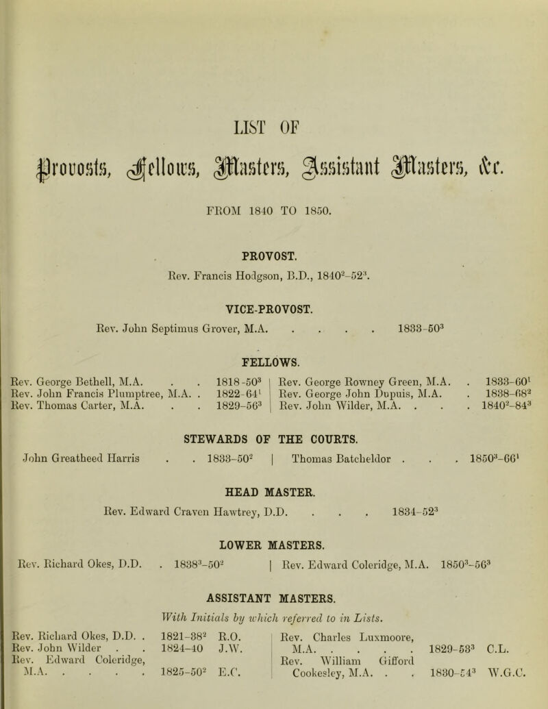 FROM 1840 TO 1850. PROVOST. Rev. Francis Hodgson, B.D., 18402-523. VICE-PROVOST. Rev. John Septimus Grover, M.A. .... 1833-503 FELLOWS. Rev. George Bethell, M.A. . . 1818-503 I Rev. George Rowney Green, M.A. . 1833-GO1 Rev. John Francis Plumptree, M.A. . 1822-641 Rev. George John Dupuis, M.A. . 1838-082 Rev. Thomas Carter, M.A. . . 1829-563 | Rev. John Wilder, M.A. . . . 18402-843 STEWARDS OF THE COURTS. John Greatheed Harris . . 1833-502 I Thomas Batcheldor . . . 18503-66' HEAD MASTER. Rev. Edward Craven Hawtrey, D.D. . . . 1834-523 LOWER MASTERS. Rev. Richard Okes, D.D. . 18383-502 | Rev. Edward Coleridge, M.A. 18503-5G3 ASSISTANT MASTERS. With Initials by which referred to in Lists. Rev. Richard Okes, D.D. . 1821-382 R.O. Rev. Charles Luxmoore, Rev. John Wilder 1824-40 J.W. M.A 1829-533 C.L. Rev. Edward Coleridge, Rev. William Gifford M.A 1825-502 E.C. Cookesley, M.A. . 1830-543 W.G.C