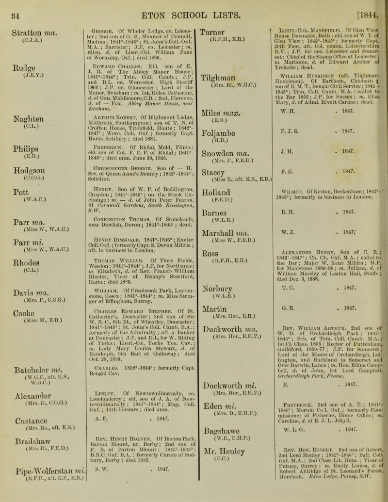 Stratton via. (O.J.A.) Ruclge (J.K.Y.) Nagliten (C.L.) Philips (E.B.) Hodgson (C.O.G.) George. Of Wilder Lodge, co. Leices- ter ; 2ml son of G. S., Member of Council, Madras; 1H11J-1845:1 ; St. John’s Coll. Oxf. M.A.. ; Barrister; J.P. co. Leicester; m. Ellen, d. of Lieut.-Col. William Fane of Wormsley, Oxf.; died 1895. Edward Charles. Ell. son of E. J. It. of The Abbey Manor House; 1841a-1846a; Trill. Coll. Climb.; J.F. and D.L. co. Worcester, High Sheriff 18(16; J.P. co. Gloucester; Lord of the Manor, Evesham ; m. 1st, Helen Catherine, </.of Gen. Middlemore,C.B.; 2nd, Florence, d. of — Fox. Abbey Manor House, near Evesham. Arthur Rorert. Of Blighmont Lodge, Millbrook, Southampton ; son of T. N. of Crofton House, Titchfleld, Hants; 1842a- 1847' ; Wore. Coll. Oxf. ; formerly Cai>t. Hants Artillery ; died 1881. Frederick. Of RhUal, Mold, Flints; eld. son of Col. F. C. P. of RhUal; 1841’- 1845’; died unm. June 30, 1866. Christopher George. Son of — H. Sec. of Queen Anne's Bounty ; 1842‘-1844a; Solicitor. Turner (R.F.H., E.B.) Tilghman (Mrs. Ri., W.G.C.) LrEUT.-CoL. Mansfield. Of Glen View House. Downside, Batli ; eld. son of W. T. of Glen View ; 1842’-1845’; formerly Capt. 20th Foot, aft. Col. comm. Leicestershire R.V.; J.P. for cos. Leicester and Somer- set ; Chief of the Stamp Office at Leicester ; m. Marianne, d. of Edward Archer of Trelaske ; dead. William Huskisson (aft. Tilghman- Huskisson). Of Eartham, Chichesb ; son of R. M. T., Bengal Civil Service; 1842 - 1845a; Trim Coll. Camb. M.A. ; called to the Bar 1855; J.P. for Sussex; in. Eliza Mary, d. of Adml. Rivett Oarnac ; dead. Miles max. (R.O.) Foliambe (H.D.) Snowden via. (Mrs. P., F.E.D.) Stacey (Miss B., aft. K.S., E.B.) W. H. . 1847. F. J. S. . 1847. j. n. . 1847. F. E. . 1847. Pott (W.A.C.) Parr via. (Miss W., W.A.C.) Henry. Son of W. P. of Beddington, Croydon ; 1841:l-1845a; on the Stock Ex- change ; m. — d. of John Peter Fearon. 81 Corntcall Gardens, South Kensinytun, S.W. Conrington Thomas. Of Stonelands, near DawUsh, Devon ; 184P-18461; dead. Parr mi. (Miss W., W.A.C.) Henry Dimsdale. 18413-1846s; Exeter Coll. Oxf.; formerly Capt. S. Devon Militia ; aft. in business in London. Rhodes (C.L.) Davis via. (Mrs. P., O.O.O.) Thomas William. Of Flore Fields, Weedon; 184P-18442 ; J.P. for Northants; ?77. Elizabeth, d. of Rev. Francis William Rhodes, Vicar of Bishop’s Stortford, Herts: died 1885. William. Of Cranbrook Park, Leyton- stone, Essex : 1841’-IS!!3 ; in. Miss Strin- ger of Effingham, Surrey. Cooke (Miss M., E.B.) Batchelor mi. (W.U.C., aft. li.S., W.G.C.) Charles Edward Stephen. Of St. Catherine's, Doncaster; 2nd son of Sir W. B. 0.. 8th Bt., of Wheatley, Doncaster ; 18412-1845’; St. John's Coll. Camb. B.A.; formerly of the Admiralty ; aft. a Banker at Doncaster ; J.P. and D.L. for W. Riding of Yorks; Lieut.-Col. Yorks Yeo. Cav.; 7«. Lady Mary Louisa Stewart, d. of Randolph, 9th Earl of Galloway; died Oct. 28, 1895. Charles. 1838a-18443; formerly Capt. Bengal Cav. Alexander (Mrs. D„ C.O.G.) Custance (Mrs. Ro., aft. K.S.) Lesley. Of Newtownlimavady, co. Londonderry ; eld. son of J. A. of New- townlimava ly ; 1841 “—l844“; Mag. Coll, Oxf. ; Uth Hussars ; died unm. A. F. . 1847. Bradshaw (Mrs. Ri., F.E.D.) Rev. Henry Holden. Of Barton Park, Barton Blount, nr. Derby; 2nd son of F. B. of Barton Blount: 1843'-1845; B.N.C. Oxf. B.A. ; formerly Curate of Sud- bury, Derby ; died 1883. Pipe-Wolferstan mi. (R.F.H., aft. K.S., E.B.) S. W. . 1847. Holland (F.E.D.) Barnes (W.L.E.) Marshall via. (Miss W., F.E.D.) Ross (R.F.H., E.B.) Noi'bury (W.L.E.) Martin (Mrs. Hor., E.B.) Duckworth via. (Mrs. Hor., E.H.P.) Duckworth mi. (Mrs, Hor., E.H.P.) Eden mi. (Mrs. D., E.H.P.) Bagshawe (W.E., E.H.P.) Mr. Henley (E.O.) Wii.mot. OfKeston,Beckenham; 1812’-' 1845-; formerly in business in London. R. H. . 1847. W. J. . 1847J Alexander Henry. Son of C. R.; 18431—1847 : Ch. Ch. Oxf. M.A.; caUed to the Bar; Major W. Kent Militia; M.P. for Maidstone 1880-88 ; m. Juliana, d. of William Moseley of Leatoii Hall, Staffs ; died Dec. 3, 1888. T. C. . 1847. G. E. . 1847. Rev. William Arthur. 2nd son of W. D. of Ovehardleigh Park; 1842’- 1846’; Sch. of Trill. Coll. Camb. M.A.; 1st Cl. Class. 1853 ; Rector of Puttenham, Guildford, 1859-77 ; J.P. for Somerset; Lord of the Manor of Orehardleigh, Lul- lington, and Bucklaml in Somerset and Over Darwin, Lancs ; m. Hon. Edina Camp- bell, d. of John, 1st Lord Campbell. Orehardleigh l'ark, Frome. R. . 1847. Frederick. 2nd son of A. E.; 1841*- 1846a; Merton Co l. Oxf.; formerly Com- missioner of Fisheries, Home Office; in. Caroline, d. of E. J. L. Jekyll. W. L. G. . 1847. Rev. Hon. Robert. 2nd son of Robert, 2nd Lord Henley ; 1842M84U3; Ball. Colli Oxf. M.A.; 2nd Class Lit. Hum. ; Vicar of Putney, Surrey; in. Emily Louisa, d. of Robert Aldridge of St. Leonard's Forest, Horsham. Eden Lodge. Putney, .S.U\