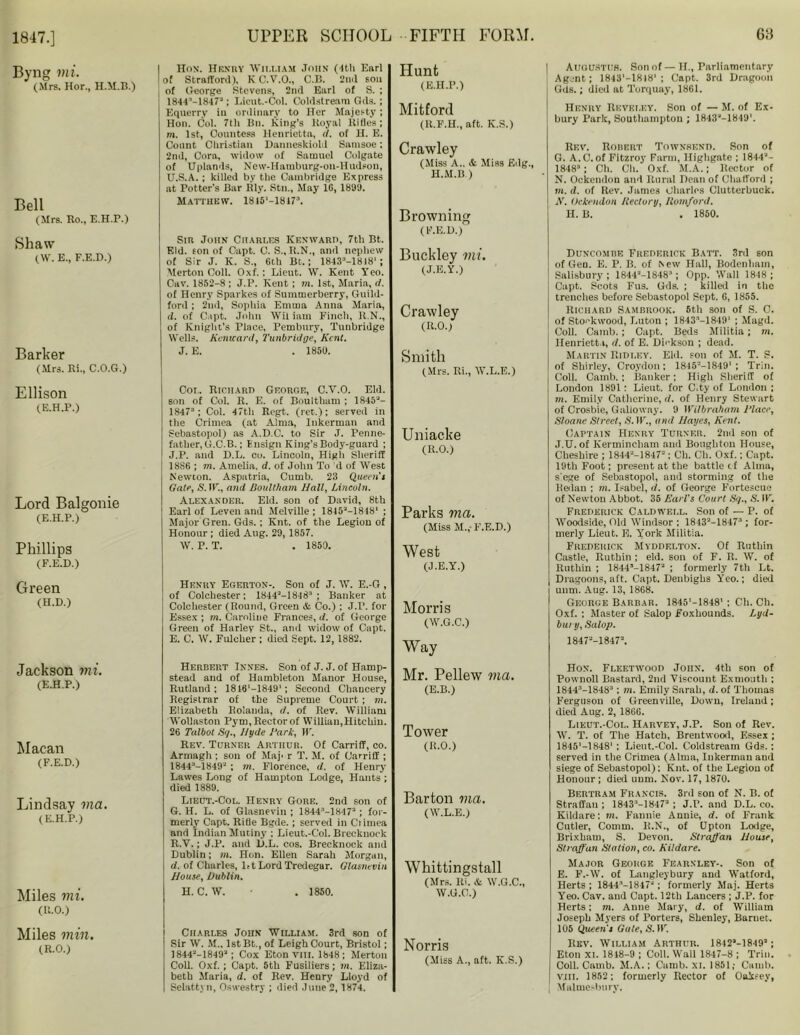 1847.] Byng mi. (Mrs. Hor., H.M.B.) Bell (Mrs. Ro., E.H.P.) Shaw (W. E., F.E.D.) Barker (Mrs. Ri., C.O.G.) Ellison (E.H.P.) Lord Balgonie (E.H.P.) Phillips (F.E.D.) Green (H.D.) Jackson mi. (E.H.P.) Macan (F.E.D.) Lindsay via. (E.H.P.) Miles mi. (R.o.) Miles min. (R.O.) I Hon. Heniiy William John (-lth Earl [ of Strafford), K C.V.O., C.B. 2nd son of George Stevens, 2nd Earl of S. ; 1844M8473 ; Lieut.-Col. Coldstream Gds.; Equerry in ordinary to Her Majesty ; Hon. Col. 7th Bn. King’s Royal Rifles ; m. 1st, Countess Henrietta, <7. of H. E. Count Christian Danneskiold Samsoe: 2nd, Cora, widow of Samuel Colgate of Uplands, New-Hamburg-on-Hudson, U.S.A. ; killed by the Cambridge Express at Potter's Bar Rly. Stn., May 16, 1899. Matthew. 1815‘-1817\ Sin John Charles Ken ward, 7th Bt. Eld. ton of Capt. C. S., R.N., and nephew of Sir J. K. S., 6th Be,; 1843M818'; Merton Coll. Oxf.: Lieut. W. Kent Yeo. Oav. 1862-8; J.P. Kent; in. 1st, Maria, cl. of Henry Spavkes of Summerberry, Guild- ford ; 2nd, Sophia Emuia Anna Maria, d. of C.ipt. John Wit iam Finch, R.N., of Knight’s Place, Pembury, Tunbridge Wells. Kentcard, Tunbridge, Kent. J. E. . 1850. Cot.. Richard George, C.V.O. Eld. son of Col. R. E. of Boultliam ; 1845'- 1S473; Col. 47tb Regt. (ret.); served in tlie Crimea (at Alma, Inkerman and Sebastopol) as A.D.C. to Sir J. Fenne- father, G.C.B.; l nsign King’s Body-guard ; J.P. and D.L. co. Lincoln, Higli Sheriff 18S6 ; m. Amelia, d. of John To d of West Newton. Aspatria, Curnb. 23 Queen i Gate, S. IF., and Boultham Hall, Lincoln. Alexander. Eld. son of David, 8th Earl of Leven and Melville; 1845a—18481 ; Major Gren. Gds. ; Knt. of the Legion of Honour ; died Aug. 29, 1857. W. P. T. . 1850. Henry Egerton-. Son of J. W. E.-G , of Colchester; 1844’-1848 ; Banker at Colchester (Round, Green & Co.) : J.P. for Essex ; m. Caroline Frances, d. of George Green of Harley St., and widow of Capt. E. C. W. Fulcher ; died Sept. 12, 1882. Herbert Innes. Son of J. J. of Hamp- stead and of Hambleton Manor House, Rutland; 1816‘—1849*; Second Chancery Registrar of the Supreme Court ; m. Elizabeth Rolanda, d. of Rev. William Wollaston Pym, Rector of Williau,Hitchin. 26 Talbot Sq., Hyde Hark, IF. Rev. Turner Arthur. Of Carriff, co. Armagh ; son of Maj• r T. M. of Carriff ; 18443-18493 ; in. Florence, d. of Henry Lawes Long of Hampton Lodge, Hants ; died 1889. Lieut.-Col. Henry Gore. 2nd son of G. H. L. of Glasnevin ; 18443-18473 ; for- merly Capt. Rifle Bgde.; served in Ci imea and Indian Mutiny ; Lieut.-Col. Brecknock R.V.; J.P. and D.L. cos. Brecknock and Dublin; m. Hon. Ellen Sarah Morgan, d. of Charles, lrt Lord Tredegar. Glasnevin House, Dublin. H. C. W. . 1850. Hunt (E.H.P.) Mi t ford (R.F.H., aft. K.S.) Crawley (Miss A.. & Miss Edg., H.M.B ) Browning (F.E.D.) Buckley mi. (J.E.Y.) Crawley (U.O.) Smith (Mrs. Ri., W.L.E.) Uniacke (R.O.) Parks ma. (Miss M.,- F.E.D.) West (J.E.Y.) Morris (W.G.C.) Way Mr. Pellew ma. (E.B.) Tower (R.O.) Barton ma. (W.L.E.) Whittingstall (Mrs. Ri. & W.G.C., W.G.C.) Charles John William. 3rd son of Sir W. M„ IstBt., of Leigh Court, Bristol; 1844a-1849a; Cox Etonvm. 1848 : Merton Coll. Oxf. ; Capt. 5th Fusiliers; in. Eliza- beth Maria, d. of Rev. Henry Lloyd of Selattyn, Oswestry ; died June 2, 1874. Norris (Miss A., aft. K.S.) | Augustus. Son of — FI., Parliamentary Agent; 1843'-1818‘ ; Capt. 3rd Dragoon Gds.; died at Torquay, 1861. Henry Reveley. Son of — M. of Ex- bury Park, Southampton ; 1843'J-1849'. Rev. Robert Townsend. Son of G. A.C.of Fitzroy Farm, Highgate ; 1844'- 18483 ; Ch. Cli. Oxf. M.A.; Rector of N. Ockendon and Rural Dean of Chafford ; m. d. of Rev. James Charles Clutterbuck. i -V. Ockendon Kectory, llomford. H. B. . 1850. Duncomre Frederick Batt. 3rd son of Gen. E. P. B. of New Hall, Bodenham, Salisbury; 1844'-18483 ; Opp. Wall 1848 ; Capt. Scots Fus. Gds. ; killed in the trenches before Sebastopol Sept. 6, 1855. Richard Sambrook. 6th son of S. 0. of Storkwood, Luton ; 18433-1849‘ ; Magd. Coll. Camb. ; Capt. Beds Militia ; in. I Henrietta, d. of E. Db'kson ; dead. Martin Ridley. Eld. son of M. T. S. of Shirley, Croydon : 1845=—1849* ; Trim Coll. Camb. ; Banker; High Sheriff of London 1891: Lieut, for C.ty of London: in. Emily Catherine,!/, of Henry Stewart of Crosbie, Galloway. 9 Wilbraham Place, Sloane Street, S. II’., and Hayes, Kent. Captain Henry Turner. 2nd son of J.U.of Kermincham and Bongbton House, Cheshire ; 1844'-18473; Ch. Ch. Oxf.; Capt. 19th Foot; present at the battle if Alma, s'ege of Sebastopol, and storming of the Redan ; in. Isabel, </. of George Fortescue of Newton Abbot. 35 Earl's Court Sq., S. IF. Frederick Caldwell. Son of — P. of Woodside, Old Windsor : 18433-18473 ; for- merly Lieut. E. York Militia. Frederick Myddelton. Of Ruthin Castle, Ruthin ; eld. son of F. R. W. of Ruthin ; 18443-18473 ; formerly 7th Lt. Dragoons, aft. Capt. Denbighs Yeo.; died uum. Aug. 13, 1868. George Barbar. 1845'-1848' ; Ch. Ch. Oxf. ; Master of Salop Foxhounds. Lyd- bury, Salop. 18472-18472. Hon. Fleetwood John. 4th son of Pownoll Bastard, 2nd Viscount Exmouth ; 18443-18483: in. Emily Sarah, d. of Thomas Ferguson of Greenville, Down, Ireland; died Aug. 2, 1866. Lieut.-Col. Harvey, J.P. Son of Rev. W. T. of The Hatch, Brentwood, Essex ; 1845*—1848'; Lieut.-Col. Coldstream Gds.; served in the Crimea (Alma, Inkerman and siege of Sebastopol); Knt. of the Legion of Honour; died uum. Nov. 17, 1870. Bertram Francis. 3rd son of N. B. of Straffau ; 18433-18473 ; J.P. and D.L. co. Kildare: in. Fannie Annie, d. of Frank Cutler, Comm. li.N., of Upton Lodge, Brixbam, S. Devon. Straffau House, Straffau Station, co. Kildare. Major George Fearnley-. Son of E. F.-W. of Langleybury and Watford, Herts ; 1844M817'; formerly Maj. Herts Yeo. Cav. and Capt. 12th Lancers ; J.P. for Herts; in. Anne Mary, d. of William Joseph Myers of Porters, Shenley, Barnet. 106 Queen's Gate, S. IF. Rev. William Arthur. 18423-18493 ; Eton xi. 1848-9 ; Coll. Wall 1847-8 ; Trim Coll. Camb. M.A.; Camb. XI. 1851; Caiub. viii. 1852; formerly Rector of Oaisey, Malmesbury.