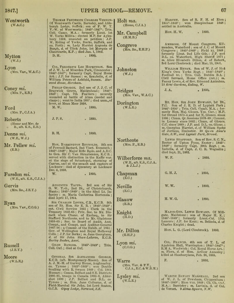 Wentworth (W.A.O.) Mytton (W.J.) Lyon (Mrs. Yav., W.A.C.) Coney mi. (Mrs. P., E.B.) Ford (Mrs. P., C.J.A.) Roberts (Home and Mrs. de It., aft. K.S., E.B.) Denne mi. (W.E., W.J.) Mr. Pellew mi. (E.B.) Fursdon mi. (W.E., aft. K.S., C.J.A.) Thomas Frederick Chaui.es Vernon- Of Wentworth Castle, Barnsley, anil Alde- burgh Lodge, Suffolk: son of F. W. T. V. -W. of Wentworth; ISdS’-lSd?3; Trim Coll. Camo. M.A.; formerly Lieut. 1st W. Yorks Militia ; elected M.P. for Ayles- bury 1859, unseated on petition; J.P. W. Riding of Yorks, Bucks, Suffolk, and CO. Perth ; Lady Harriet Augusta de Burgh, d. of Ulick John, 1st Marquis of Clanricarde, K.P.; died Jan. 1, 19u2. D. H. . 1850. Holt via. (Home, C.J.A.) Mr. Campbell (H.M.B.) Congreve (Mrs. Ilo., E.H.P.) Cor,. Frederick Lee HorKiNSON. Son of J. W. L. of Miserdeu Park, Cirencester ; 1846J-1847; formerly Capt. Royal Horse Art.; J.P. for Sussex ; m. Rosabelle, </. of William Peters of Ashfold, Sussex. Har- irood House, Horsham. Phii.ip George. 2nd son of J. J. C. of Braywick Grove, Maidenhead; 1846- 1848' ; Capt. 7tli Fusiliers ; severely wounded at battle of Alma (medal and clasps); went to India 1857 ; died unm.,of fever, at Mean Meer 1858. M. W. . 1850. Johnston (W.J.) Bridges (Mrs. Yav., W.A.C.) Dorington (W.L.E.) J. P. S. . 1850. R. H. . 1850. Harvey. Son of It. F. H. of Eton ; 184P-1849'; won Steeplechase 1848 ; settled in Australia. Hon. H. W. . 1850. Ambrose. Of Mount Congreve, Kil- meaden, Waterford ; son of J. C. of Mount Congreve ; 1845M849' ; Field XI. 1848 ; formerly Lieut. 2nd Life Gds.; J.P. and D.L. co. Waterford, High Sherifl 1871 ; m. Alice Elizabeth Dillon, d. of Robert, 3rd Lord Clonbrock ; died Mar. 15, 1901. Wim.iam Henry. Son of W. J. of 5Ht King’s Own Yorks ltegt. ; 1846'-1848;‘ ; Football xr. ; Trim Coll. Dublin B.A. ; Civil Servant, Home Office (ret.); m. Fanny Lewis, d. of Rev. Edmund Antrobus. 13 Kent Gardens, Ealing, IK. J. A. . 1350. Rt. Hon. Sir John Edward, 1st Bt., P.0. Son of J. E. D. of Lypiatt Park ; 1846‘—1850' ; Trim Coll. Oamb. M.A. ; for- merly Hon. Maj. Gloucs. Yeo. Cav.; M.P. for Stroud 1873-4 and for N. Gloucs. since 1886 ; Ckmn. Qr. Sessions 1878-89 ; Commr. in Lunacy since 1892; Chmn. of Gloucs. C.C. since 1889 ; J.P. and D.L. co. Glouc. ; m. Georgina Harriet, d. of William Speke of Jordans, llminster. 30 Qwen Anne's Gate, S. IK., and Lypiatt Park, Stroud. Hon. Barrington Reynolds. 5th son of Pownoll Bastard, 2nd Visct. Exmouth ; 18452-1848:1; Major Rifle Bgde. and A.D.C. to Gen. Sir C. Van Straubenzee, K.C B.; served with distinction in the Kaffir war. at the siege of Sebastopol, storming of Canton, and at the assault and capture of Lucknow; died of dysentery at Lucknow Dec. ti, 1858. W. . 1850. Northcote (Mrs. P., E.B.) Wilber force via. (W.E., aft.K.S., C.J.A. & J.L.J.) Chapman (E.C.) Lewis Stafford. Son of Rev. S. C. N., Rector of Upton Pyne, Exeter ; 1845'- 1848 ; formerly Capt. 39th Regt. ; m. Isabella, d. of Capt. J. 0. R. Weguelin ; died Sept. 21, 1882. W. F. . 1850. G. H. J. . 1850. Gervis (Mrs. Ro., J.E.Y.) Ryan (Mrs. Yav., C.O.G.) Russell (J.E.Y.) Moore (W.L.E.) Augustus Tatps-. 3rd son of Sir G. W. T.-G., 2nd Bt., of Christchurch, Hants: 1845-1849' ; in the 52ml Lt. In- fantry ; m. Maria Catherina Hortensia ; dial April 17, 1864. Sir Charles Lister, C.B., K.C.B. 5th son of Rt. Hon. Sir E. R. ; 18453-1849=; ent,. Civil Service 1851 ; Clerk in the Treasury 1852-65 ; Priv. Sec. to Mr. Dis- raeli when Chanc. of Excheq., to Sir Stafford Northcote. and to Mr. Gladstone 1859-65 ; Sec. to Board of Audit. Asst. Compt., and Compt. and Auditor-General 1887-96 ; a Commr. of the Exhib. of 1851; Gov. of Wellington and Royal Holloway Colls. ; J.P. for Berks ; m. Jane Georgians, d. of Sir John Shaw-Lefevre, K.C.B. Burley Bushes, Ascot. Giles Banger. 1845'-1849s; Trim Coll. Oxf.; died at Oxf. General Sir Alexander George, K.C.B. (aft. Moutgomery-Moore). Son of A. J. M.-M. of Garvey House, Aughnacloy, co. Tyrone ; 1845M8493; won Double Sculling with R. Swann 1849 ; Col. 18th Hussars ; Comm. Belfast and S.E. Districts 1886-91, troops in Canada 1893-8, Aider- shot 1899 ; J.P. Belfast and D.L. co Tyrone ; m. Hon. Jane Colborne, d. of Field-Marshal Sir John, 1st Lord Seaton, G.C.B. Gipsy Lodge, Norwood, S.E. Neville (E.C.) Blaauw (E.B.) W. W. . 1850. H. W. G. . 1850. Knight (H.D.) Mr. Dillon (E.H.P.) Major-Gen. Lewis Edward. Of Mill- gate. Maidstone ; son of Major H. K.; 18463-1849; formerly Lieut.-Ool. 17th Lancers ; J.P. for Kent; m. Belinda, d. of Charles Knight; dead. Hon. L. G. (Lord Clonbrock). 1850. Lyon mi. (C.O.G.) Col. Francis. 4th son of T. L. of Appleton Hall, Warrington : 18463-18473; R.M.A. Woolwich : Col. Royal Horse Art.; in. Flora, d. of Hon. Arthur Annesley ; killed at Shoeburyness, Feb. 26, 1885. War re (Mrs. Yav. & F.V., C.J.A., E.C. & W.B.M.) Lysley mi. (W.L.E.) Warine Bayi.ey Marshall. 2nd son of W. J. L. of Pewsham, Chippenham: 1846-1849-; Eton vill. 1849 ; Ch. Ch. Oxf. M.A.: Barrister; m. Lavinia, d. of Col. de Yeruet, 9 Alma Square, N. IK.