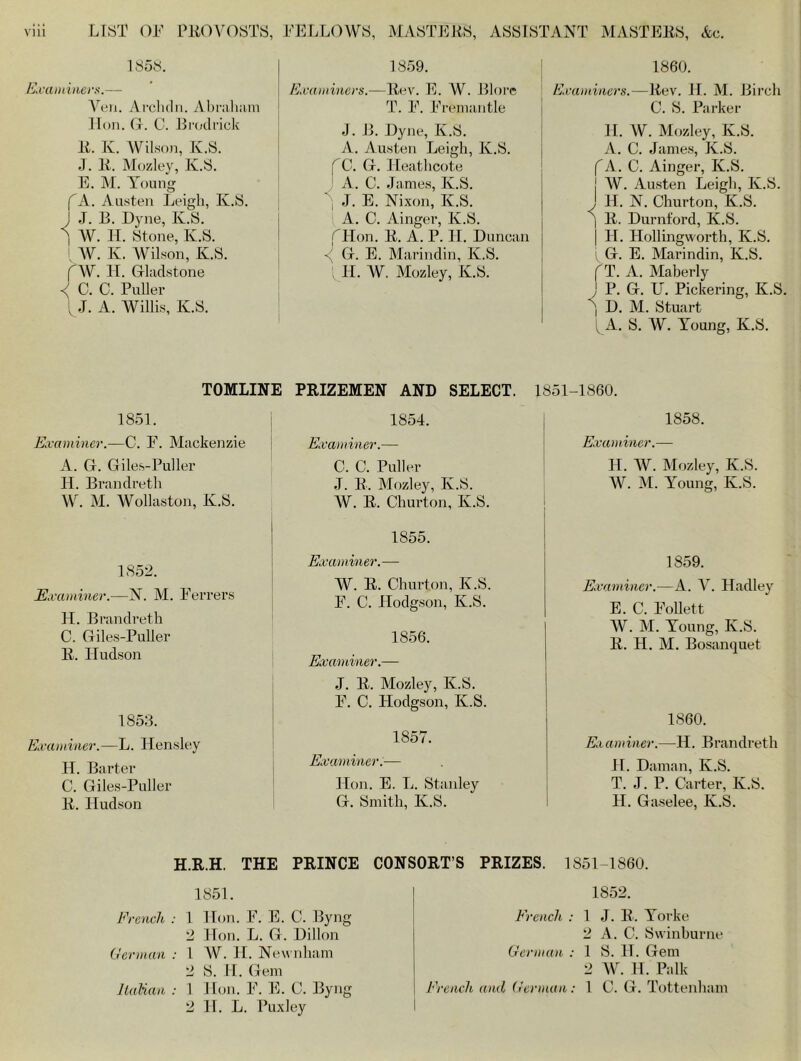 1858. Examiners.— Ven. Archdn. Abraham Hon. G. C. Brodrick R. K. Wilson, K.S. J. R. Mozley, K.S. E. M. Young (A. Austen Leigh, K.S. J J. B. Dyne, K.S. ] AV. IT. Stone, K.S. AV. K. AVilson, K.S. fAV. H. Gladstone i C. C. Puller [ J. A. AVillis, K.S. 1859. Examiners.—Rev. E. AV. Blore T. F. Fremantle J. B. Dyne, K.S. A. Austen Leigh, K.S. f C. G. Heathcote 1 A. 0. James, K.S. j J. E. Nixon, K.S. A. C. Ainger, K.S. CHon. R. A. P. H. Duncan <{ G. E. Marindin, K.S. ; IT. W. Mozley, K.S. 1860. Examiners.—Rev. II. M. Birch C. S. Parker II. AV. Mozley, K.S. A. C. James, K.S. f A. C. Ainger, K.S. | AV. Austen Leigh, K.S. J IT. N. Churton, K.S. I R. Durnford, K.S. | H. Hollingworth, K.S. G. E. Marindin, K.S. f T. A. Maberly J IJ. G. U. Pickering, K.S. j D. M. Stuart [ A. S. W. Young, K.S. TOMLINE 1851. Examiner.—C. F. Mackenzie A. G. Giles-Puller IT. Brandreth W. M. Wollaston, K.S. 1852. Examiner.—N. M. Ferrers H. Brandreth C. Giles-Puller R. Hudson 1853. Examiner.—L. Hensley H. Barter C. Giles-Puller R. Hudson PRIZEMEN AND SELECT. 1854. Examiner.— C. C. Puller J. R. Mozley, K.S. AV. R. Churton, K.S. 1855. Examiner.— AV. R. Churton, K.S. F. C. Hodgson, K.S. 1856. Examiner.— J. R. Mozley, K.S. F. C. Hodgson, K.S. 1857. Examiner.— Hon. E. L. Stanley G. Smith, K.S. 1851-1860. 1858. Examiner.— TI. AV. Mozley, K.S. AV. At. Young, K.S. 1859. Examiner.—A. V. Hadley E. C. Follett W. M. Young, K.S. R. H. At. Bosanquet 1860. Examiner.—IT. Brandreth IT. Daman, K.S. T. J. P. Carter, K.S. TI. Gaselee, K.S. H.R.H. THE PRINCE CONSORT’S PRIZES. 1S51-1S60. 1851. French : 1 Hon. F. E. C. Byng 2 Hon. L. G. Dillon German : l AV. H. Newnham 2 S. H. Gem Italian : 1 Hon. F. E. C. Byng 2 IT. L. Puxley 1852. French : 1 J. R. Yorke 2 A. C. Swinburne German : 1 S. IT. Gem 2 AV. IT. Pa lit French and German: 1 C. G. Tottenham