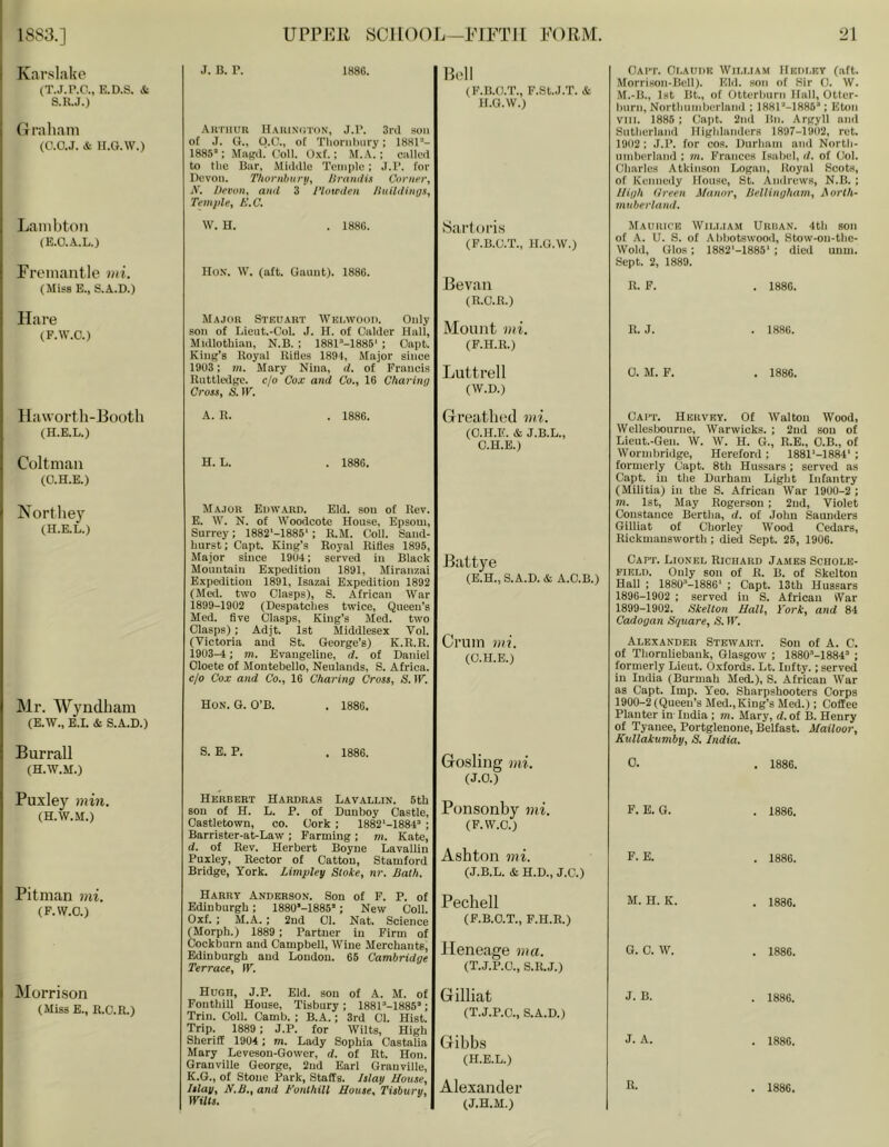 1883.] UPPEll SCIKIOL—I'lFTlI FOIIM. 2\ Kar.klake J. B. P. 1886. Boll (T.J.P.G., E.D.S. & S.R.J.) (F.B.C.T., F.SLJ.T. & H.G.W.) (iniliani (O.O.J. & H.O.W.) .Arthur Harinuton, J.P. 3rd son of J. G., O.G., of Thornbury ; 1881’- 1885; Magd. Coll. Oxf.; M.A.; called to the Bar, Middle Temple; J.P. for Devon. Thornbunj, llrandi.i Corner, N. Devon, and 3 Dlotrden Jluildings, Temple, E.C. Lambton W. H. . 1886. iSiirlori.s (E.O.A.L.) (F.B.C.T., H.G.W.) Fremantle mi. (Miss E., S.A.D.) Hon. W. (aft. Gaunt). 1886. Bevan (R.O.R.) Hare (F.W.O.) Major Steuart Welwood. Only son of Lieut.-Col. J. H. of Galder Hall, Midlothi.an, N.B. ; 1881''-1885‘ ; Gapt. King's Royal Rifles 1894, Major sinee 1903 ; m. Mary Nina, d. of Franeis Ruttiedge. c/o Cox and Co., 16 Charing Cross, S. IF. Mount mi. (F.H.R.) Luttrell (W.D.) Hawortli-Eooth A. R. . 1886. Greatliod mi. (H.E.L.) (O.H.E. & J.B.L., O.H.E.) Coltman H. L. . 1886. (O.H.E.) Northey (H.E.L.) Major Edward. Eld. sou of Rev. E. W. N. of Woodcote House, Epsom, Surrey: 1882'-1885‘; E.M. Coll. Sand- hurst; Gapt. King's Royal Rifles 1895, Major sinee 1904; served in Black Mountain Expedition 1891, Miranzai Expedition 1891, Isazai Expedition 1892 (Med. two Clasps), S. African War 1899-1902 (Despatches twice. Queen's Med. five Clasps, King's Med. two Clasps): Adjt. 1st Middlesex Vol. (Victoria and St. George's) K.R.R. 1903-4; m. Evangeline, d. of Daniel Oloete of Montebello, Neulauds, S. Africa, c/o Cox and Co., 16 Charing Cross, S. IF. Battye (E.H.,S.A.D.& A.C.B.) Crum mi. (O.H.E.) Mr. Wyndham (E.W., E.I. & S.A.D.) Hon. G. O'B. . 1886. Burrall (H.W.M.) S. E. P. . 1886. Gosling mi. (J.O.) Puxley min. (H.W.M.) Herbert Hardras Lavallin. 5th sou of H. L. P. of Dunboy Castle, Castletown, co. Cork ; 1882-1884’ ; Barrister-at-Law ; Farming ; m. Kate, d. of Rev. Herbert Boyne Lavallin Puxley, Rector of Catton, Stamford Bridge, York. Limpley Sloke, nr. Bath. Ponsonby mi. (F.W.O.) Ashton mi. (J.B.L. & H.D., J.C.) Pitman mi. (F.W.O.) Harry Anderson. Son of F. P. of Edinburgh; 1880*-1885*; New Coll. Oxf. ; M.A.; 2ud 01. Nat. Science (Morph.) 1889 ; Partner in Firm of Cockburn and Campbell, Wine Merchants, Edinburgh and Loudon. 65 Cambridge Terrace, IF. Pechell (F.B.O.T., F.H.R.) lleneage ma. (T.J.P.O., S.R.J.) Morrison (Miss E., E.C.R.) Hugh, J.P. Eld. sou of A. M. of Fonthill House, Tisbury ; 1881’-1885'’; Triu. Coll. Camb. ; B.A.; 3rd Cl. Hist. Trip. 1889 ; J.P. for Wilts, High Sheriff 1904 ; m. Lady Sophia Gastalia Mary Leveson-Gower, d. of Rt. Hon. Granville George, 2ud Earl Granville, K.G., of Stone Park, Staffs. Islay House, Islay, N.B., and Fonthill House, Tisbury, Wilts. Gilliat (T.J.P.C., S.A.D.) Gibbs (H.E.L.) Alexander (J.H.M.) OAI’T. Or.AIIDK WlU.IAM IfUDI.EY (aft. Morrison-Bull). Kid. son of .Sir (!. W. M.-B., 1st Bt., of Otturlairn Hall, Ottcr- hiirn, Nortlinniljurland ; ISHP-ISSS’; Eton viii. 1885 ; Gapt. 2nd Bn. Argyll and Siitlierlund Highlanders 1897-19112, rot. 19112; .f.P. for cos. Hnriiain and Nortli- ninburland : m. Frances Isabel, </. of G'ol. Gliarles Atkin.son Logan, Royal Scots, of Kennedy House, St. Andrews, N.B. ; llil)li (/reen Manor, liellingham, Aorl/t- muberlami. Mauiuck William Ukiian. 4th son of A. U. S. of Abhotswood, Stow-on-the- Wold, Sept. 2, Glos ; 1882' 1889. -1885' ; died UDUl. R. F. . 1886. R. J. . 1886. 0. M. F. . 1886. Cai't. Hervey. Of Walton Wood, Wellesbourne, Warwicks. ; 2ud son of Lieut.-Gen. W. W. H. G., R.E., O.B., of Worudiridge, Hereford ; 1881'-1884' ; formerly Gapt. 8th Hussars; served as Gapt. in the Durham Light Infantry (Militia) in the S. Afrieau War 1900-2 ; m. 1st, May Eogerson ; 2ud, Violet Coustanee Bertha, d. of John Saunders Gilliat of Ghorley Wood Cedars, Rickmausworth ; died Sept. 25, 1906. Gapt. Lionel Richabd James Sciiole- PIELI). Only son of E. B. of Skelton Hall ; 1880“-1886‘ ; Gapt. 13th Hussars 1896-1902 ; served in S. African \Var 1899- 1902. Skelton Hall, York, and 84 Cadogan Square, S. IF. Alexander Stewart. Son of A. C. of Thoruliebank, Glasgow ; 1880''-1884’ ; formerly Lieut. Oxfords. Lt. lufty.; served in India (Burmah Med.), S. African War as Gapt. Imp. Yeo. Sharpshooters Corps 1900- 2 (Queen's Med., King's Med.); Coffee Planter in India ; m. Mary, d. of B. Henry of Tyaiiee, Portglenoue, Belfast. Mailoor, Kullakumby, S. India. 0. F. E. G. F. E. M. H. K. G. C. W. J. B. J. A. R. . 1886. . 1886. . 1886. . 1886. . 1886. . 1886. . 1886. . 1886.