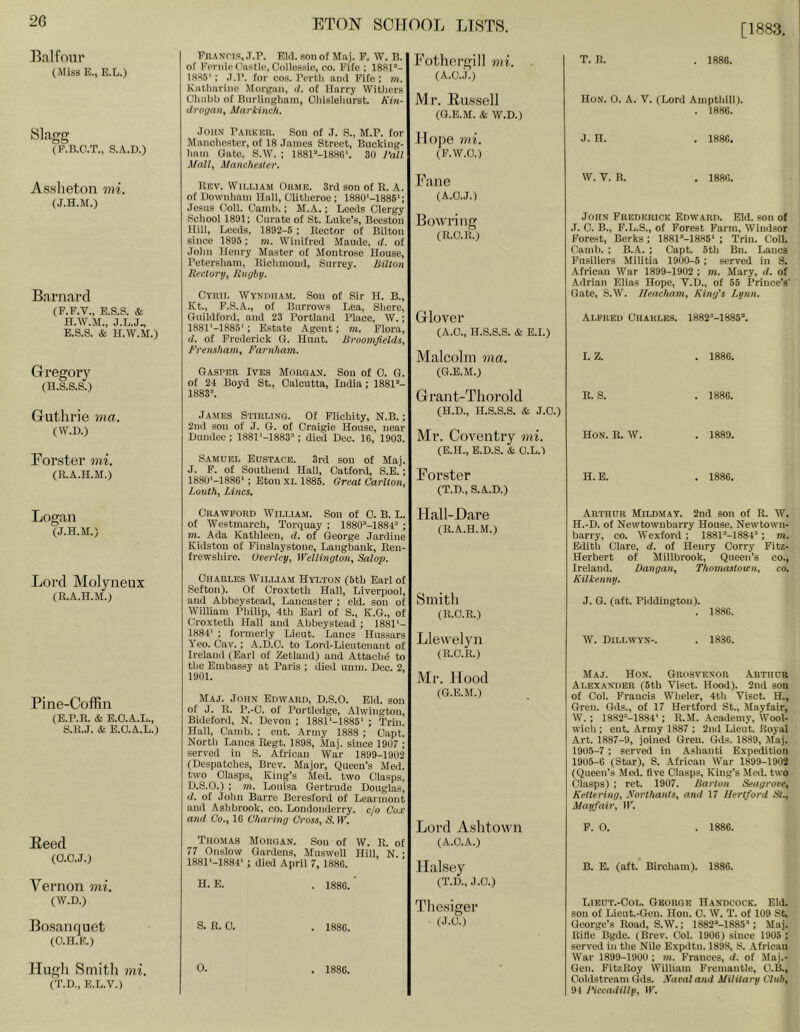 [1883. Ealfour (Miss E., E.L.) Slagg (F.B.O.T., S.A.D.) As.sheton mi. (J.H.M.) Bariiai’d (F.F.V., E.S.S. & H.AV.M., E.S.S. & H.W.M.) Gregory (H.S.S.S.) Guthrie ma. (VV.D.) Forster mi. (R.A.H.M.) Logan (J.H.M.) Lord Molyneux (R.A.H.M.) Pine-Coffin (E.P.R. & E.O.A.L., S.R.J. & B.O.A.L.) Reed (O.O.J.) Vernon mi. (W.D.) Bo.sanquet (O.H.K.) Ilugli Smith vii. (r.D., E.L.V.) FnANTis, .T.r. Eld. son ot Maj. F. W. B. of Feniie Castle, Collessie, co. Fife : 1881’- 1836'; .I.B. for cos. I’crtli and Fife; m. Katharine Morgan, il. of Harry Withers Chubb of Bnrlingham, Ohislehurst. Kin- drngan, Markinch. John BAUKHn. Son of J. S., M.B. for Manchester, of 18 .Tames Street, Bucking- ham Gate, S.W. ; 1881’-1886‘. 30 I‘all Mall, Manchester. Rev. William Oiime. 3rd son of R. A. of Uownham Hall, Clitheroe ; 1880'-1886'; Jesus Coll. Camb.; M.A.; Leeds Clergy School 1891; Curate ot St. Luke’s, Beestou Hill, Leeds, 1892-6 ; Rector of Biltou since 1896; m. Winifred Maude, d. of John Henry Master of Montrose House, Petersham, Richmond, Surrey. Hilton Rectory, Rugby. Cyril Wyndiiam. Son of Sir H. B., Kt., F.S.A., of Burrows Lea, Shere, Guildford, and 23 Portland Place, W.; 1881'-1886‘; Estate Agent; m. Flora, d. ot Frederick G. Hunt. Broomfields, Frensham, Farnham. Gasper Ives Morgan. Son of 0. G. of 24 Boyd St., Calcutta, India; 1881’- 1883’. James Stirling. Of Flichity, N.B.; 2nd son of J. G. of Craigie House, near Dundee ; 1881‘-1883’ ; died Dec. 16, 1903. Samuel Eustace. 3rd son of Maj. J. F. of Southend Hall, Oatford, S.E.; 1880‘-1836': Eton XI. 1885. Great Carlton, Louth, Lines. Fothergill mi. (A.O.J.) Mr. Russell (a.E.M. & W.D.) Hope mi. (F.W.O.) Fane (A.O.J.) Bowriiig (R.O.R.) Glover (A.O., n.s.s.s. & E.I.) Malcolm ma. (a.B.M.) Grant-Thorold (H.D., H.S.S.S. & J.O.) Mr. Coventry mi. (E.H., E.D.S. & O.L.) Forster (T.D., S.A.D.) T. R. . 1886. Hon. 0. A. V. (Lord Anipthill). . 1886. J. H. . 1886. W. V. R. . 1886. John Frederick Edward. Eld. son of .T. C. B., F.L.S., of Forest Farm, Windsor Forest, Berks ; 1881’-1885‘ ; Trim ColL Camb. ; B.A. ; Capt. 5th Bn. Lancs Fusiliers Militia 1900-5 ; served in 3. African War 1899-1902 ; m. Mary, d. of Adrian Elias Hope, V.D., of 55 Prince's' Gate, S.W. Ileacham, King's I^ynn. Alfred Charles. 1882’-1885’. I. z. . 1886. R. S. . 1886. Hon. R. W. . 1889, H.E. . 1886. Crawford William. Sou of 0. B. L. of Westmarch, Torquay ; 1880’-1884“ ; ni. Ada Kathleen, d. of George Jardine Kidstou of Fiuslaystone, Laugbank, Ren- frewshire. Overley, Wellington, Salop. Hall-Dare (R.A.H.M.) Charles William Hylton (5th Earl ot Sefton). Of Croxteth Hall, Liverpool, and Abbeystead, Lancaster ; eld. sou of William Philip, 4th Earl of S., K.G., of Croxteth Hall and Abbeystead ; 1881'- 1884* ; formerly Lieut. Lancs Hussars Yeo. (jav.; A.D.O. to Lord-Lieutenant of Ireland (Earl of Zetland) and Attache to the Embassy at Paris ; died uum. Dec. 2, 1901. Maj. John Edward, D.S.O. Eld. son of J. R. P.-O. of Portledge, Alwington, Bideford, N. Devon ; 1881‘-1885‘ ; Trui. Hall, Camb. ; eut. Army 1888 ; Capt. North Lancs Regt. 1898, Maj. since 1907 ; served in S. African War 1899-1902 (Despatches, Brev. Major, Queen’s Med. two Clasps, King’s Med. two Clasps, D.S.O.) ; m. Louisa Gertrude Douglas, d. ot John Barre Beresford of Learuiont and Ash brook, co. Londonilerry. c/o Cu.v and Co., 16 Charing Cross, <S. IF. Thomas Morgan. Sou of W. R. of 77 Onslow Gardens, Muswell Hill, N. ; 1881'-1884'; died April 7, 1886. H. E. . 1886. Smith (R.O.R.) Llewelyn (R.O.R.) Mr. Jlood (Q.E.M.) Lord Ashtown (A.O.A.) Halsey (T.D., J.O.) s. R. 0. . 1886. Thesiger (J.O.) 0. . 1886. Arthur Mildmay. 2nd son of R. W. H.-D. of Newtownbarry House, Newtown- barry, co. Wexford; 18S1’-1884’; m. Editb Clare, d. of Henry Corry Fitz- Herbert of Millbrook, Queen’s co., Ireland. Dangan, Thomastoicn, co. Kilkenny. J. 6. (.aft. Piddiugton). . 1886. W. Dillwyn-. . 1836. Maj. Hon. Grosvenor Arthur Alexander (5th Viset. Hood). 2nd son of Col. Francis Wheler, 4th Viset. H., Gren. Gds., of 17 Hertford St., Mayfair, W. ; 1882’-1884'; R.M. Academy, Wool- wicli; ent. Army 1887 ; 2nd Lieut. Royal Art. 1887-9, joined Gren. Gds. 1839, ifaj. 1905-7 ; served in Ashanti Expedition 1905-6 (Star), S. African War 1899-1902 (Queen’s Med. five Clasps, King’s Med. two Clasps) ; ret. 1907. Barton Seagroee, Kettering, Xorthants, and 17 Hertford St., Mayfair, W. F. 0. . 1886. B. E. (aft. Bircham). 1886. Liedt.-Ool. George Handcock. Eld. sou of Lieut.-Gen. Hon. 0. W. T. of 109 SL George’s Road, S.W.; 1882’-!885’; Maj. Rifie Bgde. (Brev. Col. 1906) since 1905 : served in the Nile Expdtn. 1898, S. African War 1899-1900 ; wi. Frances, d. of Maj.- Qen. FitzRoy William Fremantle, O.B., Oohlstream fids. Xacal and Military Club, 94 Ihccadilly, W.