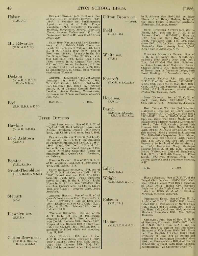 [1886. Halsey (T.D., .T.C.) jMr. Edwarilos (E.W. & S.A.D.) Dickson (Miss E., H.S.S.S., D.C.T. & E.L.) Peel (K.S., E.D.S. & E.L.) BEiiNAnn Edwaud (lift. Birciiam). Son of E. .1. II. B. of I’irlii'if'liti, Surrey ; 18H3'- IHSCe; a Solicitor iincl I’arliaiiieiitary Agent; m. Ivy, d. of Arthur I’owys Vaughan, II.M.’s Inspector of Factories. MayshiU, Worplesiiaii, Hurreij; Hamilton House, Victoria Kmhankment, E.V.; 46 1‘arliamenl Street, S. IT.; amt 50 dUi Itronil Street, E.G. Cai'T. ITox. William (5th Lord Kensing- ton). Of St. Bride’s, Little Haven, co. Bembroke : eld. son of William, 4th Lord K., of St. Bride’s: 1882’'-!887“; Cox of F.toii viii. 1885-6 ; foi'uierly in the 7th Bn. King’s Hoyal Rifles (Militia); cut. 2nii Life Gds. 1892, Lieut. 1893, Capt. 1900; served in S. African War 1901); .1.1’. and ILL. for eo. Pembroke ; J.P. for Haverfordwest; died innn. June 24, 1900, at Bloemfontein, S. Afiica, from wounds received at Houtnek. Arthuii. Eld. son of a. B. n. of Abbots Reading ; 1881’-1886“; Fielil XL 1885 ; Trill. Coil, fiamb. ; LL.B. ; called to the Bar, Lincoln’s Inn, 1893 ; m. Gertrude Emily, d. of Thomas Kemniis Bros of London. A'jhots Readimj, Haverthiraite, Uh'erston, and 2 Stone Buildings, Lincoln's Inn, ir.a Hox. S. 0. 1889. Upper Division. Hawkins (Miss B., R.O.R.) Lord Aslitown (A.C.A.) Forster (T.D., S.A.D.) Grant-Thorold ma. (H.D.,H.S.S.S.&J.C.) iStewart (J.C.) Llewelyn via. (R.O.R.) Clifton Brown via. (R.C.R. At Miss E., R.G.R. & E.L.) John Servjngton. Son of 0. S. H. of Hayford Hall, Buckfastleigh, Devon, and Alston, Plympton, Devon ; 188P-1887’‘; Trin. Coll. Camb.; died unm. July 5,1901. Frederick Oliver Trench (3rd Lord). Eld. sou of Hon. F. S. C. T. and grandson of Frederick Mason, 2nd Lord A.; 1881“- 1886“; Magd. Coll. Oxf.; J.P. and D.L. for CO. Galway ; m. Violet Grace, d. of Col. Robert Ashworth Godolphin Cosby of Stradbally Hall, Queen’s Co. Woodlami, CO. Galway. Harold Ernest. Son of Col. G. J. F. of 46 Longridge Road, S.W.; 1882“-1887“; Trin. Coll. Camb.; B.A. Capt. Richard S'lTRLiNri. Eld. son of A. W. T. G.-T. of Cosgrove Hall ; 1882“- 1886“; Mixed Wall and Field xi.s 1886 ; formerly Lieut. Royal Welsh Fusiliers; served as Capt. in the S. African Light Horse in S. African War 1899-1902 (De- spatches, Queen’s Med. six Clasps, King’s Med. one Clasp). Cosgrove Hall, Stony Stratford. Arthur Henry. Son of — S. of 43 Queen’s Rond, Avenue Road, Regent’s Park, N.W. : 1882“-1887“ ; Cox of Eton viii. 1887 ; Exhibnr. of New Coll. Oxf.; B.M., B. S.; 1st Cl. Nat. Science 1891 ; Cox of Oxf. Vlll. 1888. William Dillwyn-. Eld. son of Sir J. T. D.-L., 1st Bt., of Penllergare, Swansea; 1882'-1887“: Eton xi. 1886-7 : won Double Rackets 1886, Singles 1887 ; Keeper of the Rackets 1885-7 ; New Coll. Oxf. ; 4th Cl. Law 1891 : Oxf. XL 1890-1 ; accidentally killed while out shooting, Aug. 21, 1893. Ma.i. Howard. Eld. son of Col. J. C. B. of llolmbush, Horsham ; 1882'- 1886“: Field XL 1886 ; Trin. Coll. Camb. ; Capt. 12th Lancers 1896, Maj. 1902, Maj. 2nd in command since 1904; served Glirtoii Brown via. — cavt.. Fiold (R.A.ll.M.) Wliite via. (W.D ) Foxorof't (R.C.R, & E.C.A.L.) Hope via. (F.W.C.) Brand (E.P.R. & E.O.A.L., S.R.J. & E.C.A.L.) Talbot (K.S., E.L.) Wrifrlit (k.s., E.D.S. & J.C.) Robeson (K.S., E.L.) Holmes (K.s., E.D.S. ct J.C.) in S. African War 1899-1902 ; m. Mary Eireno, d. of Henry Hodges, .Tudge of the High Court, Melbourne, Australia. Holmbush, Horsham, Sussex. Capt. Cuthbert Arthur (aft. Morris- Field), J.P. 2nd son of G. H. F. of Ashurst Park: 1882“-1887“; Eton xi. 1887 ; New Coll. Oxf.; Hop Merchant; Lieut. West Kent Imp. Yeo. 1900, Capt. since 1907 ; J.P. for Kent. Ashurst Bark, Tunbridge Wells; Beechy Lees, Otford, Kent; and 16 Eaton Sq., S. W. Herbert Meadows Frith. Son of R. H. W. of Boulge Hall, Woodbridge, Suffolk; 1881“-1886“; New Coll. Oxf.; B.A.: 3rd Cl. Mod. Hist. 1889 ; Solicitor ; m. Annie Laura, d. of Maj.-Gen. Herbert Charles Borrett, C.B. (Inspector-General of Recruiting), of Lancaster Lodge, Bath Road, Reading. 10 Devonshire Place, IP. Charles Talbot, J.P. 2nd son of E. T. D. F. of Hinton House; ]882“-1887“; Magd. Coll. Oxf. ; 4th Cl. Mod. Hist. 1892 ; Capt. 1st Vol. Bn. Somerset Light Infty. 1903-6 ; J.P. for Somerset. Hinton House, Hinton Charterhouse, Bath. John Harold. Son of W. 0. H. of Rock House, Bath ; 1881“-1886“ ; Trin. Coll. Camb.; B.A. Beaumaris, .inglesey. Hon. Thomas Walter (3rd Viscount Hampden). Eld. sou of Henry Robert, 2ud Viscount H., G.C.M.G., of The Hoo ; 1882“-1887“; Eton XI. 1885-7, Capt. 1887 ; 0pp. and Mixed Wall 1886 ; Master of the Beagle3l887; Editor of ‘Eton Coll.Chronicle’ 1886-7 : Trin. Coll. Camb.; joined 10th Hussars 1889, Capt. 1898, Major 1903-4, Adjt. 1894-8 ; A.D C. to Gov. of N.S. Wales (his father) 1898-9 ; served in S. African War 1899-1901 (Despatches, Brev. Major, Queen’s Med. six Clasps); Adjt. Sussex Imp. Yeo. 1901-3, ret. 1904; aft. Private Secretary to Ist Lord of the Admiralty ; »i. Lady Katherine Mary Montagu- Douglas-Scott, d. of Rt. Hon. William Henry Walter, 6th Duke of Buccleuch, K.G., K.T., of Dalkeith House, nr. Edin- burgh. The Hoo, Welwyn, Herts; The Brioru, Itoyston; and 5 Grosvenor Gardens, S. W.' J. E. . 1889. Henry Nelson. Son of F. N. W. of the Bengal Civil Service: 1883“-1888“; Coll. Wall 1886-7 ; Mixed Wall 1887 ; Exhibnr. of C.C.C. Oxf. : Indian Civil Service ; Registrar of the High Court, Allahabad, India; m. Edith M., d. of G. Stuckey. Firwood, Cleredon, Somerset. Frederick Eden. Son of Ven. H. R., .Archdn. of Bristol; 1883’-1888“; Newc. Select 1888 ; Postmaster of Merton Coll. Oxf.; M.A. ; 2nd Cl. Mods. 1890 ; 2nd Cl. Lit. Hum. 1892; Oxf. Vlll. 1892; Assistant Master at Eton since 1899. Eton College, Windsor. Charles John. Sou of Rev. 0. R. H. of Stratton, Cornwall; 1883’-1887“; Sch. of B.N.C. Oxf.: Hon. M.A. ; 2nd Cl. Mods. 1889 : a Painter and Publisher : .Manager of Vale Press 1896-1903 ; .Mem- ber New English .\rt Club 1904 : Slade Professor of Fine Art at Oxford and Editor of the ‘ Burlington Magazine’ since 1904 ; m. Florence Mary Hill, d. of Charles Robert Rivington of Castle Bank. .Appleby, Westmorland. 73 Ladbrooke Grove, IP.