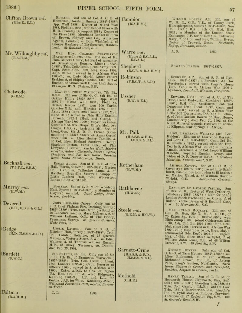 Clifton Erown vii. (Miss E., K.L.) Mr. AVillougliby ?))i. (R.A.H..M.)' Chetwode (O.E.M.) Bucknall ?»«. (T.J.P.C., S.R.J.) Muri-ay ma. (H.W.M.) Deverell (E.H., E.D.S. & O.L.) Oedge (H.D., H.S.S..S.* J.O.) Burdett (F.W.C.) I 1 Coltman (R.A.H.M.) EnwAun. 2iid son of Col. J. C. B. of I Holmbiisli, rforslinm, Siissi-.x ; 1881'-1K88*: 0pp. \yan 1888 : Keeper of Mi.xeil Wull 1888, Field xi. 1888 ; won Scliool Fives with H. R. Broudey Davenport 1888 : Keeper of the Fives 1888 ; Mercliunt Banker in Firm of Brown, Shipley and Go., American Agents, London ; in. Dora Winifred, il. of I Oeorge Hanbnry of Blythewooil, Maiden- f head. 22 Rutland Oale, S. IF. Maj. Hon. Chari.ks Stiiatiiavon Hkathcote-Dhummoni)-. 2nd son of Rt. ITon. Gilbert Henry, 1st Earl of Ancastcr, of Grimsthorpe Bonnie, Lines ; 1883“- 1888“; Trill. Coll. Camb.; ent. Army 1889 ; Capt. Scots Gds. 1899, Maj. since 1904, .4djt. 1901-2 ; served in S. African War 1900-2; ?«. Lady Muriel Agnes Stuart j Erskine.rf. of Shipley Gordon, 11th Karl of Buchan, of .Almondwell House, Linlithgow. 19 Cheune Walk, Chelsea, &IF. Maj. Sir Phimi> Waliiou.se, 7th Bt., I D.S.O. Eld. sou of Sir G. C., Gth Bt., of Oakley Hall ; 1883“-1887“ ; 0pp. Wall 188G-7 ; Mixed Wall 1887; Field xi. 188G-7, Keeper 1887; won 100 Yards, (juarter-Mile, and Hurdles 1887 ; ent. Army 1889 ; Capt. 19th Hussars 1897, Maj. since 1901 ; served in Chin Hills Expdn., Biirmah, 1892-3 (Med. and Clasp), S. African War 1899-1902 (Despatclics twice. Queen’s Jfed. five Clasps, King’s Meil. two Clasps, D.S.O.) ; Assistant Mil. Sec. to Lieut.-Geii. Sir J. D. P. French (Com-1 manding-in-Chief Aldershot Army Corps) since 1906 ; in. Alice Hester Camilla, d. of Col. Hon. Richard Southwell George Stapleton-Cotton, Scots Gds., of Plas Llwynon, Llaufair. Uaklev Hall, Market Drayton, Salop ; Chetwode, /lucks; Agden,\ Cheshire; and The Red House, Reading \ Road, South Farnborough, Hants. Edgar Allen. Son of H. C. B. of The I Hall, Worth, Sussex ; 1883“-1883''‘; Merton Coll. Oxf. ; m. Catherine Anna, d. of Matthew Grenville Samwell Knapp of Little Linford Hall, near Wolverton, [ Bucks ; died April 1901. Caiiipioii (R.A.H.M.) Warre ma. (Home & E.C.A.L., E.C.A.L.) Slieplicrd (R.C.R. & R.A.H.M.) Robin.soii (F.B.C.T., S.A.D.) Ussher (E.W. & E.I.) Ml’. Palk (H.S.S.S. & H.D., n.S.S.S. & E.I.) Rotherham (H.W.M.) (H.W.M.) Steele ma. (G.E.M. & H.G.W.) EmvARD. Son of C. F. M. of Woodcote I lynthltnrnp Hall, Epsom; 1883M888=; a Member of I Lloyd’s; married. Cajiel lodge, Rearel Green, Dorking. John Richards Croft. Oniy son of I J. C. D. of Pixham Firs, Dorking, Surrey ; 1883yi889’; Trin. Coli. Camb.; a Solicitor I in Liucohi’s Inn ; m. Mary Melicent, d. of William Latham, Q.O., of The Priory Frensham, Surrey. 35 Queen's GardensA Hyde Dark, IF. ' Le.slie Lathom. Son of S. G. of I Mitcham Hall, Surrey ; 1883“-1888=; Trin. Coil. Camb.; Solicitor, of 33 Queen’s I Mansions, Victoria Street, S. W.; m. Edith Wallace, d. of Thomas Wallace Russell, M.P., of Olney, Terenure, co. Dublin; died Feb. 23, 1904. Sir Francis, 8th Bt. Only son of Sir I F. B., 7th Bt., of Bramcote, Warwicks.; 1883“-1888“ ; Trim Coll. Camb. ; Lieut. 17th Lancers 1895-6 ; Capt. Reserve of Uflloers 1900 ; served in S. African War 1900; Extra A.D.C. to Gov. of Ceylon (Rt. Hon. Col. Sir J. AVest Ridgeway, I K. C.S.I.) 1901-3 ; J.P. and D.L. for Derbys.; J.P. for Wilts. Ramsbury Manor, Wills, and Foremark Hall, Repton, Rurton- on-Trent. Garnett-Orme (H.S.S.S. & F.D., H.S.S.S. & E.I.) Metliold (O.H.E.) T. L. 1889. William Robert, J.P. Eld. son of W. H. C., C.B., V.D., of Danny Park, Hurstpierpoint, Sussex ; 1884'-1888“; New Coll. Uxf. ; B.A. ; 4th Cl. Mod. Hist 1892 ; a Member of the London Stock Exchange; .I.P. for Sussex ; m. Katharine Mary, d. of Hon. and Rev. William Byron, Rector of Trowel 1, Notts, Rowlands, Roffey, Horsham, Sussex. A. F. . 1889, Edward Francis. 1883’'-1887''. Stewart, J.P. Son of S. R. of Lyn- hales ; 1883“-1887*; a Forester ; .I.P. for Herefords. ; served with Paget’s Horse (Imp. Yco.) in s. African War 1900-2. lynhales, Lyonshall, Kington, Herefords. Edward, D.S.O. Son of J. U. of The Dene, Great Budworth, Cheshire; 1883'- 1886'; R.M. Coll. Sandhurst; ent. 2nd Dragoons 1890, Lieut. 1892, Capt. and Adjt. 1900; served in S. African War 1899-1902 (Despatches, D.S.O.) ; m. Selina, d. of John Gordon Bowen of Burt House, Londoniierry ; died Feb. 20, 1902, at the Nigel Mines of wounds received in action at Klipiiau, near Springs, S. Africa. Hon. Lawrence William (3rd Lord Haldon). Eld. son of Lawrence Hesketli, 2nd Loril H. ; 1883'-1886'; Capt. 3rd Bn. R. Fusiliers 1892 ; served with the Imp. Yeo. in S. African AVar 1901-2 ; m. Lidiana Amalia Crezencia, d. of Col. Jacob AVilliam Maichl^, Imperial Russian Army, and widow of D. F. Drew of U.S.A. 5 Mentone Mansions, Fulham Road, S. IF, Arthur Kevitt. Son of G. 0. R. of Coventry ; 1883'-1888'; passed into Sand- liiirst, but did not join owing to ill health ; m. Marion Mabel, d. of AVilliam Burton- AVright, C.E. Alexandra Crescent, Slough. Lancelot St. George Prittie. Son of Rev. J. R., Rector of AVest Tytherley, Salisbury ; 1883‘-1887‘ ; a Member of the London Stock Exchange; m. Olivia, d. of Roland Yorke Bevan of 9 Rutland Gate, S.AV. 10 Moorgate St., E.C. Maj. Julian McCarty. Eld. son of Gen. Rt. Hon. Sir T. M. S., G.C.B., of 70 Eaton Sq., S.W. ; 1883'-1889‘; won High Jump 1889 ; joined Coldstream Gds. 1890, Adj. 2nd Bn. 1896-1900, Capt. 1899, Maj. since 1906 ; served in S. African AVar 1899-1901 (Despatches twice, Brev. Maj.) ; commanded Gds. DepOt 1903-5 ; Brigade Maj. of Gds. since 1905 : m. Sybil, d. of William John Mure, C.B., of 48 AViltou Crescent, S.AV. 58 Font St., S. IF. George Hunter. Only son of Col. G. G.-O. of Tarn House ; 1882'-1886' ; m. Alice Richmond, d. of Sir AVilliam Richmond Brown, 2nd Bt., of Astrop Park, King’s Sutton, Northants. Tarn House, Skiplon in Craven, and Greenfield, Buckden, Skiplon in Craven, Forks. Henry Tindal. Son of T. T. if. of Hepworth House, Hepworth, Diss, Suf folk ; 1883'-1888'; Shooting viii. 1886-8 • Trin. Coll. Camb. ; LL.B.; 3rd Cl. Law Trip. 1891 ; Barrister-at-Law, Lincoln’s Inn ; m. Sybil Mary, d. of Robert Crawfnrd Antrobus of 27 Eccleston Sq., S.AV. 109 St. George's Road, S. IF. /