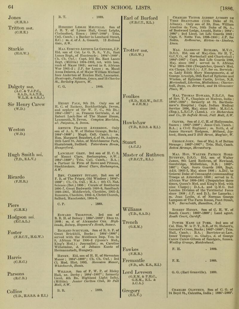 [1886. Jones (F.II.K.) Ti'itton ina. (O.IT.E.) Starkie (H.G.W.) Dalgetj^ ma. (A.C. & T.J.P.O., S.A.D., S.A.T.I?., W.L.H. & S.11..T.) Sir Heni’y Cai’ew (W.D.) AVeston (W.D.) Hugh Smitli tni. (T.D., E.L.V.) Ricardo (F.H.R.) Piers (C.H.E.) Hodgson mi. (E.C.A.L.) Foster (F.B.C.T., H.G.W.) Harris (C.H.O.) Parsons (R.o.n.) Collins (T.D., H.S.S.S. & E.I.) R. T. . 1889. niillBER'l' Lrsi.iic Mki.vii.i.r. Soil of .T. H. T. of Lyons Hall, Great Leiglia, Olielinsfonl, Essex; IRHO-ISSS'*: Trin. Coll. Canili. : n Banker in fiOinbard Street, E.G.: m. (/. of J. A. tlossett. 13 Itutlnud (/ale, S. II. Earl of Bnrford (F.B.C.T., E.L.) 1\IAJ. Emiuxi) Arthur Lr Ghnhrk, .I.P. EM. son of Gol. Le O. N. S., V.U., East L.ancs Regt., of Hmitroyile; 1884“-1888; C'li. Gli. Oxf.; Capt. 3ril Bn. East Lancs Regt. (Militia) 18iM-19U3, ret with hon. rank of Major 1903; served in S. African War 1901-2 ; .T.P. for Lancs ; m. Maud Anna Dolores, d. of Major William Michael Ince Andcrton of Euxton Hall, Lancaster. J/iDdroiide, I’ndi/iam, Lancs, and 15 Charles SI., Berkeley Sijuare, W. Trotter ma. (H.C..W.) c. G. 1889. He.N'RY Pai.k, 9th Bt. Only son of H. C. of Battery, Buckfastleigh, Devon, and nephew of Sir W. P. 0., 8th Bt.; 1884‘-1887“ ; m. Frances Gertrude, d. of Robert Lock-Roe of The Manor House, Lynmouth, N. Devon. Compton Marldon, nr. I’aisjnton, S. Devon. Arthur Francis Anderdon. Only sou of A. A. W. of Holme Grange, Berks ; 1884^-1888’ ; Magd. Coll. Camb. ; m. Hon. Margaret Beaufort, d. of St. Andrew, 16th Lord St. John, of Melchbourne Park, Sharubrook, Bedford. Totlerdoien House, Hungerford. Lancelot Grey. 3rd sou of H. C. S. of Mount Clare, Roehampton, S.W.; 1884’-1888’ : Trill. Coll. Camb.; B.A. ; a Partner in Firm of Rowe and Pitman, Stockbrokers. Mount Clare, Roehampton, S. W. Rev. Clement Stuart. 2nd son of F. B. of The Friary, Old Windsor ; 1884°- 1888°; Ch. Ch. Oxf. ; M.A. ; 4th Cl. Nat. Science (Bot.) 1895 ; Curate of Rostherne 1896-7, Great Budworth 1898-9, Sandbach 1899-1901, Middlewick, Cheshire, 1901-3, Runcorn, Cheshire, 1903-4, Christ Church, Salford, Manchester, 1904-G. 0. P. . 1889. Edward Thornton. 3rd son of B. B. H. of Bolney ; 1884’-1888°; Eton XL 1888; m. d. of Alexander Cox. High- lands, Bolney, Hay ward's Heath, Susse.r. Richard Schuyler. Son of R. S. F. of Great Brickhill, Bucks ; 1884'-1886“ ; served with the Middlesex Imp. Yeo. in S. African War 1900-2 ((jueen’s Med., King’s Med.) ; Journalist; m. Caroline Wilhelmine, d. of Johann Kantz of Hennannstadt, Hungary. Henry. Eld. son of H. II. of Steventon Manor ; 1884°-1888’; Ch. Ch. Oxf. ; 3rd Cl. Mod. Hist. 1893. Steventon Manor, Whitchurch, Hants. William. Son of F. W. P. of Risley Hall, nr. Derby ; 1884‘-1887°; formerly Lieut. 4th Bn. Highland Light Infty. (Militia). Junior Carlton Club, 30 Ball Mall, S. IF. B. R. . 1889. Foulkes (H.D., H.G.W., D.C.T. & J.H.M.) Ha\i k.sh.Tw (T.D., E.D.S. & E.I.) Stuart (A.C.J.) Master of Eiitliven (F.B.C.T., E.L.) Williams (T.D., S.A.D.) Trench (G.E.M.) Fawkes (F.H.R.) Fremantle (F.D., aft. K.S., E.I.) Lord Leve.son (G.E.M. & P.H.O., G.E.M., E.L. & A.C.A.) (Iregory (E.L.V.) Oharles Victor Albert Aubrey he Verk Beauclerk (11th Duke of St. Albans). Only son of Rt Hon. William Amelius de Vere, 10th Duke of St. A., of Bestwood Lodge, Arnold, Notts ; 1884'- 1886’ ; 2nd Lieut. 1st Life Guards 1893 ; Capt. S. Notts Yeo. 1898-1900 ; J.P. for Notts. Redhourne, Kirton-in - Lindsey, Lines. Ma.i. Alhernon Richard, M.V.O., D.S.O. Eld. son of Maj.-Gen. Sir H. T., G.C.V.O., of Mortonhall and Charterhall; 1884°-1887' : Capt. 2nd Life Guards 1899, Maj. since 1907 ; serveil in S. African War 1899-1900 (Despatches, Queen’s Med. six Clasps, D.S.O.); J.P. for co. Berwick ; m. Lady Edith Mary Montgomerie, d. of George Arnulph, 15th Earl of Eglinton and Winton, of Eglinton Castle, Irvine, N.B. Mortonhall, IJherton, Midlothian; Charter- hall, Duns, CO. Berwick, and 24 Gloucester 1‘lace, IF. Maj. Thomas Howard, F.R.C.S. Son of Rev. T. F., Chaplain at Madras, India ; 1884°-1886°: formerly at St. Bartholo- mew’s Hospital : Capt. Indian Medical Service 1896, Maj. since 1905 ; M.R.C.S. (Eng.), L.R.C.P. (Lond.). ejo Richardson and Co., 25 Suffolk Street, Ball Mall, S. IF. Oliver. Son of J. C. H. of Hollycombe, Sussex ; 1883°-1888“; Jesus Coll. Camb. ; B.A.; a Civil Engineer ; m. Ruth, d. of James Stewart Hodgson. Milland, Lip- hook, Hants, and 3 Hill Street, Mayfair, IF. Georoe John. Son of Sfaj. S. of Betton Strange ; 1883’-1887° ; Trin. Hall, Camb. Betton Strange, Shrewsbury. Maj. Hon. Walter Patrick Hore- Rutiiven, D.S.O. Eld. son of Walter James, 8th Lord Ruthveu, of Newlaud, Gorebridge, Midlothian, N.B. ; 1883’- 1887' : Capt. Scots Guards 1899, Regt. Adjt. 1902-3, Maj. since 1906 ; A.D.C. to General Duke of Connaught (commanding Troops at Aldershot) 1898 ; served in S. African War 1899-1901 (Despatches three times. Queen’s Med. and King’s Med. with nine Clasps): D.A.A. and Q.M.G. 2ud London Division of the Territorial Force since 1908 ; J.P. and D.L. for Lanarks.; m. Jean Leslie, d. of Norman George Lampson of The Farm House, Pont Street, S.W. Barncluith, Hamilton, N.B. Robert Henry. Son of 0. H. W. of Roath Court; 1883’-1888'; Land Agent. Roath Court, Cardiff. Power Mash le Poer. 2nd son of Col. Hon. W. le P. T., E.E.,of St. Hubert’s, Gerrard’s Cross, Bucks; 1883°-1888°: Trin. Hall, Camb.; B.A. ; Barrister-at-Law, Inner Temple; m. Gladys, d. of George Carew Carew-(Jibson of Sandgate, Sussex. Woolley Grange, Maidenhead. F. H. . 1889. F. E. . 1889. G. G. (Earl Granville). 1889. Charles Olintuus. Son of 0. G. of 24 Boyd St., Calcutta, India ; 1886'-1888’.