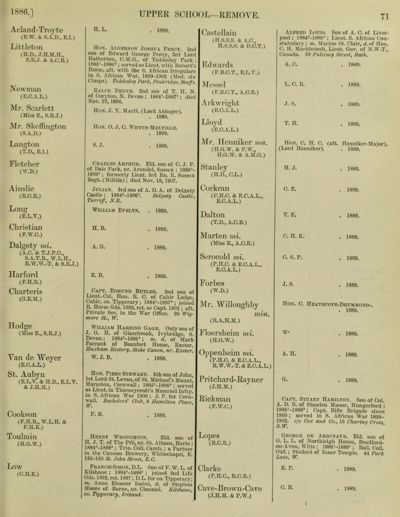 71 Acland-Troyte D. . 1889. (K.W. & S.A.D., E.I.) Littleton Hon. .Algernon Jo.shua Peroy. 2nd (H.D., .T.H.M.H., son of Edward George Percy, .ird Lord Hatherton, C.M.O., of Teildesley Park ; 1886'-1S8G’'; served ns Lieut, with Robert’s Horse, aft. with the H. African Irregulars in S. African War, 1899-1902 (Med. six Clasps). Teildesley Park, I’enkridge,Staffs. S.R.J. & A.O.B.) A’’ewinaii Ralimi Denne. 2nd son of T. H. N. (F-O.A.L.) of Coryton, N. Devon ; 1884’-1887‘ ; died Nov. 23, 189G. IMr. Scarlett Hon. j. Y. MaoG. (Lord Abinger). (Miss E., S.R.J.) . 1889. Mr. Skeflington Hon. 0. J. 0. Wiiyte-Melville. (S.A.D.) . 1889. Langton S. J. . 1889. (T.D., E.I.) Fletcher Charles Arthur. Eld. son of 0. .7. F. (W.D.) of Dale Park, nr. Arundel, Sussex ; 1886”- 1888” ; formerly Lieut. 3rd Bn. R. Sussex Regt. (Miiitia) ; died Nov. 18, 1907. Ainslie Julian. 3rd son of A. D. A. of Delgaty (R,0.E.) Castle; 1884”-188G’. Delgaty Castle, Turriff, N.B. Long William Evelyn. . 1889. (E.L.V.) Christian H. B. . 1889. (F.W.O.) Dalgety mi. A. 0. . 1889. (A.O. & T.J.P.O., S.A.T.R., W.L.H., R.W.W.-T. & S.R.J.) Harford E.B. . 1889. (F.H.R.) Chartei’is (G.E.M:.) Hodge (Miss E., S.R,J.) Van de Weyer (E.O.A.L.) St. Aubyn (E.L.T. & H.D., E.L.V. & J.H.M.) Cookson (F.H.R., W.L.H. & F.H.R.) Toulniin (H.G.W.) Low (O.H.E.) Oapt. Edmund Butler. 2nd sou of Lieut.-Col. Hon. R. 0. of Cahir Lodge, Oabir, co. Tipperary ; f884='-1887“; joined R. Horse Gds. 1892, ret. as Capt. 1902 ; aft. Private Sec. in the War Office. 90 ]Yig- more St., W. William Harding Gage. Only sou of J. G. H. of Glazebrook, Ivy bridge, S. Devon; 1884“-1886’‘; m. d. of Mark Farraut of Beaufort House, Exeter. Buxham Rectory, Stoke Canon, nr. Exeter. J- B. . 1889. Hon. Piers Stewart. 6th sou of John, 1st Lord St. Levan, of St. Michael’s Mount, Marazion, Cornwall; ISSS'-ISSG”; served as Lieut, in Thorneycrof t’s Mounted Inf ty. in S. African War 1900 ; J. P. for Corn- wall. Bachelors' Club, 8 Uamilton Place, P. B. 1889. Henry Wroughton. Eld. son of H. J. T. of The F(6, nr. St. Albans, Herts ; 1884®—1888”; Trill. Coll. Canib.; a Partner in the Cannon Brewery, Whitechapel, E. 18G-160 St. John Street, E.C. Francis Simon, D.L, Son of F. W. L. of Kilshane ; 1884®-1888’ ; joined 2nd Life Gds. 1892, ret. 1897; D.L. for co. Tipperary; m. Anna Eleanor Isabel, d. of Stephen Moore of Barne, nr. Clonmel. Kilshane, CO. Tipperary, Ireland. Ca.stellain (ir.s.s.s. & A.O., H.S.S.S. & D.O.T.) Edwards (F.B.O.T., E.L.V.) Mossol (F.B.O.T., A.O.B.) A rkwriglit (E.O.A'.L.) Lloyd (E.C.A.L.) Mr. Henniker ma. CH.G.W. & P.W., H.G.W. & A.M.O.) Stanley (H.D., O.L.) Corkran (P.H.O. & E.C.A.L., E.C.A.L.) Dalton (T.D., A.O.B.) Marten mi. (Miss E., A.O.B.) Serocold mi. (P.H.O. & E.O.A.L., E.C.A.L.) Forbes (W.D.) Mr. Willoughby min. (R.A.H.M.) Floersheim mi. (H.G.W.) Oppenheim mi. (P.H.O. & E.O.A.L., R.W.W.-T.&E.0.A.L.) Pritchard-Rayner (J.H.M.) Rickman (F.W.C.) Lopes (R.C.R.) Clarke (P.H.O., R.O.R.) Cave-B row’n-Ca ve (J.H.M. & P.W.) Alfred Louis. .Son of A. 0. of Liver- pool ; 1884”-188G”; Lieut. 8. African Con- stabulary ; m. Marion St. Clair, d. of Hon. (1. H. Mackintosh, Lieut. Gov. of N.W.T., Canada. 69 Pulteney Street, Bath. A. 0. L. 0. R. J. S. T. H. 1889. . 1889. 1889. . 1889. Hon. 0. H. 0. (aft. Henniker-Major), (Lord Henniker). . 1889. H. J. 0. E. T. E. 0. H. K. 0. S. P. J. S. 1889. 1889. 1889. . 1889. . 1889. 1889. Hon. 0. Heatucote-Drummond-, . 1889. W- A. H. . 1889. 1889. G. 1889. Capt. Stuart Hamilton. Sou of Col. A. D. R. of Standen Manor, Hungerford • 188G‘-1888®; Capt. Rifle Brigade since 1900; served in S. African War 1899- c/o Cox and Co., IG Charing Cross, George de Arrotave. Eld. son of G. L. L. of Northleigh House, Bradford- on-Avon, Wilts ; 188G'-1889‘ ; Ball. Coll. O.xf.; Student of Inner Temple. 44 Park Lane, IF. E. P. C. B. 1889. 1889. I