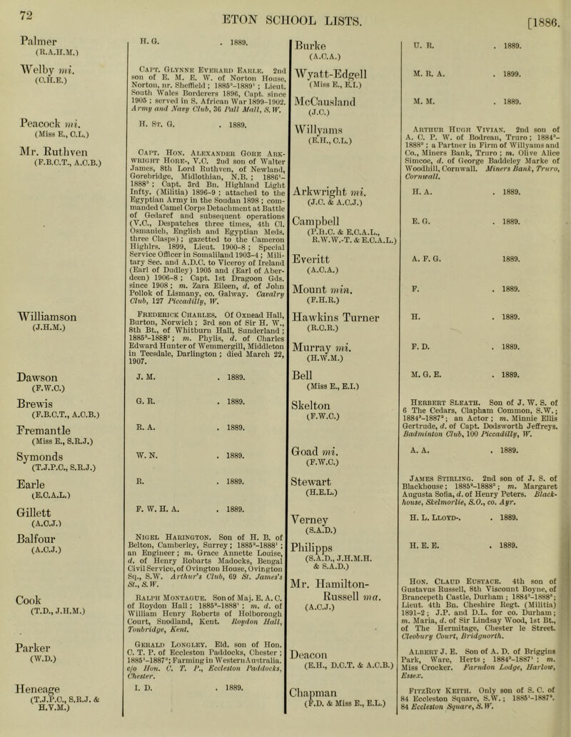 Paliner (R.A.U.M.) AVelby i}n. (O.H.E.) Peacock vii. (Miss E., O.L.) Mr. Euthven (F.B.C.T., A.O.B.) Williamson (J.H.M.) Dawson (F.W.O.) Brewis (P.B.O.T., A.O.B.) Fremantle (Miss E., S.R.J.) Symonds (T.J.P.O., S.E.J.) Earle (E.O.A.L.) Gillett (A.O.J.) Balfour (A.O.J.) Cook (T.D., J.H.M.) Parker (W.D.) Heneage (T.J.P.O., S.R.J. & E.V.M.) [1886. H. G. 1889. Burke (A.O.A.) Capt. Oi.YNNH EVUIIAUI) EAIII.K. 2M(1 son of E. M. E. W. of Norton House, Norton, nr. SlieffleW ; 1886'''-1889'; Lieut. Soutli Wales Borderers 189(1, Capt. since 1906 ; served in S. African War 1899-1902. Army and Navy Club, 3G Pall Mall, S. W. Wyatt-Edgell (Miss E., E.I.) McCauskuid (J.C.) U. R. M. R. A. M. M. 1889. 1899. 1889. H. St. G. . 1889. Oapt. Hon. Alexandish Gonn Anx- VVIIIOITT Hork-, V.O. 2nd sou of Walter .Tames, 8th Lord Rnthvcn, of Newland, Gorebridge, Midlothian, N.B. ; 188G‘- 1888“ ; Capt. 3rd Bn. Highland Light Infty. (Militia) 189G-9 ; attached to the Egyptian Army in the Soudan 1898 ; com- manded Camel Corps Detachment at Battle of Qedaref and subsequent operations (V.O., Despatches three times, 4th Cl. Osmauieh, English and Egyptian Meds. three Clasps); gazetted to the Cameron Highlrs. 1899, Lieut. 1900-8 ; Special Service Ofificer in Somaliland 1903-4 ; Mili- tary Sec. and A.D.C. to Viceroy of Ireland (Earl of Dudley) 1905 and (Earl of Aber- deen) 190G-8 : Capt. 1st Dragoon Gds. since 1908 ; m. Zara Eileen, d. of John Pollok of Lismany, co. Galway. Cavalry Club, 127 Mccadilly, IF. Willyam.s (E.H., C.L.) Arkwright 7ni. (J.C. & A.C.J.) Campbell (P.H.C. & E.D.A.L., R.W.W.-T. &E.G.A.L.) Everitt (A.C.A.) Mount min, (F.H.R.) Arthur Hiioii Vivian. 2nd son of A. C. P. W. of Bodrean, Truro; 1884“- 1888“; a Partner in Firm of Wiilyams and Co., Miners Bank, Truro ; m. Olive Alice Simcoe, d. of George Baddeiey Marke of Woodhill, Cornwall. Cornwall, H. A. E. G. A. F. G. F. Miners Bank, Truro, . 1889. . 1889. 1889. . 1889. Frederick Charles. Of Oxnead Hall, Burton, Norwich; 3rd son of Sir H. W., 8th Bt., of Whitburn Hall, Sunderland; 1885“-1888'; m. Phylis, d. of Charles Edward Hunter of Wemmergill, Middleton in Teesdale, Darlington ; died March 22, 1907. Hawkins Turner (R.C.B.) Murray mi, (H.W.M.) J. M. 1889. Bell (Miss E., E.I.) G. R. R. A. . 1889. . 1889. Skelton (F.W.O.) W. N. . 1889. Goad mi, (F.W.C.) R. . 1889. Stewart (H.E.L.) F. W. H. A. . 1889. Nigel Hauington. Son of H. B. of Belton, Camberley, Surrey; 1885“-1888‘ ; an Engineer; m. Grace Annette Louise, d, of Henry Eobarts Madocks, Bengal Civil Service, of Ovingtou House, 0vingtou Sq., S.W. Arthur’s Club, G9 St. James's St.,S.lY. Ralph Montague. Son of Maj. E. A. C. of Roydon Hali; 1886“-1888' ; m. d. of William Henry Roberts of Holborough Court, Snodland, Kent. lioydon Hall, Tonbridge, Kent, Verney (S.A.D.) Philipps (S.A.D., J.H.M.H. & S.A.D.) Mr. Ilamilton- Russell ma, (A.C.J.) Gerald Longley. Eld. son of Hon. C. T. P. of Ecclestou Paddocks, Chester ; 1886‘-1887“; Farming in WesternAustraiia. c/o Hon. C. T. P., Kccleslon Paddocks, Chester. Deacon (E.H., D.O.T. & A.C.B.) H. . 1889. F. D. . 1889. M. G. E. . 1889. Herbert Sleath. Son of J. W. S. of 6 The Cedars, Clapham Common, S.W.; 1884“-1887“; an Actor ; m. Minnie Ellis Gertrude, d. of Capt. Dodsworth Jeffreys. Badminton Club, 100 Piccadilly, IF. A. A. . 1889. James Stirling. 2nd sou of J. S. of Blackhouse; 1885“-1888“; m. Margaret Augusta Sofia, d. of Henry Peters. Black- house, Skelmorlie, S.O., co. Ayr. H. L. Lloyd-. . 1889. H. E. E. . 1889. Hon. Claud Eustace. 4th sou of Gustavus Russell, 8th Viscount Boyne, of Braucepeth Castle, Durham ; 1884“-1888“: Lieut. 4th Bn. Cheshire Eegt. (Militia) 1891-2 ; J.P. and D.L. for co. Durham; > m. Maria, d. of Sir Lindsay Wood, 1st Bt., of The Hermitage, Chester le Street. Cleobury Court, Bridgnorth. Albert J. E. Sou of A. D. of Briggins Park, Ware, Herts ; 1884“-1887' : m. Miss Crocker. Parndon Lodge, Harlow, Essex. I. D. 1889. Chapman (F.D. & Miss E., E.L.) FitzRoy Keith. Only son of S. C. of 84 Ecclestou Square, S.W.; 1886'-1887’. 84 Ecclestou Square, S. IF.