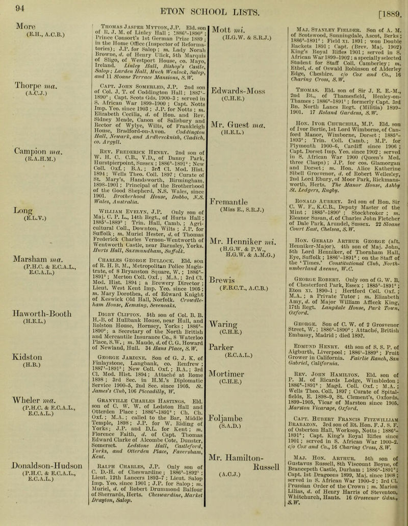 IM ore (E.U., A.C.B.) Thorpe ma. (A.C.J.) Ciinipion ma. (R.A.H.M.) Long (E.L.V.) Marsham ma. (P.H.C. & E.C.A.L., E.C.A.L.) Haworth-Booth (H.B.L.) Kidston (H.B.) AVheler ma. (P.H.C. & E.C.A.L., E.O.A.L.) Bonald.son-H udson (P.H.C. & E.C.A.L., E.C.A.L.; ETON WOllOOL LrWTS. [1889. ' Thomas .Jasphu 5rYTTON,.T.I’. Eld. son of I!. .T. M. of Linley Hnll ; ; Prince Consort’s 1st (ternmn I’rize 1SH9 ; ^ in Hie i ionic Oliice (Inspector of llcfornm- torics); J.P. for Sniop : tn. Lmly Noriiii Browne, rf. of Henry Ulick, 6tii Miinpiis of Siigo, of We.stport iiouse, co. Mayo, Irciaud. Linley lintl. Castle^ Salop; Lavden flail. Much ^Yenlock. Salop, and II Sloane Terrace Mansions. S. 11''. Capt. John Somkri.kd, J.P. 2nil .son of Coi. J. T. of Coililington Hail; IKH7'- 1890*’; Capt. Scots Oils. 1900-3 ; served in S. African War 1899-1900 ; Capt. Notts Inip. Yeo. since 1903 ; J.P. for Notts ; in. Elizabeth Cecilia, d. of Hon. and llev. Sidney Meade, Canon of Salisbury and Rector of Wylye, Wilts, of Frankleigh House, Bradford-on-.Avou. Coddington Hall. Xetrark.and Ardhrecknish. Vladich. CO. Aj'gylL Rkv. FuEnERiPK Henry. 2nd son of W. H. C. O.B., V.D., of Danny Park, I llurstpierpoint, Sussex ; ISkG-’-lSPP ; New Coil. Oxf. ; B.A. ; 3rfl Cl. Mod. Hist. 189-1; Wells Theo. Coll. 1897 ; Curate of St. Mary’s, Handswortb, Birmingham, 1898-1901 ; Principal of the Brotherhood of the Good Shepherd, N.S. Wales, since 1901. Brotherhood House, JJubbo. H.S. U'ales, A ustralia. William Evelyn, J.P. Only son of Maj. C. P. L., 14th Regt., of Hurts Hall; 1885'-1889^ ; Trim Hall, Camb. ; Agri- cultural Coll., Downton, Wilts : J.P. for Suffolk; m. Muriel Hester, d. of Thomas Frederick Charles Vernon-Weutworth of Wentworth Castle, near Barnsley, Yorks. Hurts Hall. Saxmundham, Suffolk. Charles George Bullock. Eld. sou of R. H. B. M., Metropolitan Police Magis- trate, of 8 Bryanston Square, W. ; 1886“- 1891“; Merton Coll. Oxf.; M.A.; 3rd Cl. Mod. Hist. 1894 ; a Brewery Director ; Lieut. West Kent Imp. Yeo. since 1905; m. Mary Dorothea, d. of Edward Knight of Keswick Old Hall, Norfolk. Crowdle- ham House, Kemsing, Sevenoaks. Digdy Clifton. 6th sou of Col. B. B. H.-B. of Hullbank House, near Hull, and I Rolston House, Hornsey, Yorks ; 1886“- 1890“; a Secretary of the North British and Mercantile Insurance Co., 8 Waterloo Place, S.W.; m. Maude, d. of C. G. Howard of Newland, Hull. 34 Hans Place, S. W. George Jardine. Sou of G. J. K. of Finlaystone, Langb.ank, co. Renfrew ; 1887'-1891“; New Coll. Oxf. ; B.A.; 3rd Cl. Mod. Hist. 1894; Attach^ at Rome 1898 ; 3rtl Sec. in H.M.’s Diplomatic Service 1900-6, 2ud Sec. since 1905. St. James's Club, 106 Piccadilly, IF. Granville Charles Hastings. Eld. son of C. W. W. of Ralston Hall and Otterden Place ; 1886“-] 891“ ; Ch. Ch. Oxf. ; M.A. ; callal to the Bar, Middle Temple, 1898; J.P. for W. Riding of Yorks; J.P. and D.L. for Kent; m. Florence Faith, d. of Capt. Thomas Edward Clarke of Alcombe Cote, Dunstcr, Somerset. Bedstone Hall, Castleford, Yorks, and Otterden Place, Faoersham, Kent. Ralph Charles, J.P. Only son of C. D.-H. of Cheswardine ; 1886“-1892* ; Lieut. 12th Lancers 1893-7 ; Lieut. Salop Imp. Yeo. since 1901 ; J.P. for Salop; m. Muriel, d. of Robert Drummond Balfour of Sherrards, Herts. Cheswardine, Market Drayton, Salop. Mott ml. (H.G.W. & S.R.J.) Edw’ai’fls-Mo.ss (C.H.E.) Mr. Guest ma. (H.E.L.l Promaiitle (Miss E., S.R.J.) Mr. Ileiiniker mi, (H.G.W. & P.W., H.G.W. & A.M.G.J Brewis (F.B.C.T., A.C.B.) Waring (C.H.E.) Parker (E.C.A.L.) Mortimer (C.H.E.) Poliaiiibe (S.A.D.) Mr. llainilton- liiissell (A.C.J.) Maj. Stanley FiEi.nER. Son of A. M. of .Scotswood, Sunningdale, .Ascot, Berks; 1886“-1891“ ; Field XL 1891 ; won Double Rackets 1891 ; ( apt. (Brev. Maj. 1902) King’s Royal Rifles 1901; served in S. African War 1899-1902; a specially selected Student for Staff Coll. Camberley; m. Ethel, (/. of Oswald Robinson of Aldcrlcy Edge, Cheshire, c/o Cox and Co., 16 Charing Cross, S. IF. Thomas. Eld. son of Sir J. E. E.-M., 2nd Bt., of Thamesfield, tlenley-on- 'I’hames ; 1886“-1891‘ ; formerly Capt. 3rd Bn. North Lancs Regt. (Militia) 1899- 1901. 17 Roland Gardens. ,S'. IF. Hon. Ivon Ciiurchill, M.P. Eld. son of Ivor Bertie, 1st Lord Wimborne, of Can- ford Manor, Wimborne, Dorset ; 1885“- 1893“; Trim Coll. Camb.; M.P. for Plymouth 1900-6, Cardiff since 1906 ; Capt. Dorset Imp. Yeo. since 1902 ; served in S. African War 1900 (Queen’s Mai. three Clasps) ; J.P. for cos. Glamorgan and Dorset; m. Hon. Alice Katherine Sibell Grosvenor, d. of Robert Wellesley, 2nd Lord Ebury, of Moor Park, Rickmans- worth, Herts. The Manor House, Ashby St. Ledgers, Rugby. Ronald Adrrby. 3rd son of Hon. Sir C. W. F., K.C.B., Deputy Master of the Mint ; 1885“-1890' ; Stockbroker ; m. Eleanor Susan, d. of Charles John Fletcher of Dale Park, Arundel, Sussex. 22 Sloane Court East. Chelsea, S. IF. Hon. Gerald Arthur George (aft. Heuuiker-Major). 4th son of Maj. John, 5th Lord Henuiker, of Thornham Hall, Eye, Suffolk ; 1886'-1891“ ; on the Staff of the ‘ Times.’ Constitutional Club. North- umberland Avenue, W.C. George Eobert. Only son of G. W. B. of Cheslerford Park, Essex ; 1885“-1891“; Eton XI. 1890-1 ; Hertford Coll. Oxf. ; M.A. ; a Private Tutor ; m. Elizabeth Amy, d. of Major William Affleck King, 17th Regt. Langdale House, Park Town, Oxford. George. Sou of C. W. of 2 Grosvenor Street, W.; 1886“-1890“ ; Attach^, British Embassy, Madrid ; died 1893. Edmund Henry. 4th sou of S. S. P. of Aigburth, Liverpool; 1886'-1889“; Fruit Grower in California. Fairlie Ranch, San Gabriel, California. Rev. John Hamilton. Eld. sou of P. M. of Ricards Lodge, Wimbledon; 188G“-1891“ ; Magd. Coll. Oxf. ; M.A. ; Wells Theo. Coll. 1897 ; Curate of Spital- fields, E. 1898-9, St. Clement’s, Oxfords, 1899-1905, Vicar of Marstou since 1906. Marston Vicarage, Oxford. Capt. Hubert Francis Fitzwilliam Brabazon. 3rd sou of Rt. Hon. F. J. S. F. of Osberton Hall, Worksop, Notts ; 1886“- 1891’; Capt. King’s Royal Rities since 1901 ; served in S. African War 1900-2. e/o Cox and Co., 16 Charing Cross, S. IF. Maj. Hon. Arthur. 6th son of Gustavus Russell, 8th Viscount Boyne, of Brancepeth Castle, Durham ; 1886“-^1891’: Capt. 1st Dragoons 1899, Maj. since 1908; serval in S. African War 1900-2 ; 3rd Cl. Prussian Order of the Crown ; m. Marion Lilias, d. of Henry Harris of Steveutou, Wliitchurch, Hants. 16 Grosvenor Gdns., &)F.