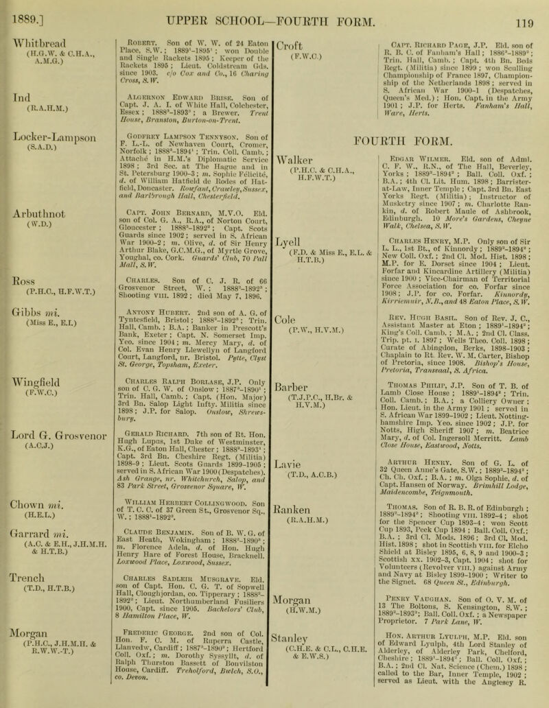 AVliitbroad (ii.a.w. * C.U.A., •V.M.G.) Tnd (R.A.H.M.) RonEtlT. 8on of W. \V. of 21 Eaton nroff- riace. S.W.; 1889'-1H1)5'; woiiDonhle ‘ „ and Single Rackets 1895; ICeepei-of the (I'.n.O.) Rackets 1896 ; Lieut. Coldstream Ods. since 191)3. cjo Cox and Co., 1C Chariny Cro.is, S. ]y. AisinuNON Enw.Mii) Buisn. Son of Capt. .1. A. I. of White Mall, Oolehcstcr, Esse.x : 18a8’-1893; a Brewer. Treitl Uouae, Hranslon, Uurton-on-Trent. I Oapt. Riciiaui) Paoe, .I.P. Eld. son of ‘ R. B. C. of Panham’s Hull; 188rp-1889“; Trill. Hall, Canili. ; Cajit. 4tii Bn. Beds ^ Rcgt. (.Militia) since 1899; won Sculling Ohainpionship of Erance 1897, Champion- ship of the Netherlands 1898 ; served in S. African War 19U0-1 (Despatches, (jiieen’s Med.) ; lion. Capt. in the Army 1901 ; J.P. for Herts, t'ankam's Hall, I llVire, Herts. Locker-La iiipson (S.A.D.) Arbiil bnot (W.D.) Ros.s (P.H.O., U.F.W.T.) Gibbs mi. (Miss E., E.I.) Wingfield (F.W'.C.) Lord G. Grosvenor (A.O.J.) Ciiown mi. (H.E.L.) Garrard mi. (A.C. & E.H., J.n.M.H. & H.T.B.) Trench (T.D., H.T.B.) Morgan (P.H.C., J.H.il.n. & R.W.\V.-T.) Godi.-rey Lampson Tknnyso.v. Son of F. L.-L. of Newhnven Court, Cromer, Norfolk ; 1888’-1891‘; Trim Coll. Camh.; Attache in H.M.’s Diplomatic Service 1898 ; 3rd Sec. at The Hague and in St. Petersburg 1900-3 ; m. Sophie FelicitC, (/. of William Hatfield de Bodes of Hat- field, Doncaster. lioicfant, Crawletj.Hnssex, and Itarlbronyli Hall, Chesterjield. Capt. John BmiNAUn, M.V.O. Eld. son of Col. G. A., R.A., of Norton Court, Gloucester ; 1888'''-1892“; Capt. Scots Guards since 1902; served in S. African WWr 1900-2 : m. Olive, d. of Sir Henry Arthur Blake, G.C.M.G., of Myrtle Grove, Youghal, CO. Cork. Iluards’ Club, 70 Hall Mall, S. W. CHARt.KS. Son of C. J. R. of 66 Grosvenor Street, W. ; 1888“-1892’ ; Shooting VIII. 1892 ; died May 7, 1896. FOURTH FORM. Walker (P.H.C. .fe C.H.A., H.F.W.T.) Edoar Wilmer. Eld. son of AdmI. C. 1'’. W., R.N., of The Hall, Beverley, Yorks ; ISSC’-ISOP ; Ball. Coll. Oxf. ; B.A.; 4th Cl. Lit. Hum. 1898 ; Barrister- at-Law', Inner Temple ; Capt. 3rd Bn. East Yorks Regt. (Militia) ; Instructor of Musketry since 1907 ; m. Charlotte Ran- kin, d. of Robert Maule of Asblirook, Edinhurgh. 10 More’s Cardens, C/ieyne IValk, Chelsea, & I)'. Lyell (F.D. & Miss E., E.L. & H.T.B.) Charles Henry, M.P. Only son of Sir L. L., 1st Bt., of Kinnordy ; IfiSO^-lsgi; New Coll. Oxf. : 2nd Cl. Mod. Hist. 1898 ; M. P. for E. Dorset since 1904 ; Lieut. Forfar and Kincardine Artillery (Militia) since 1900 ; Vice-Chairman of Territorial Force Association for co. Forfar since 1908; J.P. for co. Forfar. Kinnordy, Kirriem uir. A'. /!., and 48 Katon 1‘lace, S. IK. Antony Hubert. 2nd son of A. G. of Tynte.sfield, Bristol: 1888“-1892’; Trim Colo Hall, Camh,; B.A.; Banker in Prescott’s rp (v H V M ) Bank, Exeter: Capt. N. Somerset Imp. ^ ’ ’’ ■ Yeo. since 1904; m. Mercy Mary, d. of Col. Evan Henry Llewellyn of Langford Court, Langford, nr. Bristol. Pylte, Clyst St. George, Topsham, Exeter. Rev. Hugh Basil. Son of Rev. J. C., Assistant Master at Eton ; 1889‘-1894“; King’s Coll. Camh. ; M.A. ; 2nd Cl. Class. Trip. pt. I. 1897 ; Wells Theo. Coll. 1898; Curate of Abingdon, Berks, 1898-1903 ; Chaplain to Rt. Rev. W. JI. Carter, Bishop of Pretoria, since 1908. Bishop’s House, Pretoria, Transvaal, B. Africa. Charles Ralph Borlase, J.P. Only son of C. G. W. of Onslow ; 1887’‘-1890‘ ; Trim Hall, Camh. ; Capt. (Hoii. Major) 3rd Bn. Salop Light Infty. Militia since 1898; J.P. for Salop. Onslow, Shrews- bury. Gerald Richard. 7th son of Rt. Hon. Hugh Lupus, 1st Duke of Westminster, K.G., of Eaton Hall, Chester; 1888“-1893‘ ; Capt. 3rd Bn. Cheshire Regt. (Militia) 1898-9 : Lieut. Scots Guards 1899-1905 ; served in S. African War 1900 (Despatches). Ash Grange, nr. Whitchurch, Salop, and 83 Pari Street, Grosvenor Sfjuare, W. WiLLiAii Herbert Collingivood. Son of T, C. C. of 37 Green St., Grosvenor Sq., 4V.: 1888'-1892A Claude Benjamin. Son of B. W. G. of East Heatli, Wokingham; 1888’‘-1S90’‘; m. Florence Adela, d. of Hon. Hugh Henry Hare of Forest House, Bracknell. Boxwood Place, Boxwood, Sussex. Charles Sadleir Musgrave. Eld. .son of Capt. Hon. C. G. T. of Sopwell Hall, Cloughjordau, co. Tipperary ; 1888=- 1892=; Lieut. Northumberland Fusiliers 1900, Capt. since 1905. Bachelors’ Club, 8 Hamilton Place, W. Frederic George. 2nd son of Col. Hon. F. C. M. of Ruperra Castle, Llanveilw. Cardin': 1887''’-1890=; Hertford Coll. Oxf.; m. Dorothy Syssyllt, d. of Ralph Thurston Bassett of Bonvilston House, Cardiff. Trehoiford, Bwlch, S.U., CO. Devon. Barber (T.J.P.C., H.Br. & H.V.M.) Lavie (T.D., A.C.B.) Eanken (R.A.H.M.) Morgan (H.W.M.) Stanley (C.H.E. & C.L., C.H.E. & E.W’.S.) Thomas Philip, J.P. Son of T. B. of Lamb Close House ; 1889'-1894= ; Trim Coll. Camb.: B.A. ; a Colliery Owner ; Hon. Lieut, in the Army 1901 ; served in S. African War 1899-1902 ; Lieut. Notting- hamshire Imp. Yeo. since 1902 ; J.P. for Notts, High Sheriff 1907 ; m. Beatrice j Mary, d. of Col. Ingersoll Jlerritt. Ixtmb Close House, Eastwood, Notts. j Arthur Henry. Son of G. L. of 32 t)ueen Anne’s Gate, S.W.; 1889=-1894=; I Ch. Ch. Oxf.; B.A. ; m. Olga Sophie, d. of Capt. Hansen of Norway. Brimhill Bodge, Maidencombe, Teignmouth. Thomas. Son of R. B. R. of Edinburgh ; 1889=-1894=; Shooting Vlii. 1892-4 ; shot for the Spencer Cup 1893-4: won Scott Cup 1893, Peek Cup 1894 ; Ball. Coll. Oxf.; B. A. ; 3rd Cl. Mods. 1896 ; 3rd Cl. Mod. I Hist. 1898 : shot in Scottish viii. for Elcho Shield at Bisley 1895, 6, 8, 9 and 1900-3 ; j Scottish XX. 1902-3, Capt. 1904 ; shot for Volunteers (Revolver viii.) against Army and Navy at Bisley 1899-1900 ; Writer to the Signet. 68 Queen St., Edinburgh. Penry Vaughan. Son of O. V. M. of 13 The Boltons, S. Kensington, S.W. ; 1889-1893=: Ball. Coll. Oxf. ; a Newspaper I’roprietor. 7 Pari Bane, IF. Hon. Arthur Lyulph, M.P. Eld. son of Edward Lyulph, 4th Lord Stanley of Alderley, of Alderley Park, Chelford, Cheshire; ia89'-1894=; Ball. Coll. Oxf.; B.A.; 2nd Cl. Nat. Science (Chem.) 1898 ; called to the Bar, Inner Temple, 1902 ; served as Lieut, with the Anglesey R.